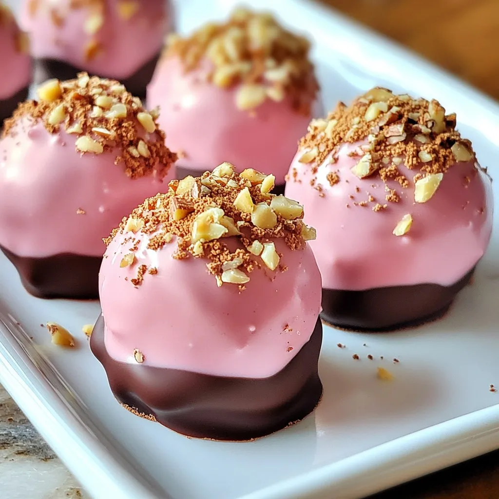 To make these tasty chocolate covered strawberry truffles, gather these items: - 1 cup fresh strawberries, hulled and pureed - 8 oz cream cheese, softened - 1 cup powdered sugar - 1 teaspoon vanilla extract - 1 cup semi-sweet chocolate chips (for coating) - 2 tablespoons coconut oil You can make your truffles even more fun with these toppings: - Crushed nuts - Colorful sprinkles Here’s what you need to make these truffles: - Mixing bowl - Spoon or small scoop - Parchment paper - Microwave-safe bowl - Microwave for melting chocolate - Refrigerator for chilling truffles These simple ingredients and tools will help you make delicious treats. Enjoy! {{ingredient_image_1}} First, grab a mixing bowl. Add 1 cup of fresh strawberry puree. Next, add 8 ounces of softened cream cheese. Then, pour in 1 cup of powdered sugar. Finally, add 1 teaspoon of vanilla extract. Mix everything together until it’s smooth. You want a creamy texture with no lumps. Now it’s time to shape the truffles. Take a spoon or a small scoop. Portion out the mixture. Roll it into small balls, about 1 inch in size. Place these on a parchment-lined baking sheet. This keeps them from sticking. Once you shape all the truffles, refrigerate them for 30 minutes. This helps them firm up. While the truffles chill, prepare the chocolate coating. In a microwave-safe bowl, add 1 cup of semi-sweet chocolate chips. Mix in 2 tablespoons of coconut oil. This makes the chocolate smooth. Microwave in 30-second bursts. Stir after each interval until melted and smooth. Once ready, take the truffles out of the fridge. Dip each one into the melted chocolate. Let the extra chocolate drip off. Place them back on the parchment paper. If you want, add crushed nuts or sprinkles on top. After this, refrigerate the truffles for another 30 minutes. This sets the chocolate coating. Enjoy your tasty treat! To get the best texture for your truffles, start with fresh strawberries. I like to puree them until smooth. Then, mix the puree with softened cream cheese. Make sure it blends well. This step gives the truffles a creamy center. Use powdered sugar to add sweetness and help with consistency. If the mix feels too soft, chill it longer before shaping. Melting chocolate can be tricky. I prefer using a microwave. Combine semi-sweet chocolate chips and coconut oil in a bowl. Heat in 30-second bursts, stirring each time. This keeps the chocolate smooth and shiny. Dip each truffle quickly to avoid melting it. Let excess chocolate drip off before placing them back. This helps keep the coating neat and even. Presentation makes a big difference. Arrange your truffles on a pretty plate or in a decorative box. Drizzling extra melted chocolate on top adds flair. You can also sprinkle crushed nuts or colorful sprinkles for a pop. This makes your truffles look fancy and inviting. They will impress anyone who sees them! Pro Tips Chill Your Ingredients: For a smoother truffle mixture, ensure your cream cheese is at room temperature and the strawberry puree is chilled before mixing. Use Quality Chocolate: Opt for high-quality semi-sweet chocolate for coating; it makes a noticeable difference in flavor and texture. Let the Chocolate Set: After dipping, allow the truffles to set in the refrigerator for a firmer chocolate coating that holds its shape better. Experiment with Flavors: Try adding a splash of liqueur or a pinch of sea salt to the truffle mixture for an exciting flavor twist. {{image_2}} You can mix things up with different flavors. Try adding a splash of almond extract or orange zest to the base. These simple changes can give your truffles a fun twist. You can also blend in other fruit purees, like raspberry or mango, for a burst of flavor. Each option makes your truffles unique and tasty. While the classic chocolate coating is great, you can get creative. Consider using white chocolate for a sweet contrast. You can also coat your truffles in crushed graham crackers or cocoa powder. These options add texture and flavor. For a fun surprise, try rolling them in shredded coconut or chopped nuts. This gives extra crunch and a pop of color. If you need to cater to special diets, it's easy to adapt. Use dairy-free cream cheese and chocolate for a vegan treat. You can also swap in natural sweeteners like maple syrup or agave for a healthier option. This way, everyone can enjoy these delicious truffles without worry. Make sure to check labels for allergens to keep it safe for all. To keep your chocolate covered strawberry truffles fresh, store them in the fridge. Use an airtight container to avoid moisture and odors. Line the bottom of the container with parchment paper. This helps prevent sticking. You can also separate layers with parchment to keep them safe. These truffles last about one week in the fridge. After a week, they might lose their taste and texture. If you want to keep them longer, you can freeze them. Frozen truffles can last for up to three months. Just make sure to put them in a freezer-safe container. If your truffles lose their charm, you can refresh them. Take them out of the fridge and let them sit at room temperature for a few minutes. This helps the chocolate soften slightly. If needed, you can also recoat them with melted chocolate for a fresh look. Just remember to chill them again to set the new coat. To make chocolate covered strawberry truffles, you will need fresh strawberries. Start by pureeing one cup of hulled strawberries. Mix the puree with eight ounces of softened cream cheese, one cup of powdered sugar, and one teaspoon of vanilla extract. Stir until smooth. Next, use a spoon or scoop to form small balls from the mixture, about one inch wide. Place these on a parchment-lined baking sheet. Chill the truffles in the fridge for about 30 minutes until firm. For the chocolate coating, melt one cup of semi-sweet chocolate chips with two tablespoons of coconut oil in the microwave. Dip each chilled truffle into the melted chocolate, letting any excess drip off. Return them to the parchment and, if you like, add crushed nuts or sprinkles. Chill again for at least 30 minutes to set the chocolate. Yes, you can use different types of chocolate for your truffles. While semi-sweet chocolate gives a nice balance, you can try milk chocolate for a sweeter taste or dark chocolate for a richer flavor. White chocolate is another option, and it adds a creamy touch. Just make sure to match the chocolate with your taste. The melting process stays the same for all chocolate types. You may want to adjust the amount of coconut oil based on the chocolate you choose, as some may need more for a smooth coating. You can find pre-made truffles at many grocery stores or specialty shops. Look in the candy aisle or the bakery section. For ingredients, most grocery stores carry everything you need. Fresh strawberries are usually found in the produce section. You can also buy cream cheese, powdered sugar, and chocolate chips there. If you prefer online shopping, many sites offer all these ingredients. Just ensure they have good reviews for quality products. You learned how to make chocolate truffles step-by-step. We covered ingredients, mixing, and shaping. I shared tips for texture, coatings, and presentation. You also explored fun variations, storage advice, and answered common questions. Get ready to impress with your tasty truffles. Enjoy every bite and share with friends!