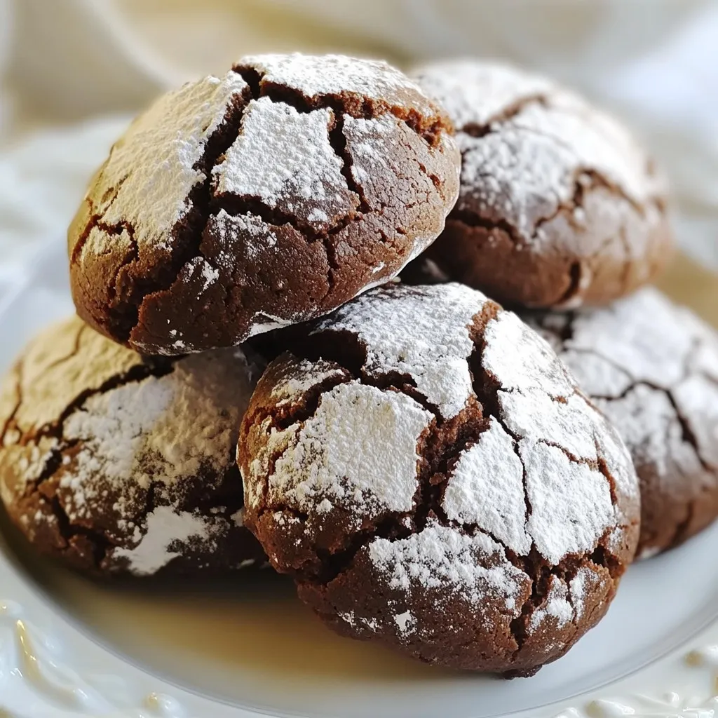 - 1 cup granulated sugar - 1/2 cup light brown sugar, packed - 1/2 cup vegetable oil - 2 large eggs - 2 teaspoons vanilla extract - 1 cup all-purpose flour - 1/3 cup unsweetened cocoa powder - 1 teaspoon baking powder - 1/2 teaspoon salt - 1/2 cup powdered sugar (for dusting) Granulated sugar adds sweetness and helps the cookies rise. Light brown sugar gives a soft texture and rich flavor. Vegetable oil keeps the dough moist. Eggs bind the ingredients and add richness. Vanilla extract enhances the overall taste. All-purpose flour gives the cookies structure, while cocoa powder provides the chocolatey flavor. Baking powder helps them puff up, and salt balances the sweetness. Finally, powdered sugar creates the signature crinkle effect. You can swap granulated sugar for coconut sugar for a lower glycemic option. Use melted coconut oil instead of vegetable oil for a different flavor. If you want to avoid eggs, try using unsweetened applesauce or flaxseed meal mixed with water. Gluten-free flour works well if you need a gluten-free version. You can use Dutch-processed cocoa powder for a deeper chocolate flavor, but adjust the baking powder since it may react differently. {{ingredient_image_1}} First, preheat your oven to 350°F (175°C). Line a baking sheet with parchment paper. In a large bowl, mix 1 cup of granulated sugar, 1/2 cup of brown sugar, and 1/2 cup of vegetable oil. Stir well until it looks smooth. Next, crack in 2 large eggs. Add them one at a time, mixing after each egg. Pour in 2 teaspoons of vanilla extract and stir. In another bowl, sift 1 cup of flour, 1/3 cup of cocoa powder, 1 teaspoon of baking powder, and 1/2 teaspoon of salt. Slowly add this dry mix to the wet mix. Stir until just combined, but don’t overmix. Cover the dough with plastic wrap. Place it in the fridge for about 30 minutes. This step makes the dough easier to handle. After chilling, scoop out about 1 tablespoon of dough. Roll it into a ball with your hands. After rolling the dough into balls, coat each ball in powdered sugar. Make sure to cover them well. This sugar creates the crinkle effect when baked. Place the dough balls on your prepared baking sheet, leaving about 2 inches between each one. Bake them for 10-12 minutes. The edges should look set, but the centers can still be soft. Once baked, let the cookies cool on the baking sheet for 5 minutes. After that, transfer them to a wire rack to cool completely. Enjoy your delightful treats! To make your cookies soft and chewy, focus on mixing. Mix wet ingredients until smooth, but don’t overmix when adding the dry ones. This helps keep the dough light. Chilling the dough is key too. It firms up the dough and creates a better shape. One common mistake is skipping the chilling step. Chilling the dough stops the cookies from spreading too much. Another error is overbaking them. Remove the cookies when the edges are set but the centers look soft. They will firm up as they cool. You can boost the flavor by using high-quality cocoa powder. Adding a pinch of espresso powder can enhance the chocolate taste. A splash of almond extract can also add a nice twist. Experimenting with these flavors makes your cookies unique and fun! Pro Tips Chill the Dough: Refrigerating the dough for at least 30 minutes not only helps in rolling the cookies easily but also enhances the texture and flavor. Use Quality Cocoa: Opt for high-quality unsweetened cocoa powder for a richer chocolate flavor in your cookies. Don’t Overbake: Keep an eye on the cookies as they bake; they should be soft in the center when you take them out to ensure a chewy texture. Experiment with Add-Ins: Feel free to mix in chocolate chips, nuts, or dried fruit for added texture and flavor variations. {{image_2}} You can add fun treats to your cookies! Try mixing in chocolate chips or nuts. About half a cup of each works well. Chopped walnuts or pecans add a nice crunch. You can also use mint chips for a refreshing twist. This will give your cookies a new taste with every bite. Want to make these cookies gluten-free? Swap the all-purpose flour for a gluten-free blend. Look for certified gluten-free options to avoid any cross-contamination. For a vegan version, use flax eggs instead of regular eggs. Mix one tablespoon of ground flaxseed with three tablespoons of water. Let it sit for a few minutes until it thickens. You can also use a plant-based oil. Get creative with flavors! Add a few drops of mint extract for a cool taste. You can also use orange zest for a bright and zesty cookie. Just one tablespoon adds a lovely citrus note. Experiment with almond extract for a unique flavor. Each twist can turn your classic cookies into something special! To keep your chocolate crinkle cookies fresh, store them in an airtight container. Layer parchment paper between cookies to prevent sticking. This method helps to maintain their soft texture. Keep them at room temperature for best results. If you have a lot of cookies, consider dividing them into smaller containers. Freezing your cookies is easy! First, let them cool completely. Then, place them in a single layer on a baking sheet. Freeze until solid, then transfer them to a freezer-safe bag. Make sure to remove as much air as possible. They can stay fresh for up to three months. When you're ready to eat, thaw them at room temperature. Chocolate crinkle cookies last about a week at room temperature. To extend their life, keep them in the fridge; they can last up to two weeks there. If you notice any change in texture or smell, it's best to discard them. Keeping track of the date baked can help you enjoy them at their best. Chocolate crinkle cookies get their crinkle from the powdered sugar coating. When you roll the dough balls in powdered sugar, it creates a thick layer. As the cookies bake, the sugar melts and the cookie expands. This causes the top to crack, forming those beautiful crinkles. The contrast of dark chocolate and white sugar makes them look amazing! Yes, you can use substitutes like carob powder or Dutch-processed cocoa. These options can change the flavor slightly. Carob is sweeter, while Dutch cocoa has a milder taste. Make sure to use the same amount as the recipe calls for. If you try a new powder, taste your dough to see if it suits your needs. To make chewy cookies, you can tweak a few things. Use less flour, about ¾ cup instead of 1 cup. Also, add an extra egg yolk, which adds moisture. Mixing the dough just until combined helps too. Avoid overmixing, as that can make the texture more cake-like. Chocolate crinkle cookies stay fresh for about one week at room temperature. Store them in an airtight container to keep them soft. If you want them to last longer, you can freeze them. They will stay good in the freezer for up to three months. Just thaw them at room temperature before enjoying! In this post, we covered the important ingredients and cooking steps for making chocolate crinkle cookies. We learned how to prepare the dough, chill it, and bake it for the best results. I shared tips to avoid common mistakes and enhance the cookies' flavor. You can also try fun variations or store them properly. Now, you have all the tools to bake great cookies. Enjoy the process and share them with friends!