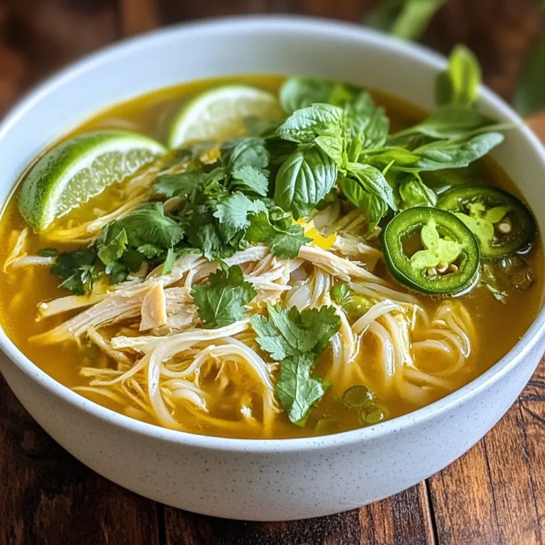 - 1 lb chicken breasts, boneless and skinless - 6 cups low-sodium chicken broth - 1 onion, quartered - 3-4 pieces of star anise - 3-4 cloves - 1 cinnamon stick - 1 tablespoon ginger, sliced - 2 tablespoons fish sauce - 1 tablespoon sugar - 1 teaspoon salt - 8 oz rice noodles - Fresh herbs (basil, cilantro, mint) for garnish - Lime wedges, for serving - Sliced jalapeños, for serving (optional) - Bean sprouts, for serving (optional) When making Instant Pot chicken pho, each ingredient plays a key role. The chicken provides protein. The broth is the base, giving depth to the dish. Fresh herbs add bright flavors, while spices create warmth. Using low-sodium broth helps control salt levels. This way, you can adjust flavors to your taste. Fresh herbs are a must. They add aroma and taste that make pho special. Lime wedges brighten the soup and add a fresh zing. I find that garnishing with jalapeños and bean sprouts gives a nice crunch. You can add them if you like spice or texture. Each bite should feel balanced and flavorful. When you gather these ingredients, you're on your way to making a dish that warms the heart. {{ingredient_image_1}} To start, set your Instant Pot to sauté mode. Add the quartered onion and let it cook for about five minutes. You want to watch it closely. The goal is to caramelize the onion. This brings out its natural sweetness. Stir it occasionally to prevent burning. Caramelizing the onion adds a rich flavor to your pho. Next, add the chicken breasts, spices, and broth. Don’t forget to include the star anise, cloves, cinnamon stick, ginger, fish sauce, sugar, and salt. Give everything a good stir. Make sure all the ingredients mix well. Now, secure the lid on the Instant Pot. Set it to manual or pressure cook mode for 15 minutes. Ensure the valve is sealing to keep the steam inside. This step builds a deep, savory broth. After the timer goes off, let the pot naturally release pressure for 10 minutes. Then, carefully switch to a quick release to let out any remaining steam. Open the lid and take out the chicken. Shred it using two forks. This technique makes it easy to get perfectly shredded chicken. Return the shredded chicken to the pot. Now, add the rice noodles to the broth. Stir them in and set the pot back to sauté mode. Cook the noodles for about 4-5 minutes until they become tender. This method ensures they soak up all that delicious broth flavor. Once everything is ready, your Instant Pot Chicken Pho is set to serve! To make your Instant Pot chicken pho shine, consider adding a few simple tweaks: - Use fresh herbs: Fresh basil, cilantro, and mint elevate the dish. Add them just before serving for a burst of flavor. - Adjust the spices: If you love bold flavors, try adding more star anise or a pinch of cayenne pepper for heat. - Add lime juice: A squeeze of fresh lime juice brightens the soup and balances the flavors. Fresh herbs are vital for pho. They bring a bright taste that cuts through the richness of the broth. Without them, your dish may feel flat and lifeless. Always keep a handful of herbs on hand for garnishing. While making pho is fun, there are pitfalls to avoid: - Don’t overcrowd the pot: If you add too many ingredients, pressure cooking may fail. Stick to the recipe for best results. - Watch the pressure release: Always allow for a natural release before switching to quick release. This step keeps the broth clear and flavorful. Common mistakes include not sealing the lid properly or opening it too soon. Always ensure the valve is in the sealing position. This gives you the perfect broth and chicken every time. Pro Tips Marinate for Extra Flavor: For a deeper flavor, marinate the chicken in fish sauce and ginger for 30 minutes before cooking. Customize Your Herbs: Feel free to mix and match herbs based on what you have; cilantro, Thai basil, and mint all add unique flavors. Use Homemade Broth: If possible, use homemade chicken broth for a richer and more authentic taste. Adjust Spice Levels: Control the heat by adding more or fewer jalapeños according to your spice preference. {{image_2}} You can easily change the protein in your Instant Pot chicken pho. If you want to swap chicken for beef, use boneless chuck or brisket. These meats add a rich flavor. Cook them in the pot for about 20 minutes. Shred the beef just like the chicken. For a vegetarian or vegan option, try tofu or mushrooms. Use firm tofu and cut it into cubes. Sauté it briefly before adding the broth. Shiitake or portobello mushrooms also work well. They add depth and umami to the broth. Do you like a kick in your pho? Add fresh sliced jalapeños for heat. You can also stir in chili paste or sriracha. Adjust the amount based on your spice level. Want to mix it up? Try adding different herbs like Thai basil or green onions. You can also use hoisin sauce for a sweet twist. If you're out of fish sauce, soy sauce is a good alternative. It keeps the savory flavor intact while being plant-based. To keep your Instant Pot chicken pho fresh, use these tips: - Refrigeration Tips for Leftovers: Store leftover pho in an airtight container. Keep it in the fridge for up to three days. If you have broth and noodles mixed, the noodles may get mushy. It's best to store them separately. - Freezing Instructions for Pho: You can freeze pho for later. Place the broth and shredded chicken in freezer-safe bags. Be sure to leave some space for expansion. The noodles can also be frozen, but it's best to cook them fresh if you can. To enjoy your pho again, follow these methods: - Best Ways to Reheat Pho: The best way to reheat pho is on the stove. Pour the broth into a pot and heat until simmering. If using the microwave, heat in short bursts, stirring often. - Maintaining Flavor and Texture: To keep the flavor, avoid boiling the broth too long. When reheating noodles, add them to the broth for just a minute. This way, they stay soft and tasty. Add fresh herbs and lime right before serving to revive the dish. Pho is a Vietnamese soup that warms the soul. It has a rich broth, tender meat, and rice noodles. Pho is more than just food; it connects people. Families gather around bowls of pho. Street vendors serve it hot and fresh. The flavors come from spices like star anise and cloves. Each bowl tells a story of culture and tradition. Pho is often enjoyed with fresh herbs and lime. This dish is a staple in Vietnam and loved worldwide. Yes, you can use frozen chicken! Just make sure to thaw it first. The best way to thaw chicken is in the fridge overnight. If you're short on time, you can use the microwave. Set it to defrost and check often. For cooking, you may need to add a few extra minutes. Make sure the chicken reaches 165°F for safety. Using frozen chicken can still give you tasty pho. To make authentic pho broth, focus on the spices. Traditional methods simmer bones for hours, but the Instant Pot saves time. Use spices like star anise, cloves, and cinnamon. Sauté them first to release their flavors. Add your chicken broth, and let the pot work its magic. The Instant Pot infuses flavors quickly, which is great for busy cooks. While it may not be the same as the long simmer, you still get a delicious, aromatic broth. This blog post covered everything you need to make delicious pho at home. We explored the key ingredients like chicken, spices, and garnishes. You learned step-by-step instructions for cooking and flavoring the broth. I shared tips to enhance your dish, cooking precautions, and variations for different tastes. Lastly, we discussed storage solutions and reheating methods to keep your pho tasty. Now, with these insights, you're ready to create your perfect bowl of pho. Enjoy the process and savor each bite!