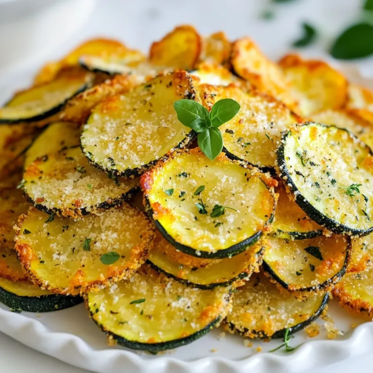 To make Garlic Parmesan Zucchini Chips, gather these ingredients: - 2 medium zucchinis, thinly sliced - 1/2 cup grated Parmesan cheese - 1 teaspoon garlic powder - 1/2 teaspoon onion powder - 1 teaspoon dried oregano - 1/2 teaspoon salt - 1/4 teaspoon black pepper - 1 tablespoon olive oil - Cooking spray (optional) These ingredients give the chips a crunchy and savory flavor. The Parmesan adds a rich taste, while garlic and spices bring out the best in zucchini. You can switch out some ingredients if needed. Use nutritional yeast instead of Parmesan for a vegan option. If you like heat, add cayenne pepper to the spice mix. You can also use any herbs you have on hand, like thyme or basil, instead of oregano. Each serving of these zucchini chips has about: - Calories: 120 - Protein: 6g - Carbohydrates: 5g - Fat: 9g - Fiber: 1g These chips are a great low-carb snack. They provide fiber and protein while being lower in calories than traditional chips. Enjoy them guilt-free! {{ingredient_image_1}} First, set your oven to 225°F (110°C). This low heat helps the zucchini chips get nice and crispy. Next, take a baking sheet and line it with parchment paper. The parchment paper makes cleanup a breeze and keeps the chips from sticking. In a large bowl, combine the following ingredients: - 1/2 cup grated Parmesan cheese - 1 teaspoon garlic powder - 1/2 teaspoon onion powder - 1 teaspoon dried oregano - 1/2 teaspoon salt - 1/4 teaspoon black pepper Mix these together well. This blend adds a burst of flavor to the chips. You want every bite to be tasty, so make sure it’s well combined. Now, take 2 medium zucchinis and slice them thinly. Add the slices to the bowl with the seasoning. Drizzle 1 tablespoon of olive oil over the zucchini. Toss them gently. You want each slice to be coated in oil and seasoning. After tossing, sprinkle the seasoning blend over the zucchini slices again. Toss them once more until each slice is completely covered. This will ensure that every chip gets that savory garlic and Parmesan flavor. Once coated, arrange the zucchini slices in a single layer on the lined baking sheet. Make sure they aren’t touching. This helps them become crispy as they bake. To get your zucchini chips nice and crispy, follow these steps. First, slice the zucchinis thinly. Aim for about 1/8 inch thick. Thinner slices help them crisp up better. Second, remove excess moisture. You can do this by salting the slices and letting them sit for 15 minutes. Pat them dry with paper towels before coating them. Lastly, lay the slices in a single layer on the baking sheet. If they overlap, they won't crisp well. Avoid these common mistakes for the best results. Do not skip the olive oil. It helps the seasoning stick and adds flavor. Also, don't rush the baking time. Low and slow is the key. Baking at 225°F for 2 to 3 hours is perfect. Keep an eye on them towards the end to prevent burning. Lastly, don’t skip the cooling step. Letting them cool for a few minutes enhances their crunch. Serve your garlic Parmesan zucchini chips with fun dips. Marinara sauce is a classic choice. A yogurt-based dip adds a nice twist, too. For a touch of flair, sprinkle extra Parmesan and fresh oregano on top before serving. Pair these chips with a fresh salad or a light soup for a complete meal. Enjoying them as a snack on their own is also a great option! Pro Tips Slice Evenly: Ensure all zucchini slices are cut to the same thickness for uniform cooking and crispiness. Use Fresh Cheese: Freshly grated Parmesan cheese will yield a better flavor and texture compared to pre-grated options. Monitor Baking Time: Keep a close eye on the chips during the last 30 minutes of baking to prevent burning. Store Properly: Store leftover chips in an airtight container to maintain their crispiness for longer. {{image_2}} To make your chips spicy, add some heat! Mix in 1 teaspoon of red pepper flakes with the seasoning blend. This will give your chips a nice kick. You can also add cayenne pepper for an extra boost. Adjust the amount based on your spice level. While Parmesan gives a great flavor, feel free to try other cheeses. Grated mozzarella will add a nice stretch and mild taste. You could also use aged cheddar for a sharper bite. Nutritional yeast is a great vegan option that adds cheesy flavor without dairy. Changing herbs can make a big difference. Instead of oregano, try thyme or basil for a fresh twist. You can also add smoked paprika for a smoky flavor. Experiment with garlic salt or lemon zest to brighten the taste. These small changes keep your chips exciting and new! To keep your leftover zucchini chips fresh, store them in an airtight container. This will help maintain their crunch. Place a paper towel inside the container. The towel absorbs any moisture. This keeps the chips crispy longer. You can also use a resealable plastic bag. Just make sure to squeeze out all the air before sealing. When you want to enjoy your leftover chips, reheating is easy. Preheat your oven to 350°F (175°C). Spread the chips on a baking sheet in a single layer. Heat them for about 5 to 10 minutes. This will bring back their crunch. Avoid using a microwave, as it can make them soggy. If you want to save your zucchini chips for later, freezing is a great option. First, let the chips cool completely. Then, lay them out in a single layer on a baking sheet. Freeze them for about 1 to 2 hours. Once frozen, transfer the chips to a freezer-safe bag. Remove as much air as possible before sealing. You can keep them in the freezer for up to three months. When ready to eat, just reheat from frozen using the oven method. Yes, you can use other veggies! Try eggplant, sweet potato, or carrots. Each vegetable gives a unique taste and texture. Slice them thin, just like zucchini. The key is to control the moisture so they get crispy. If you use a watery vegetable, like eggplant, salt it first. This helps pull out excess water before baking. You will know the chips are done when they are crispy and slightly golden. Keep an eye on them as they bake. Start checking around the 2-hour mark. If they look too soft, let them bake longer. You want them dry and crunchy, not burnt. Yes, you can make these in an air fryer! Preheat your air fryer to 350°F (175°C). Place the zucchini slices in a single layer in the basket. Cook for about 10 to 15 minutes, shaking the basket halfway. This method gives you a quick and crispy snack with less oil. In this blog post, I shared an easy way to make tasty zucchini chips. We covered all the key ingredients, substitutions, and nutrition facts. I provided step-by-step instructions, along with tips for the best results. You saw exciting variations and learned how to store your leftovers. Remember, you can use other veggies, and an air fryer works too! Enjoy your crispy snacks and have fun experimenting with flavors. Zucchini chips are not just good; they are good for you!