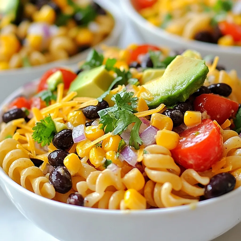 - 2 cups rotini pasta - 1 can (15 oz) black beans, rinsed and drained - 1 cup corn kernels (fresh, frozen, or canned) - 1 red bell pepper, diced - 1 small red onion, finely chopped - 1 cup cherry tomatoes, halved - 1 avocado, diced - 1/2 cup cilantro, chopped - 1 cup cheddar cheese, shredded - 1/4 cup olive oil - 3 tablespoons lime juice - 1 tablespoon taco seasoning - Salt and pepper to taste - Optional: sliced jalapeños for extra heat Gathering your ingredients is the first step. Start with the rotini pasta. It is fun to cook and adds great texture. You will need a can of black beans. Rinse and drain them well. Next, grab a cup of corn. You can use fresh, frozen, or canned corn. For color, you need a red bell pepper. Dice it into small pieces. A small red onion adds a nice crunch and flavor when finely chopped. Cherry tomatoes are sweet and juicy. Halve them for the salad. Don’t forget the avocado! Dice it carefully to keep it whole. Fresh cilantro adds a nice herbal taste. You will want about half a cup. For creaminess, add shredded cheddar cheese. Now, for the dressing. Use a quarter cup of olive oil. Lime juice adds a zesty kick; you will need three tablespoons. Taco seasoning gives that fiesta flavor, so use one tablespoon. Finally, season with salt and pepper to taste. If you like heat, add sliced jalapeños. They are optional but tasty! Once you have all these ingredients, you are set to make a vibrant and delicious salad. {{ingredient_image_1}} First, cook the rotini pasta. Bring a large pot of salted water to a boil. Add the rotini and cook it for about 8 to 10 minutes. Check the package for exact time. You want it al dente, which means firm but not hard. Once the pasta is done, drain it in a colander. Rinse it under cold water. This cools the pasta quickly and stops cooking. It also helps keep it from sticking together. Grab a large mixing bowl. Add the cooled pasta, black beans, corn, red bell pepper, red onion, cherry tomatoes, avocado, and cilantro. Make sure to measure each ingredient. For the vegetables, chop them into small, even pieces. This helps all flavors blend well. When combining, gently mix everything. You want to coat the pasta and veggies without mashing the avocado. A soft touch makes the salad look nice. For the dressing, use a small bowl. Whisk together the olive oil, lime juice, taco seasoning, salt, and pepper. Whisk until it is well mixed. This will enhance the flavor of your salad. If you want to change the taco seasoning, you can try using cumin or chili powder. Both add a nice kick. You can even make your own mix with paprika, garlic powder, and onion powder for a unique taste. To boost the flavor of your Fiesta Taco Pasta Salad, add spices. You can use cumin or chili powder for warmth. A pinch of paprika can give it a nice twist too. Don’t forget salt and pepper to taste! Letting the salad rest is key. After mixing, chill it in the fridge for 30 minutes. This time lets the flavors blend well. The salad will taste even better when served cold. When serving, use colorful bowls. Bright bowls make the salad pop! Add a sprinkle of extra cilantro on top for a fresh look. Lime wedges can add a nice touch too. For the best display, serve in clear glass dishes. This lets the vibrant colors shine through. Guests will love the look and the taste! Prep your ingredients ahead of time. Chop the veggies and store them in the fridge. This makes assembly quick when you’re ready to serve. Using canned or frozen options can save time too. Canned black beans and frozen corn are great choices. They are easy to use and still taste great. Pro Tips Cook Pasta Al Dente: For the best texture, cook the rotini pasta al dente. This will keep it firm and prevent it from becoming mushy when mixed with the other ingredients. Chill Before Serving: Allow the salad to chill in the fridge for at least 30 minutes before serving. This rest time lets the flavors meld beautifully. Customize Your Veggies: Feel free to mix and match vegetables based on your preference. Substitutions like diced cucumbers or shredded carrots can add extra crunch and color. Make It Ahead: This salad is perfect for meal prep! You can make it a day in advance, just leave out the avocado until right before serving to keep it fresh. {{image_2}} You can easily adapt this salad for different diets. If you're vegetarian, simply skip the cheese or use a plant-based version. For vegan options, swap out the cheddar cheese for a vegan alternative. You can also use tofu or chickpeas for extra protein. If you are gluten-free, choose gluten-free pasta. Look for pasta made from rice or corn to enjoy the same great taste. Don't hesitate to get creative with the ingredients. You can use other legumes, like kidney beans or pinto beans, instead of black beans. If you want more crunch, add diced cucumbers or peppers. For cheese, try feta or queso fresco for a different flavor. You can also top your salad with crunchy tortilla strips or nuts for added texture. Add more flavor by including proteins like grilled chicken or shrimp. Simply cook them ahead of time and mix them into the salad. You can also switch up the dressing. Try a ranch or a spicy chipotle dressing for a new twist. Adding fresh herbs like basil or dill can also enhance the taste. Choose what excites your palate and enjoy! To keep your Fiesta Taco Pasta Salad fresh, use airtight containers. Glass containers work well because they do not stain or absorb smells. Plastic containers are also fine. Make sure the container fits snugly to reduce air exposure. Store your salad in the fridge. It will stay good for about 3 to 5 days. Pasta salad is best served cold, but you can warm it if you prefer. If you want to reheat, use the microwave. Heat it in short bursts, stirring in between. This helps keep the pasta from getting too mushy. If you choose the stovetop, use low heat. Stir gently to keep the salad fresh and tasty. You can freeze Fiesta Taco Pasta Salad, but some ingredients may change texture. To freeze, pack the salad in an airtight container. Leave some space for expansion. When you want to eat it, thaw it in the fridge overnight. Avoid refreezing after thawing. For best results, eat it within a month to keep the flavor fresh. You can use several pasta types if you lack rotini. Here are some good options: - Penne - Fusilli - Farfalle - Macaroni These types will hold the dressing well. They also mix nicely with the other ingredients. Choose a pasta that you enjoy. You can store Fiesta Taco Pasta Salad in the fridge for up to three days. Make sure to keep it in an airtight container. This helps maintain freshness and flavor. If you see any signs of spoilage, it’s best to throw it out. Yes, you can definitely make this salad ahead of time. Here are some tips to keep it fresh: - Prepare the salad a day before serving. - Add the avocado and cheese just before serving to avoid browning. - Let the salad sit in the fridge for at least 30 minutes before serving. This allows the flavors to mix well. These steps enhance the taste and make meal prep easier! This blog post covers the delicious Fiesta Taco Pasta Salad. We explored key ingredients, like rotini and black beans, and easy steps for preparation. I shared tips for boosting flavor and presented variations for dietary needs. You learned how to store leftovers safely and even answered common questions. In conclusion, making this salad is simple and fun. With a few fresh ingredients, you can create a dish that impresses everyone. Enjoy mixing and matching flavors to make it your own!