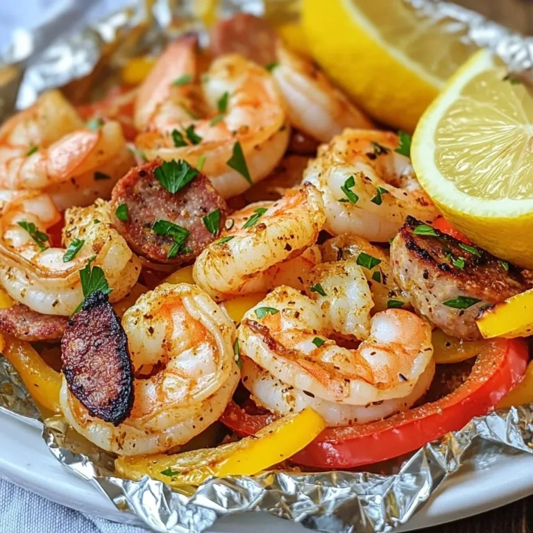 To make Cajun Shrimp & Sausage Foil Packets, you will need fresh and tasty ingredients. Here’s what to gather: - 1 lb large shrimp, peeled and deveined - 1 lb smoked sausage, sliced - 1 red bell pepper, diced - 1 green bell pepper, diced - 1 small red onion, chopped - 3 cloves garlic, minced For seasoning and oil, you will need: - 2 tablespoons Cajun seasoning - 2 tablespoons olive oil - Salt and pepper to taste For garnishes and serving, consider: - Fresh parsley, chopped for garnish - Lemon wedges for serving These ingredients combine to create a bold and flavorful dish. The shrimp and sausage bring a hearty base, while the bell peppers and onion add sweetness and crunch. The garlic and Cajun seasoning give it that signature kick. Don't forget the lemon! It brightens the flavors and adds a zesty finish. Enjoy crafting this meal; it's sure to impress your friends and family! {{ingredient_image_1}} Start by gathering all your ingredients. You will need 1 pound of large shrimp and 1 pound of smoked sausage. Peel and devein the shrimp if needed. Slice the sausage into rounds. Next, chop 1 red bell pepper, 1 green bell pepper, and 1 small red onion. Mince 3 cloves of garlic for that extra flavor. In a large bowl, mix the shrimp, sausage, diced peppers, chopped onion, and minced garlic. Drizzle 2 tablespoons of olive oil over this mixture. Then, add 2 tablespoons of Cajun seasoning, along with salt and pepper to taste. Toss everything together until all the ingredients are well coated. This step ensures that every bite is full of flavor. Now that your mixture is ready, it’s time to prepare the foil packets. Cut four large pieces of aluminum foil, each about 12x18 inches. Grab a piece of foil and place an equal amount of the shrimp and sausage mixture in the center. Fold the sides of the foil over the mixture. Then, roll the ends tightly to seal the packets. Make sure there are no gaps. This prevents any juices from leaking out while cooking. Proper sealing is key to keep all those delicious flavors inside. You can cook these foil packets in two ways: grilling or baking. Preheat your grill or oven to 400°F (200°C). For grilling, place the sealed packets directly on the grill. Cook them for about 15-20 minutes. If you choose to bake, place the packets on a baking sheet in the oven. The cooking time remains the same. After cooking, carefully open the packets. Watch out for steam! Finally, garnish with fresh parsley and serve with lemon wedges. The lemon adds a nice zest that brightens the dish. Enjoy your tasty Cajun shrimp and sausage foil packets! To boost the flavor of your Cajun shrimp and sausage foil packets, use fresh spices. Fresh herbs like thyme and oregano add depth. You can mix in some paprika for a smoky touch. If you crave more heat, add cayenne pepper. Taste as you go to find the right balance. Cooking time can change based on shrimp size and sausage type. For large shrimp, 15-20 minutes works well. If you use smaller shrimp, check for doneness at 12 minutes. If your sausage is raw, add a few extra minutes. Always ensure shrimp are pink and opaque. Serving is half the fun! Place the foil packets on a plate. Let your guests open them at the table. This adds a surprise element and fills the air with aroma. Garnish with fresh parsley for a pop of color. Add lemon wedges for a zesty touch. Pro Tips Use Fresh Ingredients: Fresh shrimp and vibrant vegetables will enhance the flavor and texture of your dish. Avoid frozen shrimp if possible for the best results. Customize the Spice Level: If you prefer a milder dish, reduce the amount of Cajun seasoning or use a mild version. You can also add more to spice it up! Seal the Packets Tightly: Ensure that the foil packets are sealed well to keep the moisture in. This will result in succulent shrimp and juicy sausage. Experiment with Vegetables: Feel free to add other vegetables like zucchini, corn, or asparagus for added flavor and nutrition. Just ensure they cook in the same time frame as the shrimp. {{image_2}} You can swap shrimp for other seafood. Try scallops or crab for a twist. They bring a sweet taste. You can also use fish like salmon or tilapia. Just cut them into bite-sized pieces. Cooking times may change slightly, so check them closely. The goal is to have everything cook evenly. Want more veggies in your packets? Add zucchini or corn for extra texture. Broccoli or asparagus work well too. You can even toss in some baby potatoes. Just cut them small so they cook fast. Mix and match to your taste. The more colors, the more fun! To make this dish gluten-free, check the sausage label. Some brands add gluten. For a low-carb meal, skip the sausage or use turkey sausage. You can also use cauliflower instead of potatoes. This keeps the dish light but still tasty. Always read labels to ensure all ingredients fit your diet. To keep your Cajun shrimp and sausage foil packets fresh, store them in an airtight container. Let the packets cool completely before sealing. Place them in the fridge for up to three days. This helps lock in flavors and keeps the shrimp tender. When you're ready to enjoy the leftovers, reheat them properly. Use the oven or a skillet for best results. Preheat your oven to 350°F (175°C). Place the foil packet on a baking sheet and heat for about 10-15 minutes. If using a skillet, add a splash of water and cover to steam. This keeps the shrimp juicy. Yes, you can freeze Cajun shrimp and sausage foil packets! Wrap each packet tightly in plastic wrap, then place them in a freezer bag. They last for up to three months. When ready to cook, thaw in the fridge overnight and follow the reheating tips above. This way, you have a quick meal ready to go! Yes, you can use frozen shrimp. Just make sure to thaw them first. Place the shrimp in the fridge overnight or run them under cold water. This helps them cook evenly. If you add frozen shrimp directly, they may not cook well. Cajun seasoning is a blend of spices. Common ingredients include paprika, cayenne pepper, garlic powder, and onion powder. Some mixes add herbs like oregano or thyme. You can buy it pre-made or mix your own. This blend adds bold flavors to your dish. You can adjust the spice level to suit your taste. If you like it hot, add more cayenne pepper. For milder heat, use less Cajun seasoning. You can also add ingredients like diced jalapeños for extra kick. Taste as you go to find your perfect flavor! Cajun Shrimp & Sausage Foil Packets are tasty and easy. We covered fresh ingredients, seasoning, and assembly. I shared cooking methods and important tips for flavor. You can even try variations with seafood or veggies. Proper storage helps keep leftovers fresh, and reheating is simple. By following these steps, you can enjoy a fun meal for any occasion. Now, it's your turn to create and enjoy this dish your way!