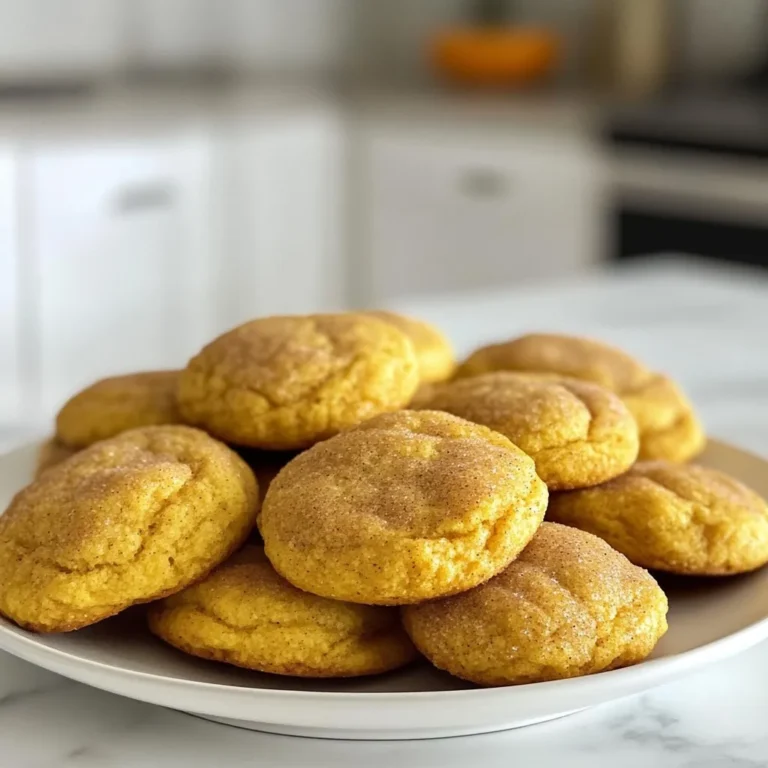 To make these tasty cookies, you need: - 2 ¾ cups all-purpose flour - 2 teaspoons cream of tartar - 1 teaspoon baking soda - 1 teaspoon ground cinnamon - 1 teaspoon pumpkin pie spice - ½ teaspoon salt - 1 cup unsalted butter, softened - 1 ½ cups granulated sugar - ¼ cup brown sugar, packed - 1 large egg - 1 teaspoon vanilla extract These ingredients work together to create a soft and chewy cookie with a warm flavor. You can add a few extra touches for more flavor: - ½ cup chopped nuts (like pecans or walnuts) - ½ cup chocolate chips for a sweet twist - A pinch of nutmeg to enhance the spice profile These options can make your cookies even more delicious and fun! If you're missing an ingredient, here are some easy swaps: - Use baking powder instead of cream of tartar (just add 1 teaspoon) - Substitute coconut oil or margarine for butter - Swap the egg for ¼ cup applesauce for a vegan option These substitutions can help you make the cookies based on what you have at home. Enjoy your baking! {{ingredient_image_1}} Start by preheating your oven to 350°F (175°C). Line two baking sheets with parchment paper. In a medium bowl, mix 2 ¾ cups of all-purpose flour, 2 teaspoons of cream of tartar, 1 teaspoon of baking soda, 1 teaspoon of ground cinnamon, 1 teaspoon of pumpkin pie spice, and ½ teaspoon of salt. This mix adds flavor and helps the cookies rise. Set this bowl aside. Next, take a large bowl and add 1 cup of softened unsalted butter, 1 ½ cups of granulated sugar, and ¼ cup of brown sugar. Beat this mixture until it is light and fluffy. This should take about 3 minutes. Then, add in 1 large egg and 1 teaspoon of vanilla extract. Mix until everything blends well. Gradually stir in your dry mix until a soft dough forms. In a small bowl, combine 2 tablespoons of sugar with 1 teaspoon of pumpkin pie spice. This will be your rolling mix. Scoop tablespoons of your dough and roll them into balls about 1.5 inches wide. After rolling, coat each ball in the cinnamon-sugar mixture until it is fully covered. This step adds a sweet crunch to your cookies. Place the dough balls on the prepared baking sheets. Make sure to space them about 2 inches apart. This gives them room to spread while baking. Bake the cookies in your preheated oven for 10 to 12 minutes. You want the edges to turn lightly golden. When they are done, remove them from the oven. Let them cool on the baking sheets for 5 minutes. After that, transfer them to wire racks to cool completely. Enjoy the sweet aroma as they cool, filling your kitchen with a warm, inviting scent. To make the best pumpkin spice snickerdoodles, use room temperature butter. This helps the butter mix well with sugar. Cream the butter and sugars until the mix is light. This step adds air for fluffy cookies. When adding dry ingredients, mix gently. Over-mixing can make the cookies tough. Roll the dough balls in the cinnamon-sugar mix well. This gives them a nice crust. Bake just until the edges turn golden. This keeps the center soft and chewy. One common mistake is not measuring flour correctly. Too much flour can make dry cookies. Use the spoon and level method for precise measuring. Another mistake is baking for too long. Keep an eye on the cookies; they will continue to cook after you take them out. Lastly, don't skip the cooling step. Letting them cool on the baking sheet helps them set perfectly. To serve your pumpkin spice snickerdoodles nicely, use a colorful platter. Add a sprinkle of pumpkin spice on top for flair. Pair the cookies with warm cider or tea. This makes a cozy treat for any gathering. You can also stack them high for an eye-catching display. A few cinnamon sticks nearby add a nice touch too! Pro Tips Chill the Dough: For thicker and chewier cookies, chill the dough for at least 30 minutes before baking. This helps prevent spreading and enhances the flavors. Use Fresh Spices: Ensure your pumpkin pie spice and cinnamon are fresh for the best flavor. Old spices can lose their potency and diminish the cookie's taste. Experiment with Mix-ins: Add chocolate chips, nuts, or dried cranberries for a fun twist on these snickerdoodles. They add texture and flavor complexity. Perfect Baking Time: Keep an eye on the cookies as they bake. They should be lightly golden around the edges but still soft in the center for the perfect texture. {{image_2}} You can add chocolate chips to your pumpkin spice snickerdoodles. This twist brings a rich, sweet flavor that pairs well with the warm spices. Simply fold in one cup of semi-sweet or dark chocolate chips into your dough after mixing the wet and dry ingredients. Bake as usual, and enjoy the delightful combination of chocolate and pumpkin spice. Nuts add a nice crunch to your cookies. You can use walnuts, pecans, or even almonds. Chop about half a cup of your chosen nuts and mix them into the dough when you combine the wet and dry ingredients. This variation adds texture and a nutty flavor that balances the sweetness of the cookie. For a gluten-free option, swap the all-purpose flour with a gluten-free all-purpose blend. Be sure to choose a blend that includes xanthan gum for the best texture. Follow the same steps in the recipe. You will have delicious gluten-free pumpkin spice snickerdoodles that everyone can enjoy! To keep your Pumpkin Spice Snickerdoodles fresh, place them in an airtight container. Line the bottom with parchment paper to absorb moisture. This method keeps them soft and tasty. Store them at room temperature for up to a week. If you want to enjoy them longer, freezing is the way to go. Freezing your cookies is simple and effective. First, let the cookies cool completely. Then, place them in a single layer on a baking sheet. Freeze for about two hours. Once frozen, transfer them to a freezer bag. Remove as much air as possible to prevent freezer burn. These cookies can last up to three months in the freezer. When you're ready to enjoy a cookie, preheat your oven to 350°F (175°C). Place the cookies on a baking sheet and heat for about 5 minutes. This warms them up and revives their original texture. You can also use a microwave. Heat for about 10-15 seconds. Just be careful not to overheat, or they will become hard. Enjoy your cozy treat! Yes, you can make pumpkin spice snickerdoodles ahead of time. You can mix the dough and chill it. This makes the dough easier to handle. Chill it for at least one hour. You can also roll the dough into balls and freeze them. Just bake them straight from the freezer. This saves time when you want fresh cookies! The best way to enjoy pumpkin spice snickerdoodles is warm. They are soft and chewy right out of the oven. Pair them with a warm drink like cider or tea. You can also sprinkle a bit of extra pumpkin spice on top for more flavor. Sharing them with friends or family makes it even better! You can buy pumpkin spice snickerdoodles at bakeries or coffee shops in the fall. Some grocery stores may also carry them. If you want them fresh, I recommend baking at home. This way, you can control the taste and enjoy them warm! You learned about making Pumpkin Spice Snickerdoodles in this post. We covered ingredients, steps, tips, and variations. With the right ingredients, the perfect dough, and baking techniques, you can craft tasty cookies. Remember to store them correctly to keep them fresh. Making variations keeps the fun alive. Enjoy serving these cookies to friends and family. Now, it’s your turn to bake. Happy baking!