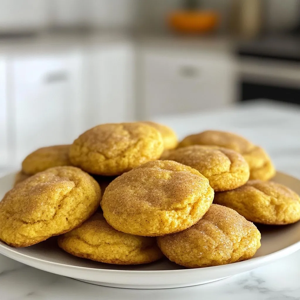 To make these tasty cookies, you need: - 2 ¾ cups all-purpose flour - 2 teaspoons cream of tartar - 1 teaspoon baking soda - 1 teaspoon ground cinnamon - 1 teaspoon pumpkin pie spice - ½ teaspoon salt - 1 cup unsalted butter, softened - 1 ½ cups granulated sugar - ¼ cup brown sugar, packed - 1 large egg - 1 teaspoon vanilla extract These ingredients work together to create a soft and chewy cookie with a warm flavor. You can add a few extra touches for more flavor: - ½ cup chopped nuts (like pecans or walnuts) - ½ cup chocolate chips for a sweet twist - A pinch of nutmeg to enhance the spice profile These options can make your cookies even more delicious and fun! If you're missing an ingredient, here are some easy swaps: - Use baking powder instead of cream of tartar (just add 1 teaspoon) - Substitute coconut oil or margarine for butter - Swap the egg for ¼ cup applesauce for a vegan option These substitutions can help you make the cookies based on what you have at home. Enjoy your baking! {{ingredient_image_1}} Start by preheating your oven to 350°F (175°C). Line two baking sheets with parchment paper. In a medium bowl, mix 2 ¾ cups of all-purpose flour, 2 teaspoons of cream of tartar, 1 teaspoon of baking soda, 1 teaspoon of ground cinnamon, 1 teaspoon of pumpkin pie spice, and ½ teaspoon of salt. This mix adds flavor and helps the cookies rise. Set this bowl aside. Next, take a large bowl and add 1 cup of softened unsalted butter, 1 ½ cups of granulated sugar, and ¼ cup of brown sugar. Beat this mixture until it is light and fluffy. This should take about 3 minutes. Then, add in 1 large egg and 1 teaspoon of vanilla extract. Mix until everything blends well. Gradually stir in your dry mix until a soft dough forms. In a small bowl, combine 2 tablespoons of sugar with 1 teaspoon of pumpkin pie spice. This will be your rolling mix. Scoop tablespoons of your dough and roll them into balls about 1.5 inches wide. After rolling, coat each ball in the cinnamon-sugar mixture until it is fully covered. This step adds a sweet crunch to your cookies. Place the dough balls on the prepared baking sheets. Make sure to space them about 2 inches apart. This gives them room to spread while baking. Bake the cookies in your preheated oven for 10 to 12 minutes. You want the edges to turn lightly golden. When they are done, remove them from the oven. Let them cool on the baking sheets for 5 minutes. After that, transfer them to wire racks to cool completely. Enjoy the sweet aroma as they cool, filling your kitchen with a warm, inviting scent. To make the best pumpkin spice snickerdoodles, use room temperature butter. This helps the butter mix well with sugar. Cream the butter and sugars until the mix is light. This step adds air for fluffy cookies. When adding dry ingredients, mix gently. Over-mixing can make the cookies tough. Roll the dough balls in the cinnamon-sugar mix well. This gives them a nice crust. Bake just until the edges turn golden. This keeps the center soft and chewy. One common mistake is not measuring flour correctly. Too much flour can make dry cookies. Use the spoon and level method for precise measuring. Another mistake is baking for too long. Keep an eye on the cookies; they will continue to cook after you take them out. Lastly, don't skip the cooling step. Letting them cool on the baking sheet helps them set perfectly. To serve your pumpkin spice snickerdoodles nicely, use a colorful platter. Add a sprinkle of pumpkin spice on top for flair. Pair the cookies with warm cider or tea. This makes a cozy treat for any gathering. You can also stack them high for an eye-catching display. A few cinnamon sticks nearby add a nice touch too! Pro Tips Chill the Dough: For thicker and chewier cookies, chill the dough for at least 30 minutes before baking. This helps prevent spreading and enhances the flavors. Use Fresh Spices: Ensure your pumpkin pie spice and cinnamon are fresh for the best flavor. Old spices can lose their potency and diminish the cookie's taste. Experiment with Mix-ins: Add chocolate chips, nuts, or dried cranberries for a fun twist on these snickerdoodles. They add texture and flavor complexity. Perfect Baking Time: Keep an eye on the cookies as they bake. They should be lightly golden around the edges but still soft in the center for the perfect texture. {{image_2}} You can add chocolate chips to your pumpkin spice snickerdoodles. This twist brings a rich, sweet flavor that pairs well with the warm spices. Simply fold in one cup of semi-sweet or dark chocolate chips into your dough after mixing the wet and dry ingredients. Bake as usual, and enjoy the delightful combination of chocolate and pumpkin spice. Nuts add a nice crunch to your cookies. You can use walnuts, pecans, or even almonds. Chop about half a cup of your chosen nuts and mix them into the dough when you combine the wet and dry ingredients. This variation adds texture and a nutty flavor that balances the sweetness of the cookie. For a gluten-free option, swap the all-purpose flour with a gluten-free all-purpose blend. Be sure to choose a blend that includes xanthan gum for the best texture. Follow the same steps in the recipe. You will have delicious gluten-free pumpkin spice snickerdoodles that everyone can enjoy! To keep your Pumpkin Spice Snickerdoodles fresh, place them in an airtight container. Line the bottom with parchment paper to absorb moisture. This method keeps them soft and tasty. Store them at room temperature for up to a week. If you want to enjoy them longer, freezing is the way to go. Freezing your cookies is simple and effective. First, let the cookies cool completely. Then, place them in a single layer on a baking sheet. Freeze for about two hours. Once frozen, transfer them to a freezer bag. Remove as much air as possible to prevent freezer burn. These cookies can last up to three months in the freezer. When you're ready to enjoy a cookie, preheat your oven to 350°F (175°C). Place the cookies on a baking sheet and heat for about 5 minutes. This warms them up and revives their original texture. You can also use a microwave. Heat for about 10-15 seconds. Just be careful not to overheat, or they will become hard. Enjoy your cozy treat! Yes, you can make pumpkin spice snickerdoodles ahead of time. You can mix the dough and chill it. This makes the dough easier to handle. Chill it for at least one hour. You can also roll the dough into balls and freeze them. Just bake them straight from the freezer. This saves time when you want fresh cookies! The best way to enjoy pumpkin spice snickerdoodles is warm. They are soft and chewy right out of the oven. Pair them with a warm drink like cider or tea. You can also sprinkle a bit of extra pumpkin spice on top for more flavor. Sharing them with friends or family makes it even better! You can buy pumpkin spice snickerdoodles at bakeries or coffee shops in the fall. Some grocery stores may also carry them. If you want them fresh, I recommend baking at home. This way, you can control the taste and enjoy them warm! You learned about making Pumpkin Spice Snickerdoodles in this post. We covered ingredients, steps, tips, and variations. With the right ingredients, the perfect dough, and baking techniques, you can craft tasty cookies. Remember to store them correctly to keep them fresh. Making variations keeps the fun alive. Enjoy serving these cookies to friends and family. Now, it’s your turn to bake. Happy baking!