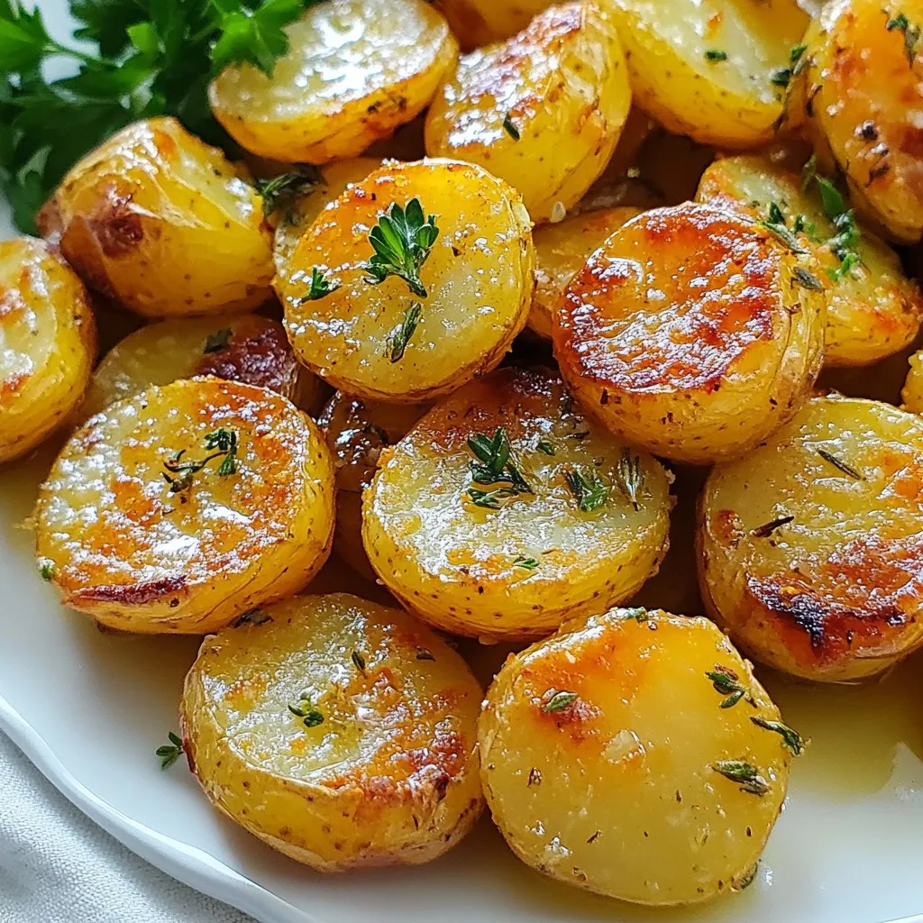 For this dish, you need simple ingredients. Here is what to gather: - 1.5 pounds baby potatoes, halved - 4 cloves garlic, minced - 3 tablespoons olive oil These baby potatoes are perfect. Their small size ensures even cooking and a tender bite. Next, we add flavor with the right seasonings. You will need: - 2 teaspoons dried rosemary - 2 teaspoons dried thyme - 1 teaspoon paprika - Salt and pepper to taste Rosemary and thyme bring warmth and earthiness. Paprika adds a subtle kick. Garnishes can elevate your dish. Consider adding: - Fresh parsley, chopped (for garnish) Chopped parsley adds a fresh touch. It also gives a beautiful color contrast to the golden potatoes. Feel free to get creative with other garnishes too! You could try lemon wedges for a zesty twist. {{ingredient_image_1}} Start by washing 1.5 pounds of baby potatoes. Halve each potato to help them cook evenly. Place the halved potatoes in a large bowl. This step is key for good texture. Next, add 4 minced garlic cloves to the bowl. Pour in 3 tablespoons of olive oil. Sprinkle in 2 teaspoons of dried rosemary and 2 teaspoons of dried thyme. Then, add 1 teaspoon of paprika, along with salt and pepper to taste. Toss everything well until the potatoes are fully coated. This mix gives the potatoes their rich flavor. Preheat your oven to 425°F (220°C). Spread the seasoned potatoes on a baking sheet lined with parchment paper. Make sure they are in a single layer. This space helps them crisp up nicely. Roast the potatoes for 25-30 minutes. Halfway through, toss them with a spatula to ensure even browning. They are ready when they turn golden brown and crispy on the edges. After roasting, let them cool slightly and sprinkle fresh parsley on top for a bright touch. For crispy potatoes, choose the right kind. Baby potatoes work great. Cut them in half to help them cook faster. Use a good amount of olive oil. This helps them crisp up. Don’t overcrowd the baking sheet. Give them space to breathe. This way, they roast, not steam. Toss them halfway through cooking for even crispness. To boost flavor, add fresh herbs if you can. Fresh rosemary or thyme adds a nice touch. You can also sprinkle some cheese on top before serving. Parmesan works well for added taste. For a spicy kick, try red pepper flakes. You can mix flavors to match your meal. One mistake is not preheating the oven. Always make sure it’s hot before adding the potatoes. Another mistake is not seasoning enough. Don’t skimp on salt and pepper. This dish needs it to shine. Lastly, avoid using a crowded pan. If they are too close, they won’t get crispy. Give them room to roast perfectly. Pro Tips Cut Uniformly: Ensure the baby potatoes are cut into similar sizes for even cooking and roasting. Use Fresh Herbs: If available, replace dried herbs with fresh rosemary and thyme for enhanced flavor. Add Zest: For a zesty twist, add lemon juice or zest before roasting for brightness. Let Them Rest: Allow the potatoes to sit for a few minutes after roasting to develop their flavors before serving. {{image_2}} You can change the herbs to fit your taste. Try fresh herbs like basil or dill. They give a bright flavor. You can also mix dried herbs like oregano or tarragon. Each choice adds a unique touch. Experiment to find what you love best. While baby potatoes are great, you can use other kinds. Yukon Golds have a creamy texture. Red potatoes hold their shape well. Sweet potatoes will add a sweet flavor. Just cut them to the same size for even cooking. You can make this dish heartier by adding vegetables. Carrots, bell peppers, or onions roast well with potatoes. They soak up the garlic and herbs. You can also add proteins like chicken or sausage. Just ensure they are cut small for quick cooking. This way, you create a one-pan meal that is full of flavor. After enjoying your garlic herb roasted potatoes, let them cool first. Place any leftovers in an airtight container. Keep them in the fridge for up to four days. If you want to keep them longer, consider freezing. To reheat, you can use your oven or microwave. For the oven, preheat it to 350°F (175°C). Spread the potatoes on a baking sheet for even heat. Bake for about 10-15 minutes until warm. If using a microwave, place them in a safe dish and heat in short bursts. Stir in between to ensure even heating. Freezing is a great way to save your garlic herb roasted potatoes. First, let them cool completely. Then, spread them on a baking sheet in a single layer. Freeze until solid, about 2 hours. Once frozen, transfer them to a freezer bag. Remove as much air as possible. They can last for up to three months in the freezer. Yes, you can use other types of potatoes. Yukon Gold and red potatoes work well. They have a creamy texture and rich taste. Just remember to cut them into similar-sized pieces. This helps them cook evenly. You will know the potatoes are done when they are golden brown and crispy. A fork should easily pierce through them. You can also check for a nice crunch on the outside. If you toss them halfway through cooking, it helps them roast evenly. Garlic herb roasted potatoes pair well with many dishes. Try serving them with grilled chicken or fish. They also go great with a fresh salad. For a cozy meal, add them next to a warm stew. Don't forget to drizzle some extra olive oil before serving for added flavor. Garlic herb roasted potatoes are simple and delicious. We covered the key ingredients, from potatoes to seasonings and optional garnishes. I shared step-by-step instructions for perfect cooking, along with tips for crispy results. You learned variations to fit your taste and how to store leftovers. Lastly, I answered your common questions. Try this recipe and make it your own. Happy cooking!