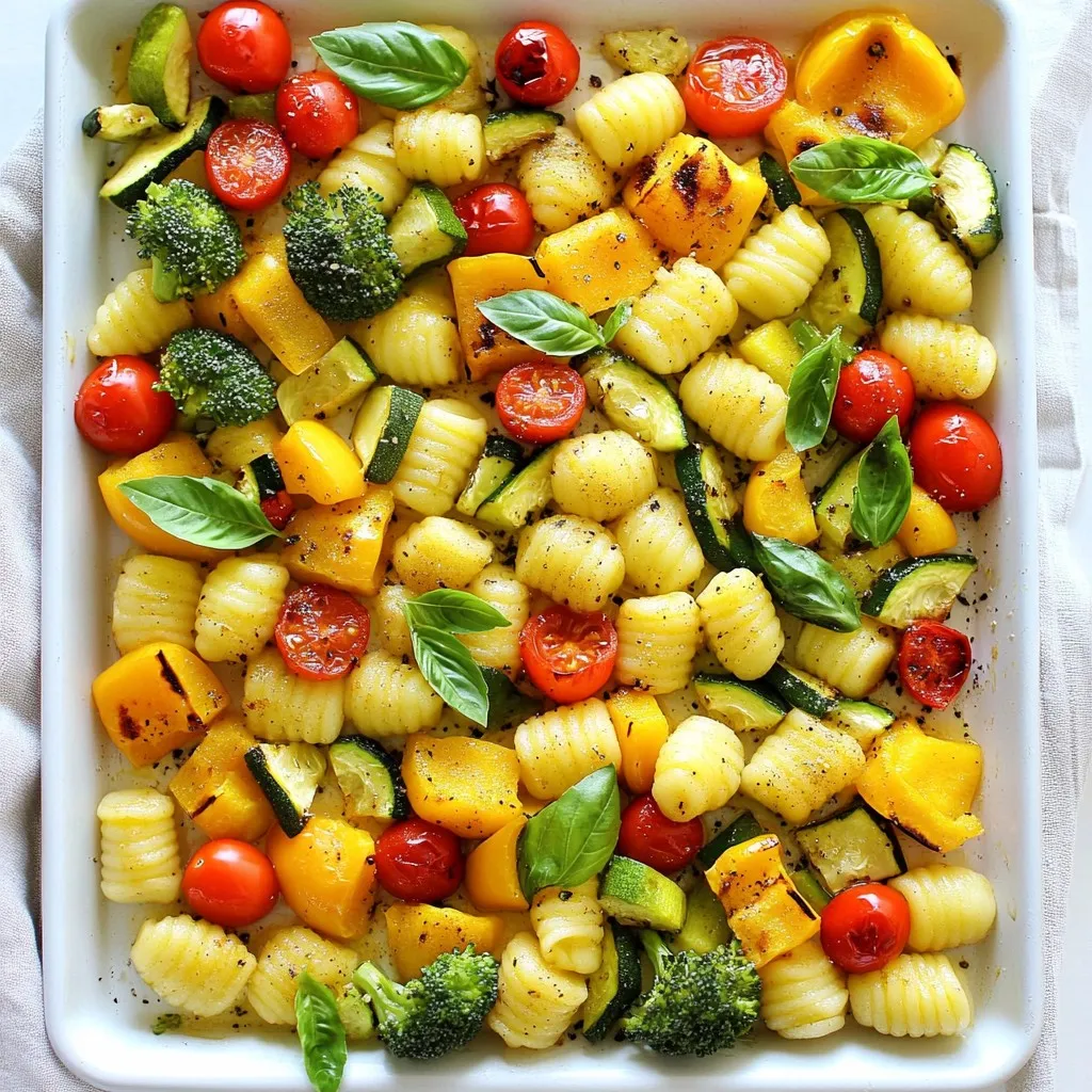 - Gnocchi details and package size: You need 1 package of gnocchi, which is 16 oz. This soft pasta brings a delightful texture to the dish. - Variety of vegetables used: Use two cups of halved cherry tomatoes for sweetness. Add one cup of diced bell peppers for crunch. Don’t forget one sliced zucchini and one sliced yellow squash for color. Finally, include one cup of broccoli florets for freshness. - Types of seasonings and oils: Use three tablespoons of olive oil to coat everything. Add four cloves of minced garlic for a savory kick. Season with one teaspoon each of dried oregano and dried basil. Finish with salt and pepper to taste. - Grated Parmesan cheese specifications: For a cheesy touch, use 1/2 cup of grated Parmesan cheese. This adds a rich flavor that melts beautifully. - Fresh basil leaves for garnish: Fresh basil leaves elevate the dish. They add a pop of color and a burst of flavor. Use them as a lovely garnish before serving. {{ingredient_image_1}} 1. First, preheat your oven to 425°F (220°C). This step is key for a great roast. 2. In a large mixing bowl, add the gnocchi, cherry tomatoes, diced bell peppers, sliced zucchini, yellow squash, and broccoli florets. The mix of colors looks great. 3. Next, drizzle 3 tablespoons of olive oil over the mixture. Add 4 cloves of minced garlic, 1 teaspoon of dried oregano, and 1 teaspoon of dried basil. Season with salt and pepper to taste. Toss everything well. You want each piece coated with oil and seasonings. 1. Spread the gnocchi and vegetable mixture in a single layer on a large baking sheet. This helps them cook evenly. 2. Roast in the preheated oven for 20-25 minutes. Look for tender vegetables and golden, crispy gnocchi. 3. Remember to stir the mixture halfway through cooking. This step ensures even roasting and flavor throughout. 1. If you like cheese, sprinkle 1/2 cup of grated Parmesan cheese over the dish in the last 5 minutes of roasting. This creates a tasty crust. 2. After removing the pan from the oven, let it cool for a couple of minutes. This step helps with safety and flavor. 3. For a great look, garnish with fresh basil leaves before serving. You can serve it straight from the sheet pan for a rustic feel. To boost the taste of your Sheet Pan Gnocchi Primavera, consider adding fresh herbs like parsley or thyme. These herbs add bright notes and enhance the dish's freshness. For a bit of heat, try red pepper flakes or smoked paprika. When choosing vegetables, pick the freshest ones you can find. Look for vivid colors and firm textures. Seasonal veggies like asparagus in spring or butternut squash in fall can change the dish's flavor profile. Mixing colors makes your meal look more appealing and appetizing. To get crispy gnocchi, ensure they have enough space on the baking sheet. If they are crowded, they will steam instead of crisp. Toss them in olive oil before roasting for extra crunch. For vegetables, avoid sogginess by not overcooking them. Roast until they are just tender. Stir them halfway through cooking to ensure even roasting. You want them to retain their shape and a bit of bite. This dish pairs well with a simple side salad. A fresh green salad with a light vinaigrette complements the richness of the gnocchi. Garlic bread also adds a nice crunch and flavor. For drinks, a light white wine like Pinot Grigio works well. If you prefer non-alcoholic options, try sparkling water with a slice of lemon. Both choices enhance the meal's bright and fresh flavors. Pro Tips Use Fresh Vegetables: Opt for seasonal vegetables for the best flavor and texture. Fresh produce can elevate this dish significantly. Don’t Overcrowd the Pan: Ensure the gnocchi and vegetables are spread out in a single layer. This allows for even roasting and helps achieve that crispy texture. Experiment with Herbs: Feel free to add other herbs like thyme or rosemary for additional flavor. Fresh herbs can also be used for garnishing after roasting. Perfect Cheese Melt: For a delicious cheesy crust, add the Parmesan cheese during the last few minutes of roasting. This will create a beautiful golden layer. {{image_2}} You can change the veggies based on what is in season. In spring, try adding asparagus or peas. In summer, use corn or eggplant. Fall is great for butternut squash or sweet potatoes. In winter, consider adding Brussels sprouts or kale. You can also switch up the gnocchi. Look for sweet potato gnocchi or gluten-free versions at the store. This keeps the dish fresh and fun. To make this recipe vegan, swap the gnocchi with a vegan brand. Omit the cheese or use a vegan cheese alternative. For gluten-free options, look for gluten-free gnocchi. You can also try zucchini noodles for a lighter, low-carb dish. Cauliflower gnocchi works well too. Both options keep the meal tasty and healthy. You can make this dish ahead of time. Prepare everything and store it in the fridge for up to two days. When ready to eat, just pop it in the oven. For reheating, warm it in the oven at 350°F (175°C) for about 10-15 minutes. This keeps the gnocchi crispy and the veggies tender. Enjoy the ease of a quick meal! To store leftovers, let the dish cool first. Place it in an airtight container. Make sure the lid seals tightly. Keep it in the fridge. This way, it stays fresh for up to three days. If you want to enjoy it later, don’t forget to add a bit of olive oil before sealing. This helps keep the gnocchi nice and moist. To freeze the dish, let it cool completely. Then, transfer it to a freezer-safe bag. Squeeze out as much air as possible. This prevents freezer burn. You can freeze it for up to three months. To thaw, place it in the fridge overnight. When you're ready to eat, reheat it in the oven at 350°F (175°C) until hot. After freezing, the texture of the vegetables may change. They might become a bit softer. To keep the flavor strong, add fresh herbs when reheating. You can also drizzle a little olive oil on top. This brings back some of the original taste. Stir well before serving to mix the flavors. How long does it take to cook gnocchi? Cooking gnocchi takes about 20-25 minutes in the oven. You want the gnocchi golden and crispy. Stir the mixture halfway for even cooking. Can I make this dish ahead of time? Yes, you can prepare the dish ahead of time. Mix the gnocchi and veggies, then store them in the fridge. Bake just before serving. What can I use instead of Parmesan cheese? If you lack Parmesan, use nutritional yeast or Pecorino Romano. These give a similar flavor without dairy. Can I use frozen gnocchi? Yes, frozen gnocchi works well in this recipe. Just add a few extra minutes to the cooking time. Is this recipe healthy? This recipe is healthy. It has many veggies and is low in calories. You can adjust the oil to make it lighter. Can I add protein to make it a full meal? Absolutely! Add cooked chicken, shrimp, or beans. This boosts protein and makes the meal more filling. You learned about making a tasty gnocchi dish using fresh veggies and spices. We covered the main and optional ingredients, plus step-by-step instructions for roasting. I shared tips to enhance flavor and suggested variations to fit your needs. Proper storage and meal prep ideas help you save time and enjoy this dish later. Cooking can be fun and easy, so don't hesitate to try different ingredients to make it your own. Enjoy your meal!