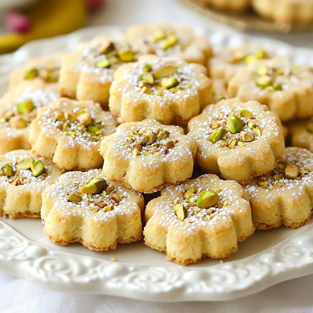 To make these delightful cookies, you need the following main ingredients: - 1 cup unsalted butter, softened - ½ cup powdered sugar - 2 cups all-purpose flour - ½ cup pistachios, finely chopped - 2 teaspoons rosewater - ¼ teaspoon salt - 1 tablespoon cornstarch (for tenderness) These ingredients blend to create a soft, crumbly texture with rich flavor. The pistachios add a nice crunch, while the rosewater gives a unique floral hint. You will need a few kitchen tools for this recipe: - Mixing bowls - Electric mixer or whisk - Measuring cups and spoons - Baking sheet - Parchment paper - Wire rack for cooling These tools help you mix, bake, and cool your cookies with ease. If you want to enhance your cookies, consider these optional ingredients: - Extra powdered sugar for dusting - Edible rose petals for garnish These extras add a beautiful touch and a hint of sweetness, making your cookies look and taste even better. {{ingredient_image_1}} Start by preheating your oven to 350°F (175°C). This ensures even baking. Next, line a baking sheet with parchment paper. This will help the cookies not stick. You want a clean surface for your delightful cookies. In a large bowl, add the softened butter and powdered sugar. Mix them together until it's light and fluffy. This should take about 2 to 3 minutes. Then, add the rosewater and mix. The rosewater gives a lovely floral taste. In a separate bowl, whisk together the flour, cornstarch, and salt. This step is essential for the right texture. Gradually add this dry mix to the butter mix. Stir until just combined, but do not over-mix. You want a soft dough. Finally, gently fold in the finely chopped pistachios. This adds a nice crunch and flavor. Now, take heaping tablespoons of dough and roll them into balls. Flatten them slightly with your palms. Aim for cookies about ½ inch thick. Place them on the baking sheet, leaving space between each cookie. They will spread a little while baking. Bake the cookies in the oven for 12 to 15 minutes. You want the edges to turn lightly golden. Once done, take them out and let them sit for 5 minutes. This helps them set. After that, transfer them to a wire rack to cool completely. If you like, dust them with extra powdered sugar for a sweet finish. Enjoy your homemade Pistachio Rosewater Shortbread! Using softened butter is key to great shortbread. Softened butter mixes well with sugar, making the dough light. If your butter is too cold, it won't cream properly. Let it sit out for about 30 minutes before you start. This helps your cookies turn out tender and flaky. Rosewater adds a unique taste, but too much can overwhelm. Start with 2 teaspoons, but feel free to adjust. If you prefer a sweeter cookie, add more powdered sugar, but do this slowly. Taste the dough after mixing. This way, you can find the right balance of flavors for your perfect cookie. To achieve even browning, space your cookies well on the baking sheet. Leave room for them to spread. Bake in a preheated oven at 350°F (175°C). Check them around the 12-minute mark. They should be lightly golden on the edges. If they brown too quickly, rotate the baking sheet halfway. This helps them bake evenly. Pro Tips Chill the Dough: For a firmer dough that is easier to shape, chill it in the refrigerator for about 30 minutes before rolling into balls. Use Fresh Ingredients: Ensure that your rosewater is fresh and not expired for the best flavor in your cookies. Perfect Baking Time: Keep an eye on the cookies as they bake; they should be lightly golden at the edges but still soft in the center when you take them out. Storage Tips: Store the cookies in an airtight container at room temperature for up to a week to maintain their freshness. {{image_2}} You can swap pistachios for almonds or walnuts. Almonds give a sweet crunch. Walnuts add a rich, earthy taste. Chop them finely, just like the pistachios. Use the same amount, ½ cup. Each nut brings its own charm to the cookies. For a zesty twist, add lemon or orange zest. Use about 1 teaspoon of zest. It brightens the flavor and adds freshness. Mix the zest into the butter and sugar. This change makes your cookies sing with citrus notes. To make these cookies gluten-free, swap all-purpose flour with gluten-free flour. Look for a blend that works for baking. The texture may change a bit but will still taste great. You can also use almond flour for a nutty flavor. Just remember to adjust the amount, as almond flour is denser. To keep your pistachio rosewater shortbread fresh, store them in an airtight container. This helps lock in moisture and flavor. You can place parchment paper between layers of cookies to prevent sticking. Keep them in a cool, dark place, away from heat or sunlight. This method preserves their delicate texture and taste. Freezing is a great way to extend the life of your cookies. First, let the cookies cool completely. Then, arrange them in a single layer on a baking sheet. Place the sheet in the freezer for about an hour. Once frozen, transfer the cookies to a freezer-safe bag. Remove as much air as possible before sealing the bag. They can last up to three months in the freezer. Pistachio rosewater shortbread cookies can last up to a week at room temperature. If stored properly in an airtight container, they remain fresh and tasty. When frozen, they keep well for up to three months. Just remember to thaw them at room temperature before enjoying their wonderful flavor and texture. Rosewater has a sweet and floral taste. It adds a unique flavor to desserts. When you use it in cookies, you get a lovely aroma and taste. It can remind you of a rose garden. Some find it very fragrant, while others may think it is strong. Use it in small amounts, and adjust to your taste. Yes, you can use margarine instead of butter. Margarine will change the taste a bit. It may not be as rich, but the cookies will still be tasty. Just make sure you use the same amount as the butter. Soft margarine works best for mixing. To make these cookies vegan, swap butter for a plant-based butter. You can also use coconut oil. Instead of rosewater, use a splash of vanilla extract for flavor. This will keep the cookies delicious and fun. Just follow the same steps in the recipe. Enjoy your vegan treat! In this blog post, we explored how to make delicious Pistachio Rosewater Shortbread. We covered key ingredients, tools, and optional enhancements. I provided clear steps for preparation, mixing, and baking. You learned tips on texture, flavor balance, and even baking. We discussed fun variations and how to store your cookies. These cookies offer a unique taste and can be customized to fit your needs. Try making them today for a delightful treat. Happy baking!