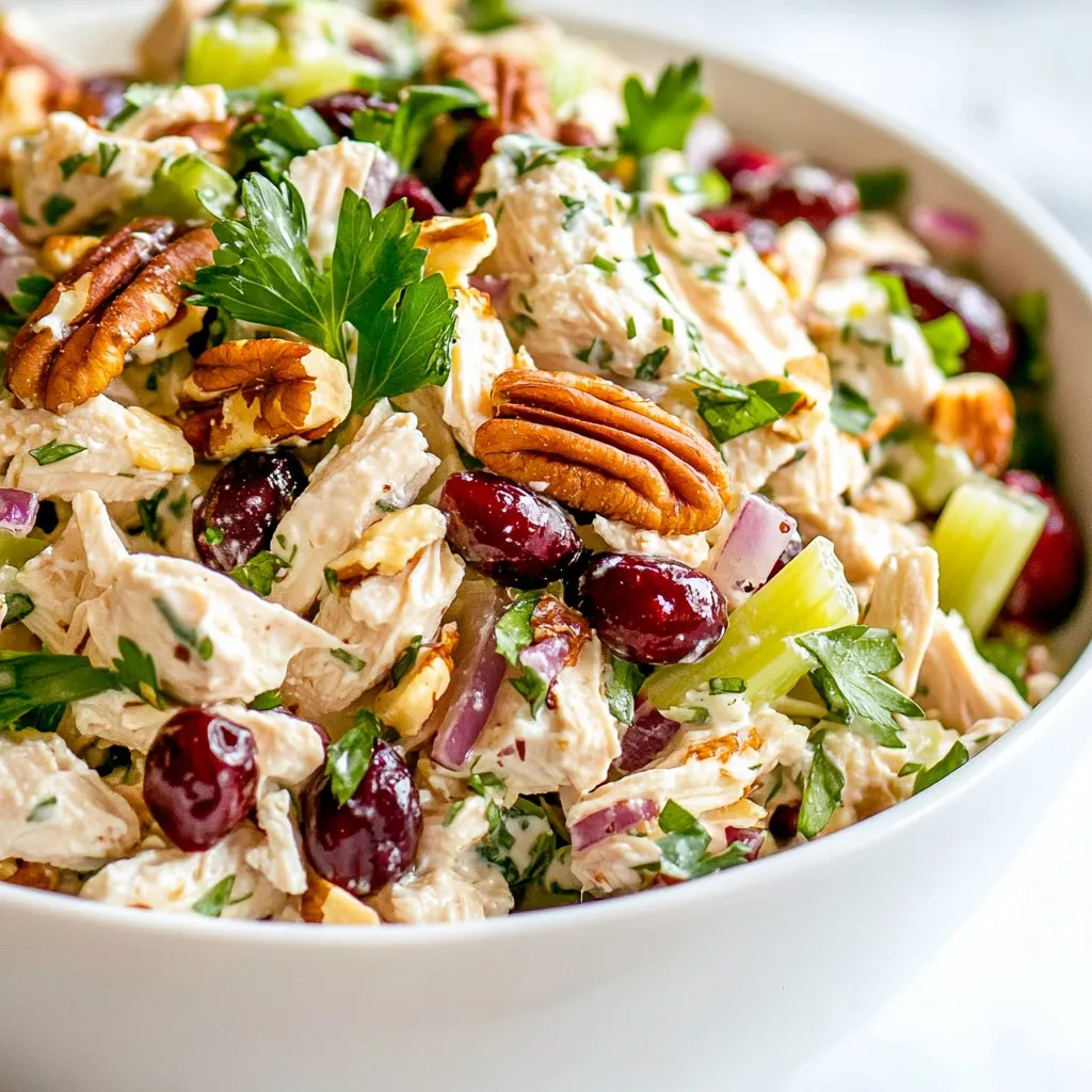- 2 cups cooked chicken, shredded or diced - 1/2 cup dried cranberries - 1/2 cup pecans, roughly chopped - 1/2 cup celery, finely chopped - 1/4 cup red onion, finely chopped The main ingredients in this salad are simple yet tasty. Start with cooked chicken. You can use leftover chicken or cook it fresh. Shred or dice it into bite-sized pieces. Next, add dried cranberries. They bring a sweet and tart flavor. Pecans add crunch and a nutty taste. Chop them roughly for the best texture. Celery gives a nice crunch, while red onion adds a slight bite. Together, these ingredients create a fresh and colorful mix. - 1/2 cup Greek yogurt - 2 tablespoons mayonnaise - 1 tablespoon Dijon mustard - 1 tablespoon honey - Salt and pepper to taste For the dressing, start with Greek yogurt. It adds creaminess and tang. Mix in mayonnaise for extra richness. Then, add Dijon mustard for a zesty kick. Honey sweetens the dressing just right. Finally, season with salt and pepper to enhance the flavors. Whisk these ingredients together until smooth. This dressing ties the salad together beautifully. - Fresh parsley Fresh parsley is an optional garnish. It adds a pop of color and brightens the dish. You can chop it finely and sprinkle it on top before serving. This simple touch makes your salad look even more inviting. {{ingredient_image_1}} First, gather your chicken and veggies. In a large bowl, mix the cooked chicken, dried cranberries, chopped pecans, finely chopped celery, and red onion. Make sure everything is well combined. Next, you want to prepare the dressing. Use a separate small bowl. This keeps the flavors from mixing too soon. Now, let’s make the dressing. Whisk together the Greek yogurt, mayonnaise, Dijon mustard, honey, salt, and pepper. Keep whisking until it is smooth. This dressing adds creaminess and a sweet touch. Pour the dressing over your chicken mixture. Gently fold everything together. You want to coat all the ingredients, but be careful not to break them apart. After mixing, taste the salad. Adjust the salt and pepper if needed. Then, cover the bowl and refrigerate for at least 30 minutes. This chilling time lets the flavors blend well. For serving, you can place the salad on a bed of mixed greens. This adds color and freshness. If you prefer, use the salad as a filling for whole-grain bread. It makes a tasty sandwich. To finish, garnish with freshly chopped parsley. It adds a pop of color and flavor. Enjoy your beautiful and delicious Cranberry Pecan Chicken Salad! For shredding chicken, I suggest using two forks. Hold one fork steady and use the other to pull apart the meat. This method works best if the chicken is warm. If you have cooked chicken in the fridge, warm it slightly in the microwave. You can also use your hands to shred the chicken. Just make sure it's cool enough to handle. To add more flavor to your salad, consider these options: - Add diced apples for sweetness and crunch. - Toss in some crumbled feta cheese for a tangy taste. - Include diced bell peppers for color and a fresh bite. - Mix in a few herbs like dill or thyme for an earthy touch. These add-ins make the salad more exciting and unique. You can mix and match based on what you like best. To get the right texture, balance crunchiness and creaminess. For more crunch, use toasted pecans. Toasting enhances their flavor and gives a satisfying crunch. You can also add more chopped celery or even some radishes for extra crunch. For creaminess, adjust the amount of Greek yogurt and mayonnaise. If you like it creamier, add more yogurt. For a lighter version, cut back on the mayo and use more yogurt. This way, you make the salad your own! Pro Tips Use Rotisserie Chicken: For a quicker prep time, consider using store-bought rotisserie chicken. It adds flavor and saves you from the hassle of cooking. Customize the Nuts: Feel free to substitute pecans with walnuts or almonds for a different nutty flavor and crunch in your salad. Add Fresh Herbs: Enhance the flavor by mixing in fresh herbs like dill or thyme, which pair well with chicken and add freshness to the salad. Serve Chilled: For the best taste, serve the chicken salad chilled. It allows the flavors to meld beautifully and provides a refreshing experience. {{image_2}} You can make this salad even healthier. Try using low-fat yogurt in place of Greek yogurt. This change cuts down on calories while still keeping it creamy. You can also swap out the mayonnaise for more yogurt. This keeps the dressing light without losing flavor. If you need a gluten-free option, use gluten-free yogurt and check your mustard. Most mustards are gluten-free, but it's always good to read the label. For a vegan version, replace chicken with chickpeas or tofu. Use vegan mayo and yogurt to keep it plant-based. Changing nuts or fruits can give this salad a new twist. Try walnuts or almonds instead of pecans. You can also add fresh fruits like apples or grapes for a sweet crunch. Each nut or fruit adds its own flavor, making the salad unique. Don't be afraid to experiment! To keep your cranberry pecan chicken salad fresh, store it in the fridge. Use an airtight container to prevent spills or odors. Make sure to cover the bowl tightly if you don't have a lid. The salad will taste best if eaten within three days. If you want to save the salad for later, freezing is an option. However, some ingredients may change texture when thawed. To freeze, pack the salad in a freezer-safe container. Leave some space at the top, as it will expand. When ready to eat, thaw it in the fridge overnight before serving. In the fridge, cranberry pecan chicken salad lasts about three to four days. After that, the flavors may change, and it might not taste as good. Always check for any off smells or changes in texture before you eat it. If you see any signs of spoilage, it’s best to discard the salad. Yes, you can use rotisserie chicken for this salad. It saves time and adds flavor. The chicken is already cooked and seasoned. This makes your prep quick and easy. Just shred or chop the chicken before mixing. Plus, it helps keep the salad juicy and tender. Yes, this salad can be gluten-free. The main ingredients are naturally gluten-free. Ensure the mayonnaise and Dijon mustard are also gluten-free. Many brands offer gluten-free options. Always check the labels when you shop. This way, you can enjoy this dish without worry. You can make this salad ahead of time. I suggest prepping it a few hours before serving. This allows the flavors to blend nicely. Store it in the fridge until you are ready to enjoy it. For the best taste, eat it within two days. If you don't have Greek yogurt, try sour cream. It offers a similar creaminess. You can also use regular yogurt if you prefer. For a lighter option, consider using cottage cheese. These alternatives will still keep your salad tasty and delicious. This blog post covered a tasty chicken salad recipe. We went over the main ingredients, which include chicken, cranberries, pecans, celery, and red onion. I shared how to prepare the chicken mixture and make a creamy dressing. You learned tips for shredding chicken and enhancing flavor. We also explored healthy substitutes and storage tips. Remember, this salad is easy to customize. Try new ingredients or serve it in a sandwich. Visit often for more fun recipes!