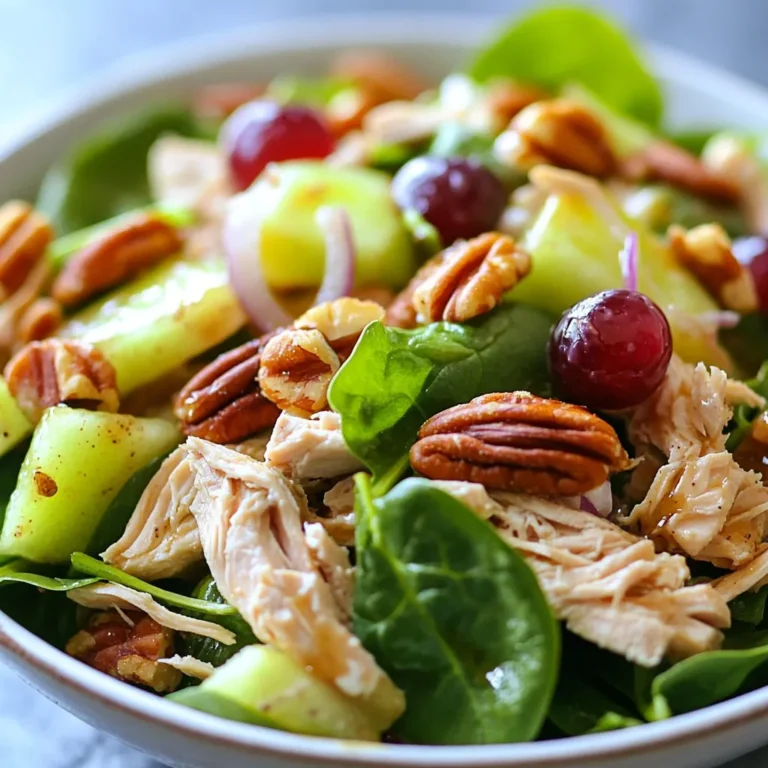 - 2 cups cooked chicken, shredded or diced - 1 large apple (preferably Granny Smith or Honeycrisp), chopped - 1/2 cup pecans, toasted and roughly chopped - 1/2 cup celery, diced - 1/2 cup red grapes, halved - 1/4 cup red onion, finely chopped - 1/2 cup Greek yogurt (or mayonnaise) - 1 tablespoon Dijon mustard - 1 tablespoon honey - 1 tablespoon lemon juice - Salt and pepper to taste - Fresh greens (like spinach or mixed greens) for serving - Additional spices - Extra fruits or nuts The right ingredients make this Apple Pecan Chicken Salad shine. Start with cooked chicken. You can use leftovers or rotisserie chicken. Next, pick a large apple. Granny Smith or Honeycrisp adds great crunch and sweetness. Toast your pecans to boost their flavor. Diced celery gives a crisp bite. Red grapes add sweetness. Don’t skip the red onion. It adds sharpness to balance the sweet flavors. For the dressing, Greek yogurt or mayonnaise creates a creamy texture. I like using Greek yogurt for a healthier twist. Dijon mustard gives a nice tang. Honey adds sweetness while lemon juice brightens the dish. Remember to season with salt and pepper to taste. Fresh greens provide a lovely bed for the salad. You can also add extra spices or fruits for more flavor. This combination of ingredients creates a fresh and vibrant salad that excites the taste buds. You’ll love how the flavors blend together as they chill in the fridge! {{ingredient_image_1}} To start, gather your ingredients. In a large bowl, combine the cooked chicken, chopped apple, toasted pecans, diced celery, halved grapes, and chopped red onion. Toss this mixture gently. This helps mix flavors without crushing anything. Next, you need to prepare the dressing. In a separate bowl, whisk together the Greek yogurt, Dijon mustard, honey, lemon juice, salt, and pepper. Keep whisking until the mixture is smooth. This dressing adds creaminess and bright flavor to the salad. Now, pour the dressing over the chicken mixture. Carefully fold it all together. You want every piece coated well. After mixing, taste the salad. If it needs more flavor, adjust with extra salt, pepper, or honey. This is your chance to personalize it to your liking. Chilling the salad is key. Place it in the fridge for at least 30 minutes. This time lets the flavors blend and makes it taste even better. When ready to serve, layer the salad over fresh greens like spinach or mixed greens. You can also serve it in a bowl on its own. This apple pecan chicken salad looks great and tastes refreshing. Enjoy your delicious creation! - How to properly toast pecans Toasting pecans brings out their nutty flavor. To toast them, heat a dry skillet over medium heat. Add the pecans and stir often. After about 5 minutes, they will smell fragrant and turn golden brown. Watch closely to avoid burning. - Tips for chopping apples to prevent browning Apples can brown quickly after cutting. To keep them fresh, chop them just before adding to the salad. If you need to cut them early, toss the pieces in a mix of lemon juice and water. This will slow down the browning process. - Substitutions for Greek yogurt or mayonnaise If you don’t have Greek yogurt, use plain yogurt or sour cream. For a lighter option, try low-fat versions. If you prefer mayonnaise, go for a light or vegan version to suit your taste. - Adjusting sweetness and acidity You can change the sweetness by adding more honey or using a sweeter apple. For acidity, add more lemon juice or even a splash of vinegar. Tweak these to match your flavor preference. - Ideas for visually appealing plating Serve the salad in a large bowl or on individual plates. Use a bed of fresh greens like spinach or mixed greens for a pop of color. Layer the salad high for an eye-catching look. - Garnishing tips for added freshness Fresh herbs like parsley or cilantro can brighten your dish. You can also sprinkle some extra toasted pecans or apple slices on top for texture and visual appeal. Pro Tips Choose the Right Apple: Opt for tart apples like Granny Smith or Honeycrisp for a refreshing contrast to the creamy dressing. Toast the Pecans: Toasting the pecans enhances their flavor and adds a delightful crunch to the salad. Let It Chill: Allowing the salad to chill for at least 30 minutes lets the flavors meld beautifully, making each bite more delicious. Adjust to Your Taste: Feel free to tweak the sweetness by adding more honey or adjusting the acidity with lemon juice to suit your palate. {{image_2}} You can switch the chicken for turkey. Turkey tastes great and works well. Another option is to use tofu. Tofu is a great choice for vegetarians. It absorbs flavors nicely and adds protein. Try adding dried cranberries for a sweet touch. They add a nice pop of color too. You could also use orange segments. These fruits give a fresh taste to your salad. Experimenting with dressings is fun! Balsamic vinaigrette can enhance the flavor. It brings a tangy kick that contrasts with the sweetness of the apples. You can make this salad fit any season. In summer, use lighter greens like arugula. For winter, add hearty greens like kale. This keeps the salad fresh and tasty. Use seasonal fruits too! In fall, add pears instead of apples. In spring, use fresh herbs like mint. They bring a bright flavor to your dish. You can keep your Apple Pecan Chicken Salad in the fridge for up to three days. To keep it fresh, store it in an airtight container. This helps prevent air from drying out the ingredients. If you notice browning on the apple, squeeze a bit of lemon juice on it before mixing. This keeps the color bright and fresh. I do not recommend freezing this salad. Freezing can change the texture of the chicken and the apples. If you must freeze it, store only the chicken mixture without the dressing. To thaw, place it in the fridge overnight. Serve it cold or at room temperature after mixing in the dressing. Make this salad ahead for busy weeks. You can prepare the chicken mixture and store it in the fridge for up to three days. Portion it into meal prep containers for easy grab-and-go lunches. If you want to serve it with greens, pack them separately to keep everything fresh. Yes, you can make Apple Pecan Chicken Salad ahead of time. I suggest you prepare it up to 24 hours in advance. This gives the flavors time to blend well. Just keep it in the fridge until you're ready to serve it. This salad works well with many sides. Here are a few great options to pair: - Whole grain bread or rolls - Fresh fruit, like berries or melon - A light soup, such as tomato or vegetable - A simple green salad These sides will help make a complete meal that everyone will enjoy. Yes, Apple Pecan Chicken Salad is healthy. Here’s a quick look at its benefits: - Lean protein: Chicken adds protein, which is good for muscles. - Fruits and veggies: Apples, celery, and grapes add vitamins. - Healthy fats: Pecans provide heart-healthy fats. - Low in calories: Greek yogurt keeps the calories lower than mayonnaise. This salad gives you a tasty and healthy option for lunch or dinner. In this blog post, I shared a simple recipe for Apple Pecan Chicken Salad. We explored key ingredients, preparation steps, and tips for customization. I highlighted various ways to adjust flavors and ensure freshness. Remember, this salad can fit any season and meal plan. It’s easy to make ahead and a great choice for busy days. Enjoy creating your own version of this tasty dish and feel proud of your culinary skills. Your kitchen adventures can lead to delicious, healthy meals that everyone will love.