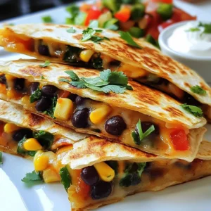 For loaded veggie quesadillas, gather these simple ingredients: - 4 large whole wheat tortillas - 1 cup black beans, drained and rinsed - 1 cup corn kernels (fresh or frozen) - 1 red bell pepper, diced - 1 green bell pepper, diced - 1 small red onion, finely chopped - 1 cup spinach, chopped - 1 teaspoon cumin powder - 1 teaspoon smoked paprika - 1 cup shredded cheese (cheddar or a cheese blend) - 2 tablespoons olive oil - Salt and pepper to taste - Fresh cilantro, chopped (for garnish) - Sour cream or yogurt, for serving When picking fresh produce, choose items that look bright and firm. - Bell peppers should be smooth and shiny. Avoid those with soft spots. - Onions should feel heavy for their size and not have soft areas. - Spinach should be vibrant green with no yellow leaves. - Corn should smell sweet and feel plump. If using frozen, check the date for freshness. For the best flavor, I suggest using: - Cheddar cheese for its sharp taste. - Monterey Jack cheese for a creamy texture. - A blend of cheeses adds depth and variety. Experiment with different cheeses to find your favorite combo! {{ingredient_image_1}} Start by gathering all your ingredients. You will need: - 4 large whole wheat tortillas - 1 cup black beans, drained and rinsed - 1 cup corn kernels (fresh or frozen) - 1 red bell pepper, diced - 1 green bell pepper, diced - 1 small red onion, finely chopped - 1 cup spinach, chopped - 1 teaspoon cumin powder - 1 teaspoon smoked paprika - 1 cup shredded cheese (cheddar or a cheese blend) - 2 tablespoons olive oil - Salt and pepper to taste - Fresh cilantro, chopped (for garnish) - Sour cream or yogurt, for serving In just ten minutes, you can prep everything. Chop your veggies and rinse the beans. This makes cooking fast and easy. Heat one tablespoon of olive oil in a large skillet over medium heat. When the oil is hot, add the onions and bell peppers. Sauté them for 3 to 4 minutes. You want them soft but not mushy. Next, stir in the black beans, corn, and spinach. Cook this mix for 2 to 3 minutes. You will see the spinach wilt and change color. Sprinkle in the cumin powder, smoked paprika, salt, and pepper. Mix it well and take it off the heat. Now, grab two tortillas. Spread half of the veggie mix over one side of each tortilla. Top with half of the shredded cheese. Fold the tortillas in half, pressing them down gently. Heat the remaining olive oil in the skillet over medium-high heat. When it’s hot, add one or two quesadillas. Cook them for about 3 to 4 minutes on each side. You want them golden and crispy. After cooking, take the quesadillas out of the skillet. Cut them into wedges with a sharp knife. Repeat the cooking process for the rest. Serve the quesadillas warm. Garnish with fresh cilantro. Offer sour cream or yogurt on the side for dipping. Enjoy your delicious loaded veggie quesadillas! To make your quesadillas crispy, use medium-high heat. This helps cook the outside quickly. Use enough oil in your skillet. Two tablespoons should do the trick. When cooking, press down gently on the quesadilla. This helps it brown nicely. Flip only once to keep the cheese from spilling out. Cook each side for about 3-4 minutes. You want a golden brown color. If you like extra crunch, you can try using a panini press. Feel free to get creative with your quesadilla fillings. You can add cooked chicken or tofu for extra protein. Swap out veggies for your favorites. Zucchini, mushrooms, or even sweet potatoes work well. Change the spices to match your taste. Try adding chili powder for heat or herbs for freshness. You can also switch the cheese type. Pepper jack adds spice, while mozzarella gives a milder flavor. Each choice adds a new twist to your quesadillas. You can prepare the veggie filling ahead of time. Store it in an airtight container in the fridge for up to three days. This makes cooking quick when you’re ready to eat. You can also assemble the quesadillas and freeze them. Just make sure to place parchment paper between each one. When you're ready, cook them straight from the freezer. This is a great way to have a meal ready in minutes. Pro Tips Use Fresh Ingredients: Whenever possible, opt for fresh vegetables to enhance the flavor and nutritional value of your quesadillas. Customize Your Cheese: Experiment with different types of cheese like pepper jack or mozzarella for a unique flavor twist. Serve with Dips: Pair your quesadillas with a variety of dips such as guacamole, salsa, or pico de gallo for added flavor. Make Ahead: Prepare the veggie filling in advance and store it in the fridge for a quick meal option during busy days. {{image_2}} You can boost the protein in your loaded veggie quesadillas easily. Adding cooked chicken or tofu is a great choice. Cooked chicken adds a nice flavor and pairs well with the spices. Use about one cup of shredded chicken for each batch. For tofu, use firm tofu. Press and cube it, then sauté it with the veggies. This gives you a hearty meal that keeps you full. If you need a gluten-free option, don’t worry! You can find gluten-free tortillas in most stores. Look for ones made from corn or brown rice. Check the labels to ensure they are gluten-free. This way, you can enjoy the quesadillas without any worries. Feel free to mix up the veggies! You can add zucchini, mushrooms, or even sweet potatoes. These veggies add different textures and flavors. Try adding some jalapeños for a spicy kick. The more colorful your quesadillas, the more fun they will be. Enjoy experimenting with your favorite vegetables! To keep your leftover quesadillas fresh, place them in an airtight container. This method keeps moisture out and prevents sogginess. You can store them in the fridge for up to three days. If you want to keep them longer, freezing is a great option. To enjoy your quesadillas again, you have a few easy options. The best way is to heat them in a skillet over medium heat. Cook for about three minutes on each side until they get crispy. You can also use a microwave, but the texture won’t be as nice. If you use a microwave, heat for 30 seconds at a time, checking until warm. If you want to freeze quesadillas, first let them cool completely. Wrap each quesadilla in plastic wrap or foil. Place them in a freezer bag to keep air out. They can last for up to three months in the freezer. When you are ready to eat them, thaw in the fridge overnight and reheat as described above. Yes, you can make loaded veggie quesadillas in an air fryer. To do this, prepare the quesadillas as you normally would. Preheat your air fryer to 375°F (190°C). Place one or two quesadillas in the basket. Cook them for about 8-10 minutes, flipping halfway through. This method gives you a crispy texture while using less oil. The best way to reheat quesadillas is on a skillet. Heat a little oil in the skillet over medium heat. Place the quesadilla in the pan and cook for about 2-3 minutes on each side until hot. You can also use the oven. Preheat it to 350°F (175°C) and bake for 10-15 minutes. Both methods keep the quesadilla crispy. To make these quesadillas vegan, simply skip the cheese. Use a vegan cheese substitute or omit it altogether. You can also add more beans or vegetables for extra flavor. Replace sour cream with a plant-based yogurt or avocado. These swaps will keep your quesadillas tasty and satisfying. In this post, we explored how to make delicious loaded veggie quesadillas. We discussed choosing fresh ingredients, including produce and cheese. I shared step-by-step instructions on cooking, serving, and achieving a perfect crispy texture. You can customize them with proteins or gluten-free options. We also covered storage tips and answered common questions about making and reheating these tasty meals. Remember, you can enjoy these quesadillas any way you want, so get creative in the kitchen!