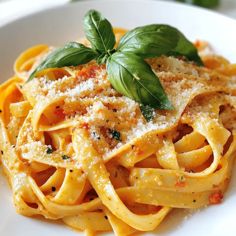 - Pasta options You can use 12 oz of fettuccine or penne. Both work well with the sauce. - Roasted red peppers You need three large red bell peppers. Roasting them brings out their sweet flavor. - Aromatics (onion and garlic) Use one medium onion, diced, and three cloves of garlic, minced. These add depth to the sauce. - Cream and broth One cup of heavy cream gives the dish its creaminess. Use one cup of vegetable broth to balance the richness. - Seasonings and garnishes Include half a cup of grated Parmesan cheese, two tablespoons of olive oil, and one teaspoon of smoked paprika. Add salt and pepper to taste. Fresh basil leaves make a great garnish too. These ingredients work together to create a rich and delightful dish. You will enjoy how they blend to make a comforting meal. {{ingredient_image_1}} To start, preheat your oven to 400°F (200°C). This high heat helps to char the peppers. Next, slice the red bell peppers in half. Remove the seeds and place them cut-side down on a baking sheet lined with parchment paper. Roast them for 25 to 30 minutes. You want the skins to be charred and blistered. Once done, take them out and place the peppers in a bowl. Cover the bowl with plastic wrap for about 10 minutes. This steaming process will make peeling the skins easy. While the peppers roast, fill a large pot with water and add salt. Bring the water to a boil. Add your pasta and cook according to the package instructions. Aim for al dente, which means the pasta is firm to the bite. This usually takes about 8 to 10 minutes, but check your package for the exact time. Drain the pasta and set it aside. In a large skillet, heat olive oil over medium heat. Add the diced onion and sauté until it becomes translucent, around 5 minutes. Then, add the minced garlic and sauté for one more minute. Next, peel the skins off the roasted red peppers. Place them in a blender with the sautéed onion, garlic, vegetable broth, heavy cream, and smoked paprika. Blend everything until it’s smooth. Pour the sauce back into the skillet and let it simmer gently. Stir in the grated Parmesan cheese until it melts into the sauce. If it’s too thick, add a bit more vegetable broth to adjust the consistency. Season with salt and pepper to taste. Finally, add the cooked pasta to the sauce and toss until the pasta is well coated. Let it cook for an extra minute to heat through. To get the sauce just right, you can adjust its thickness. If it’s too thick, add more vegetable broth. If it’s too thin, let it simmer a bit longer. For extra flavor, try adding a pinch of red pepper flakes or a squeeze of lemon juice. These small changes can make a big difference. Common mistakes happen when blending the sauce. Make sure to blend until smooth. Lumpy sauce can ruin the creamy texture. Also, taste the sauce before serving. Adjust with salt or pepper as needed. To prevent your pasta from sticking, stir it well right after adding it to the boiling water. Use a large pot and plenty of water. This helps keep the pasta moving. Timing is key when cooking pasta. Aim to finish the pasta just before the sauce is ready. This way, you can toss them together while the pasta is hot. It helps the sauce cling better to the noodles. Garnishing can elevate your dish. Fresh basil leaves add color and flavor. You can also sprinkle extra Parmesan on top for a cheesy finish. For serving, consider using a large bowl. This allows guests to see the creamy pasta. You can also serve it on individual plates for a more elegant touch. Pro Tips Use Fresh Ingredients: For the best flavor, opt for fresh red bell peppers and high-quality heavy cream. This will enhance the overall taste of your pasta dish. Adjust the Spice: If you enjoy a bit of heat, consider adding a pinch of red pepper flakes to the sauce for a spicy kick that complements the sweetness of the roasted peppers. Save Pasta Water: Before draining your pasta, reserve a cup of the cooking water. Adding a splash can help adjust the sauce's consistency and help it cling to the pasta better. Experiment with Herbs: While fresh basil is a great garnish, feel free to experiment with other herbs like thyme or parsley for added flavor and a fresh finish to your dish. {{image_2}} You can add chicken or shrimp to this dish for a boost of protein. Cook the chicken in the skillet before adding the onion and garlic. For shrimp, add them just before mixing in the pasta. Both options make the meal more filling and tasty. If you want a vegetarian option, try chickpeas or lentils. They add protein and pair well with the sauce. If you need gluten-free options, use gluten-free pasta. Many brands make great alternatives. You can also swap heavy cream for coconut cream or cashew cream for a dairy-free choice. These substitutes keep the dish creamy while meeting dietary needs. Herbs and spices can elevate the taste of your pasta. Try adding crushed red pepper for heat or fresh thyme for earthiness. You can also mix in vegetables like spinach or cherry tomatoes. These add color, texture, and extra nutrients to your meal. After you enjoy your creamy roasted red pepper pasta, store any leftovers right away. Let the pasta cool at room temperature for no more than two hours. Use airtight containers to keep it fresh. Glass or plastic containers work well. - Refrigerator: Store the leftovers in the fridge. They last for 3 to 4 days. - Freezer: For longer storage, freeze the pasta. It can last up to 3 months in the freezer. When you’re ready to enjoy the leftovers, reheating them properly is key. You want to keep that creamy texture. - Best methods: Use a stovetop skillet over low heat. Add a splash of water or broth to help the sauce stay creamy. Stir often to heat evenly. - Avoiding overcooking: Watch the heat closely. Overheating can make the pasta tough. Aim to reheat just until warm. Knowing how long your pasta lasts is important for safety and taste. - Fridge: Creamy roasted red pepper pasta lasts 3 to 4 days in the fridge. Check it regularly. - Freezer: In the freezer, it can stay good for about 3 months. Signs of spoilage: If the pasta smells sour or looks discolored, it’s time to toss it. Always trust your senses! For creamy sauces, I recommend using fettuccine or penne. These shapes hold the sauce well. Fettuccine has a flat surface that catches the sauce. Penne, with its tubular shape, allows sauce to fill each piece. Both options create a delightful bite. Yes, you can make this dish in advance. Cook the pasta and sauce separately. Store them in airtight containers. When ready to serve, simply reheat. This way, you maintain the texture and flavor. To add spice, try these options: - Add red pepper flakes to the sauce. - Use a pinch of cayenne pepper. - Mix in diced jalapeños for a fresh kick. Experiment with these spices to find your perfect heat level. Absolutely! Jarred roasted red peppers save time. They are already cooked and ready to use. Just drain and blend them with the other sauce ingredients. You won’t lose any flavor. Serve this pasta with a fresh green salad. Garlic bread also makes a great side. For protein, grilled chicken or shrimp complements the flavors well. These pairings create a balanced meal. You’ve learned how to make a delicious Creamy Roasted Red Pepper Pasta. We covered ingredients, step-by-step cooking, and clever tips to enhance flavor. You can add proteins or modify for diets too. Storing leftovers and reheating properly keeps the dish fresh. Cooking should be fun and satisfying. With these tips, you'll impress everyone. Enjoy making and sharing this dish!