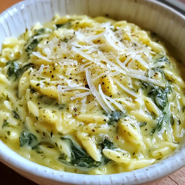 To make this creamy spinach and orzo dish, gather these ingredients: - 1 cup orzo pasta - 2 cups fresh spinach, roughly chopped - 1 cup heavy cream - 1 cup vegetable broth - 1 tablespoon olive oil - 1 small onion, finely chopped - 2 garlic cloves, minced - 1/2 cup grated Parmesan cheese - Salt and pepper, to taste - Optional: A pinch of nutmeg You will need a few simple tools to prepare this meal: - A large skillet - A wooden spoon or spatula - A measuring cup - A knife and cutting board This dish serves four people. Each serving has: - Calories: About 450 - Protein: 12g - Carbohydrates: 45g - Fat: 25g - Fiber: 2g - Sodium: Varies with added salt This creamy spinach and orzo dish is not only tasty but also brings some good nutrients to your table. It combines carbs, healthy fats, and protein to keep you feeling full and satisfied. {{ingredient_image_1}} Start by gathering your ingredients. You will need: - 1 cup orzo pasta - 2 cups fresh spinach, roughly chopped - 1 cup heavy cream - 1 cup vegetable broth - 1 tablespoon olive oil - 1 small onion, finely chopped - 2 garlic cloves, minced - 1/2 cup grated Parmesan cheese - Salt and pepper, to taste - Optional: A pinch of nutmeg Chop the onion and garlic. You want them small enough to mix well but not too small. 1. Heat the olive oil in a large skillet over medium heat. 2. Add the chopped onion. Sauté it for about 3-4 minutes until it looks clear. 3. Stir in the minced garlic. Cook it for one more minute. Watch out, so it does not burn. 4. Add the orzo pasta to the skillet. Stir it well to coat the grains with oil and onion. 5. Pour in the vegetable broth. Bring it to a light simmer. Cook for about 8-10 minutes, stirring now and then. You want the orzo to be slightly firm, or al dente. 6. Turn the heat down low. Slowly mix in the heavy cream until it blends completely. 7. Fold in the chopped spinach. Cook it until it wilts, which takes about 2-3 minutes. 8. Stir in the grated Parmesan cheese. Add salt, pepper, and nutmeg if you want. Adjust to your taste. 9. Let it cook for 2 more minutes. This helps the sauce thicken a bit. Once everything is cooked, remove the skillet from the heat. Let it sit for a minute. This gives the flavors time to settle. Serve the creamy spinach and orzo in shallow bowls. You can sprinkle more Parmesan cheese and some cracked pepper on top for a nice look. Enjoy your tasty dinner delight! To get that smooth, dreamy texture in your creamy spinach and orzo, follow these steps. First, use heavy cream. It gives the dish richness that lighter creams can't match. Once you add the cream, keep the heat low. This helps it blend well without curdling. Stir slowly to mix in the spinach and cheese. This way, everything melts together nicely. If you want a thicker sauce, let it cook a bit longer. Just remember to stir often to avoid sticking. Seasoning makes a big difference in flavor. Start with salt and pepper. They enhance the natural taste of the ingredients. Then, add a pinch of nutmeg if you like. Nutmeg gives a warm, cozy note. You can also try garlic powder for more garlic flavor. If you want a kick, add red pepper flakes. Fresh herbs like basil or parsley can brighten the dish. Taste as you go to find your perfect mix. Avoid cooking the orzo too long. If overcooked, it becomes mushy and loses its bite. Make sure to stir the orzo while it cooks. This helps it cook evenly. Also, don’t skip the resting time after cooking. Letting it sit for a minute helps the sauce thicken. Lastly, don’t forget to taste before serving. This checks if it needs more seasoning. Following these tips will help you create a creamy, flavorful dish every time. Pro Tips Use Fresh Spinach: Fresh spinach enhances the flavor and texture of the dish, making it more vibrant and nutritious. Flavor Boost: Adding a pinch of nutmeg not only complements the creaminess but also adds a subtle depth to the dish. Perfectly Cooked Orzo: Keep an eye on the orzo while it simmers, stirring occasionally to prevent it from sticking to the bottom of the skillet. Serving Suggestion: Garnish with freshly cracked pepper and additional Parmesan cheese for a restaurant-quality presentation. {{image_2}} You can turn creamy spinach and orzo into a heartier meal by adding protein. Chicken and shrimp work great. For chicken, use cooked, diced pieces. You can add it when you mix in the spinach. For shrimp, sauté them in the skillet before adding the orzo. Cook until they turn pink, then follow the rest of the recipe. Both options add a nice texture and flavor to the dish. If you want to change up the veggies, there are many options. You can try kale instead of spinach. It gives a richer flavor. Another choice is broccoli. Just chop it into small pieces and add it with the orzo. You can even mix in peas for a sweet bite. These swaps keep the dish fresh and fun. You can make this dish vegan without losing its creamy charm. Replace heavy cream with coconut milk or a plant-based cream. Use nutritional yeast instead of Parmesan for a cheesy taste. Also, swap the vegetable broth for a homemade vegan broth. These changes keep the dish rich and delicious while being plant-based. Store your creamy spinach and orzo in an airtight container. Let it cool down first. Once cool, cover it tightly and place it in the fridge. This dish will stay fresh for up to three days. To reheat, take out the portion you want. Place it in a skillet over low heat. Add a splash of vegetable broth or cream to help bring back the creamy texture. Stir often until heated through. You can also use a microwave. Place it in a microwave-safe bowl. Heat in short bursts, stirring in between, until warm. Freezing is a great option if you have extra. For best results, freeze it in individual portions. Use freezer-safe bags or containers. Make sure to remove as much air as possible. This dish can last up to three months in the freezer. Thaw it in the fridge overnight before reheating. Yes, you can use other small pasta types. Try using ditalini or even small shells. Just adjust the cooking time as needed. Make sure to check the package for the right time. This way, your pasta will cook perfectly with the creamy sauce. If you want a lighter option, use half-and-half or whole milk. You can also try coconut milk for a dairy-free option. Keep in mind that the texture may change a bit. The dish may not be as rich, but it will still taste great. Creamy spinach and orzo can last up to three days in the fridge. Store it in an airtight container to keep it fresh. Reheat it gently on the stove or in the microwave. Add a splash of broth or water to keep it creamy while reheating. You’ve learned about the key ingredients and step-by-step instructions for making this dish. We discussed how to achieve a creamy texture and shared tips to avoid common mistakes. You also explored fun variations and learned how to store leftovers for later use. With this knowledge, you can create a tasty meal that suits your taste. Enjoy your cooking journey and make it your own!