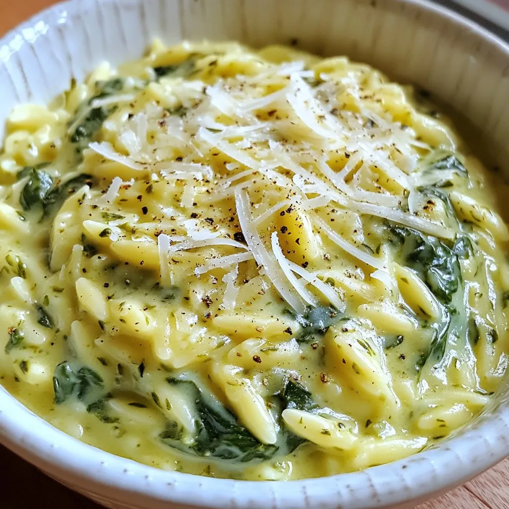To make this creamy spinach and orzo dish, gather these ingredients: - 1 cup orzo pasta - 2 cups fresh spinach, roughly chopped - 1 cup heavy cream - 1 cup vegetable broth - 1 tablespoon olive oil - 1 small onion, finely chopped - 2 garlic cloves, minced - 1/2 cup grated Parmesan cheese - Salt and pepper, to taste - Optional: A pinch of nutmeg You will need a few simple tools to prepare this meal: - A large skillet - A wooden spoon or spatula - A measuring cup - A knife and cutting board This dish serves four people. Each serving has: - Calories: About 450 - Protein: 12g - Carbohydrates: 45g - Fat: 25g - Fiber: 2g - Sodium: Varies with added salt This creamy spinach and orzo dish is not only tasty but also brings some good nutrients to your table. It combines carbs, healthy fats, and protein to keep you feeling full and satisfied. {{ingredient_image_1}} Start by gathering your ingredients. You will need: - 1 cup orzo pasta - 2 cups fresh spinach, roughly chopped - 1 cup heavy cream - 1 cup vegetable broth - 1 tablespoon olive oil - 1 small onion, finely chopped - 2 garlic cloves, minced - 1/2 cup grated Parmesan cheese - Salt and pepper, to taste - Optional: A pinch of nutmeg Chop the onion and garlic. You want them small enough to mix well but not too small. 1. Heat the olive oil in a large skillet over medium heat. 2. Add the chopped onion. Sauté it for about 3-4 minutes until it looks clear. 3. Stir in the minced garlic. Cook it for one more minute. Watch out, so it does not burn. 4. Add the orzo pasta to the skillet. Stir it well to coat the grains with oil and onion. 5. Pour in the vegetable broth. Bring it to a light simmer. Cook for about 8-10 minutes, stirring now and then. You want the orzo to be slightly firm, or al dente. 6. Turn the heat down low. Slowly mix in the heavy cream until it blends completely. 7. Fold in the chopped spinach. Cook it until it wilts, which takes about 2-3 minutes. 8. Stir in the grated Parmesan cheese. Add salt, pepper, and nutmeg if you want. Adjust to your taste. 9. Let it cook for 2 more minutes. This helps the sauce thicken a bit. Once everything is cooked, remove the skillet from the heat. Let it sit for a minute. This gives the flavors time to settle. Serve the creamy spinach and orzo in shallow bowls. You can sprinkle more Parmesan cheese and some cracked pepper on top for a nice look. Enjoy your tasty dinner delight! To get that smooth, dreamy texture in your creamy spinach and orzo, follow these steps. First, use heavy cream. It gives the dish richness that lighter creams can't match. Once you add the cream, keep the heat low. This helps it blend well without curdling. Stir slowly to mix in the spinach and cheese. This way, everything melts together nicely. If you want a thicker sauce, let it cook a bit longer. Just remember to stir often to avoid sticking. Seasoning makes a big difference in flavor. Start with salt and pepper. They enhance the natural taste of the ingredients. Then, add a pinch of nutmeg if you like. Nutmeg gives a warm, cozy note. You can also try garlic powder for more garlic flavor. If you want a kick, add red pepper flakes. Fresh herbs like basil or parsley can brighten the dish. Taste as you go to find your perfect mix. Avoid cooking the orzo too long. If overcooked, it becomes mushy and loses its bite. Make sure to stir the orzo while it cooks. This helps it cook evenly. Also, don’t skip the resting time after cooking. Letting it sit for a minute helps the sauce thicken. Lastly, don’t forget to taste before serving. This checks if it needs more seasoning. Following these tips will help you create a creamy, flavorful dish every time. Pro Tips Use Fresh Spinach: Fresh spinach enhances the flavor and texture of the dish, making it more vibrant and nutritious. Flavor Boost: Adding a pinch of nutmeg not only complements the creaminess but also adds a subtle depth to the dish. Perfectly Cooked Orzo: Keep an eye on the orzo while it simmers, stirring occasionally to prevent it from sticking to the bottom of the skillet. Serving Suggestion: Garnish with freshly cracked pepper and additional Parmesan cheese for a restaurant-quality presentation. {{image_2}} You can turn creamy spinach and orzo into a heartier meal by adding protein. Chicken and shrimp work great. For chicken, use cooked, diced pieces. You can add it when you mix in the spinach. For shrimp, sauté them in the skillet before adding the orzo. Cook until they turn pink, then follow the rest of the recipe. Both options add a nice texture and flavor to the dish. If you want to change up the veggies, there are many options. You can try kale instead of spinach. It gives a richer flavor. Another choice is broccoli. Just chop it into small pieces and add it with the orzo. You can even mix in peas for a sweet bite. These swaps keep the dish fresh and fun. You can make this dish vegan without losing its creamy charm. Replace heavy cream with coconut milk or a plant-based cream. Use nutritional yeast instead of Parmesan for a cheesy taste. Also, swap the vegetable broth for a homemade vegan broth. These changes keep the dish rich and delicious while being plant-based. Store your creamy spinach and orzo in an airtight container. Let it cool down first. Once cool, cover it tightly and place it in the fridge. This dish will stay fresh for up to three days. To reheat, take out the portion you want. Place it in a skillet over low heat. Add a splash of vegetable broth or cream to help bring back the creamy texture. Stir often until heated through. You can also use a microwave. Place it in a microwave-safe bowl. Heat in short bursts, stirring in between, until warm. Freezing is a great option if you have extra. For best results, freeze it in individual portions. Use freezer-safe bags or containers. Make sure to remove as much air as possible. This dish can last up to three months in the freezer. Thaw it in the fridge overnight before reheating. Yes, you can use other small pasta types. Try using ditalini or even small shells. Just adjust the cooking time as needed. Make sure to check the package for the right time. This way, your pasta will cook perfectly with the creamy sauce. If you want a lighter option, use half-and-half or whole milk. You can also try coconut milk for a dairy-free option. Keep in mind that the texture may change a bit. The dish may not be as rich, but it will still taste great. Creamy spinach and orzo can last up to three days in the fridge. Store it in an airtight container to keep it fresh. Reheat it gently on the stove or in the microwave. Add a splash of broth or water to keep it creamy while reheating. You’ve learned about the key ingredients and step-by-step instructions for making this dish. We discussed how to achieve a creamy texture and shared tips to avoid common mistakes. You also explored fun variations and learned how to store leftovers for later use. With this knowledge, you can create a tasty meal that suits your taste. Enjoy your cooking journey and make it your own!