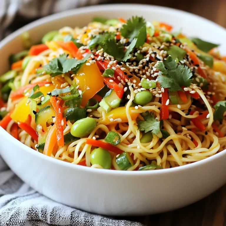 To make a tasty Sesame Ginger Noodle Salad, gather these fresh ingredients: - 8 oz soba noodles - 1 cup shredded carrots - 1 cucumber, julienned - 1 bell pepper (red or yellow), thinly sliced - 1 cup edamame (cooked and shelled) - 2 green onions, thinly sliced - 1/4 cup sesame seeds (toasted) - 1/4 cup fresh cilantro, chopped These ingredients bring color and crunch to the dish. The soba noodles are the base, while the veggies add nutrition. Edamame gives protein, and sesame seeds add a nutty flavor. The dressing ties this salad together. You will need: - 1/4 cup sesame oil - 2 tablespoons soy sauce (or tamari for gluten-free) - 1 tablespoon grated fresh ginger - 1 tablespoon rice vinegar - 1 tablespoon honey or maple syrup - 1 teaspoon garlic, minced - Salt and pepper to taste This dressing is simple yet full of flavor. The sesame oil and soy sauce bring depth, while ginger adds a zing. Honey or maple syrup balances the saltiness. Feel free to customize your salad with these extras: - Chopped bell peppers or other colorful veggies - Sliced radishes for extra crunch - Fresh herbs like mint or basil - Protein options like grilled chicken or tofu These optional ingredients let you tailor the salad to your taste. You can add more veggies or proteins to make it a full meal. {{ingredient_image_1}} Start by boiling water in a pot. Once it boils, add 8 ounces of soba noodles. Cook them according to the package directions, usually about 6-8 minutes. When they finish cooking, drain the noodles in a colander. Rinse them under cold water to stop the cooking. This helps them stay firm. Place the noodles in a large mixing bowl and set them aside. Now, let’s add some color and crunch. Take 1 cup of shredded carrots and add them to the bowl. Next, slice 1 cucumber into thin strips, known as julienne. Add this to the bowl as well. Then, take 1 bell pepper, either red or yellow, and slice it thinly. Toss this in, too. For protein, add 1 cup of cooked and shelled edamame. Finally, chop 2 green onions and mix everything gently. In a small bowl, we will make the dressing. Start with 1/4 cup of sesame oil. Add 2 tablespoons of soy sauce or tamari if you need it gluten-free. Then, add 1 tablespoon of grated fresh ginger. This gives a nice kick. Next, pour in 1 tablespoon of rice vinegar and 1 tablespoon of honey or maple syrup for sweetness. Add 1 teaspoon of minced garlic and a pinch of salt and pepper. Whisk it all together until smooth. Now, it’s time to bring it all together. Drizzle the dressing over the noodle and vegetable mix. Toss everything together gently until all the noodles and veggies are well-coated. Just before serving, sprinkle 1/4 cup of toasted sesame seeds and 1/4 cup of chopped cilantro on top. Let the salad sit for about 10-15 minutes. This helps the flavors blend well. Enjoy your fresh and easy Sesame Ginger Noodle Salad! To cook soba noodles, follow the package directions carefully. Use plenty of water to let them move freely. Once they soften, drain them right away. Rinse under cold water to stop cooking. This keeps them from getting sticky. Always taste them to ensure they are just right. Perfectly cooked noodles are key to a great salad. To boost flavor, use fresh ingredients. Fresh ginger adds a bright kick. A good quality sesame oil makes a big difference too. Don’t forget to taste your dressing as you mix. Adjust salt and pepper to your liking. You can also add a splash of lime juice for extra zing. This small change can elevate your salad to a new level. For a stunning display, serve your salad in a large bowl or plate it individually. Sprinkle extra sesame seeds on top for a nice crunch. Fresh cilantro adds a pop of color. A lime wedge on the side brings a fresh touch. This simple act of garnishing makes your dish more appealing and fun to eat. Pro Tips Use Cold Water for Noodles: Rinsing the soba noodles under cold water not only stops the cooking process but also helps to keep them from becoming sticky. Fresh Ingredients Matter: Opt for fresh vegetables and herbs to enhance the flavor and nutritional value of your salad. Customize Your Veggies: Feel free to add or substitute other veggies like bell peppers, radishes, or snap peas based on your preference or what you have on hand. Let It Rest: Allowing the salad to sit for 10-15 minutes before serving helps the flavors to meld beautifully. {{image_2}} If you want a gluten-free dish, swap the soba noodles for rice noodles. Rice noodles taste great and stay light. For the dressing, use tamari instead of soy sauce. This change keeps the flavor rich without gluten. Always check labels to ensure your ingredients are gluten-free. Adding protein makes this salad more filling. You can use grilled chicken for a tasty option. Cook the chicken, slice it, and mix it in. Tofu is another great choice. Use firm tofu, pan-fry it, and add it to the salad. Both options work well with the sesame ginger flavors. For a vegan dish, replace honey with maple syrup. This keeps the sweetness without using animal products. You can also add chickpeas for extra protein. They add texture and a nutty flavor. These changes keep your salad vegan and delicious! After you enjoy your Sesame Ginger Noodle Salad, store any leftovers in an airtight container. This keeps the salad fresh for up to three days. You want to ensure the dressing is well mixed with the noodles and veggies before sealing it. If you separate the dressing, it helps keep the noodles from getting soggy. This salad tastes best cold. If you prefer to reheat it, do so gently. Use a microwave on low power for about 30 seconds. Stir the salad and check the warmth. Be careful not to overheat, as the flavors can change. You can also serve it at room temperature if you like. For meal prep, you can prepare the noodles and veggies ahead of time. Store them in separate containers. This way, you can mix them with the dressing when you are ready to eat. The salad stays crisp, and the flavors stay fresh. You can make the dressing up to a week ahead. Just store it in the fridge in a sealed jar. You can store Sesame Ginger Noodle Salad in the fridge for up to three days. Keep it in an airtight container. The flavors will stay fresh and tasty. However, the vegetables may lose some crunch over time. To keep them crisp, add the dressing just before serving. Yes, you can make the dressing ahead of time. In fact, I often do this for convenience. Store it in the fridge for up to one week. The flavors blend well when it sits. Just give it a quick stir before using it on your salad. Sesame Ginger Noodle Salad pairs well with many dishes. You can serve it with grilled chicken or shrimp for extra protein. It also goes great with spring rolls or dumplings. If you want a lighter meal, enjoy it on its own. The salad is filling and satisfying. Absolutely! While soba noodles are my favorite, you can use other types. Try rice noodles for a gluten-free option. You can also use whole wheat spaghetti or even zucchini noodles for a low-carb choice. Just remember to adjust cooking times as needed. This blog post covers all you need for a tasty Sesame Ginger Noodle Salad. We explored the main ingredients, dressing, and options for customization. I provided step-by-step instructions to help you prepare and combine everything. We also shared tips to enhance flavor and suggestions for a nice presentation. You can even find variations for gluten-free, protein-rich, or vegan meals. Storage and reheating tips ensure your salad stays fresh. Enjoy making this dish your own and savor the flavors!