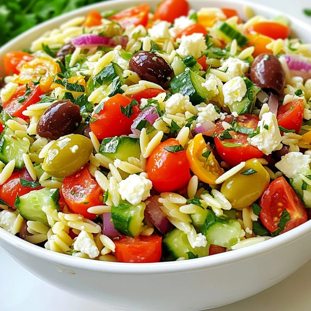 - 1 cup orzo pasta - 2 cups vegetable broth or water - 1 cup cherry tomatoes, halved - 1 cucumber, diced - 1 red bell pepper, diced - 1/2 red onion, finely chopped - 1/2 cup Kalamata olives, pitted and halved - 1 cup feta cheese, crumbled - 1/4 cup fresh parsley, chopped - 1/4 cup fresh mint, chopped - Juice of 2 lemons - 1/4 cup extra-virgin olive oil - Salt and pepper to taste Using fresh ingredients is key for this salad. Fresh veggies add crunch and bright flavor. I recommend ripe cherry tomatoes for sweetness. Choose firm cucumbers and colorful bell peppers for a nice look. The herbs should be vibrant and fragrant. When possible, use high-quality extra-virgin olive oil. This will enhance the taste of your dressing. You can swap orzo for quinoa or couscous if you prefer. For a gluten-free option, use gluten-free pasta. If you don’t have Kalamata olives, green olives work too. You can replace feta with goat cheese or leave it out for a vegan dish. Fresh herbs like basil or dill can add a twist, too. Just be creative and make this salad your own! {{ingredient_image_1}} Start by boiling two cups of vegetable broth or water in a medium saucepan. Once it reaches a boil, add one cup of orzo pasta. Cook it according to the package instructions, usually about 8 to 10 minutes, until it is al dente. After cooking, drain the orzo and rinse it under cold water. This step stops the cooking process. Allow the orzo to cool completely before using it in the salad. While the orzo cools, you can prepare the vegetables. Take one cup of cherry tomatoes and cut them in half. Next, dice one cucumber and one red bell pepper. For the red onion, chop half of it finely. Finally, halve half a cup of Kalamata olives and set them aside. These fresh veggies add color and crunch to our salad. In a separate bowl, whisk together the juice of two lemons and a quarter cup of extra-virgin olive oil. Add salt and pepper to taste. Whisk until the dressing is well mixed and emulsified. This dressing brings bright, zesty flavor to the salad. In a large mixing bowl, combine the cooled orzo, cherry tomatoes, cucumber, red bell pepper, red onion, and Kalamata olives. Pour the dressing over the mixture and gently toss it to coat everything evenly. Now, fold in one cup of crumbled feta cheese, a quarter cup of chopped fresh parsley, and a quarter cup of chopped fresh mint. Make sure everything is well combined. Taste your salad and adjust the seasoning with more salt, pepper, or lemon juice if needed. Cover the salad and refrigerate it for at least 30 minutes. This time allows the flavors to meld beautifully. To cook orzo, start with a medium saucepan. Bring two cups of vegetable broth or water to a rolling boil. Add one cup of orzo pasta. Cook it for about eight to ten minutes. Taste it a minute or two before the time is up. You want it al dente, which means it should be firm but tender. Once cooked, drain the orzo and rinse it with cold water. This stops cooking and keeps it from getting mushy. For a beautiful presentation, serve the salad in a large bowl. Top it with extra mint and parsley for a fresh look. Drizzle a little olive oil around the edges of the bowl to enhance the flavor. To make it even prettier, use a colorful platter. You can also serve it in individual bowls for a more personal touch. This Greek Lemon Orzo Salad pairs well with grilled chicken or shrimp. The bright flavors complement the protein nicely. You can also serve it with pita bread and hummus for a complete meal. For a vegetarian option, add some roasted veggies or chickpeas. A glass of chilled white wine makes a perfect drink with this salad too. Pro Tips Cook Orzo Al Dente: Make sure to cook the orzo just until al dente for the best texture. It will continue to absorb flavors and moisture as it sits in the salad. Chill Before Serving: Allowing the salad to chill in the refrigerator for at least 30 minutes helps the flavors meld together, making each bite more vibrant. Use Fresh Herbs: Fresh parsley and mint elevate the flavor profile of this salad. Add them just before serving to maintain their bright color and taste. Customize Your Veggies: Feel free to swap in your favorite vegetables or whatever you have on hand. Bell peppers, zucchini, or even artichokes work wonderfully in this dish! {{image_2}} You can easily make this salad vegetarian or vegan. For a vegetarian twist, use plant-based feta cheese. There are many brands that taste great and melt well in salads. If you want it vegan, skip the cheese altogether. You can add extra nuts or seeds for flavor and protein. Sunflower seeds or toasted almonds work well here. They add a nice crunch! Feel free to get creative with your toppings! Try adding roasted red peppers for a smoky flavor. Artichoke hearts add a nice tang if you want something different. Avocado can also bring creaminess and healthy fats. For a bit of spice, throw in some sliced jalapeños. Fresh herbs like dill or basil can give the salad a fresh lift. The options are endless! Greek salads can change based on the region. In Crete, they often add barley instead of orzo. In the islands, you may find more seafood mixed in. Some areas use capers, while others prefer more olives. Each variation brings a unique twist to the classic flavors. You can try these regional styles to keep things exciting. Mixing different elements can make your salad truly your own! To keep your Greek Lemon Orzo Salad fresh, store it in an airtight container. This helps lock in flavor and moisture. Make sure the salad is completely cool before sealing it. If you have leftovers, divide them into smaller portions. This makes it easy to grab when you want a quick meal. The salad stays fresh for about 3 days in the fridge. After that, the vegetables may lose crunch. Check for any off smells or changes in texture. If you notice these, it’s best to toss the salad. Always refrigerate within two hours of making it. This keeps harmful bacteria from growing. Greek Lemon Orzo Salad tastes best cold, so I recommend eating it straight from the fridge. If you prefer it warm, heat it gently on the stove. Add a splash of olive oil and a bit of lemon juice to refresh the flavors. Stir often to prevent sticking. You can also serve the salad with grilled chicken or fish for a full meal. Yes, you can make this salad ahead of time. It tastes even better after resting. The flavors blend well when chilled. I suggest making it a few hours before serving. Just keep it in the fridge. If you need a feta substitute, try goat cheese or ricotta. Both add creaminess. For a dairy-free option, use a nut-based cheese. This keeps the salad fresh and tasty. No, orzo pasta is not gluten-free. It is made from wheat. If you want a gluten-free version, use a gluten-free pasta. Quinoa or rice can also work well here. They keep the salad light and filling. To add spice, mix in chopped jalapeños or red pepper flakes. You can also use a spicier olive oil. Another option is to add a dash of hot sauce. This gives the salad an exciting kick. Greek Lemon Orzo Salad is fresh and easy to make. You learned about key ingredients, cooking steps, and useful tips. I shared different ways to adapt the recipe and how to store it. This salad is great for any meal or snack. You can enjoy it with friends or keep it for leftovers. Remember, using fresh ingredients makes a big difference. Now, you can create a delicious dish that everyone loves! Enjoy the journey of making your salad.