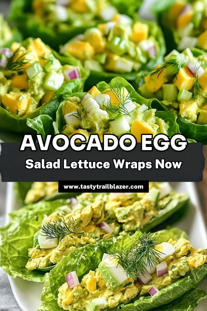 Looking for a light and delicious meal? Try these Avocado Egg Salad Wraps! This easy avocado salad recipe combines creamy avocado, boiled eggs, and Greek yogurt for a healthy low carb egg salad perfect for lettuce wraps. Enjoy these healthy lettuce wraps as a quick lunch or snack. Don't miss out on this tasty twist—save it now to make later! #AvocadoEggSaladWraps #HealthyLettuceWraps #EasyAvocadoSaladRecipe #LowCarbEggSalad