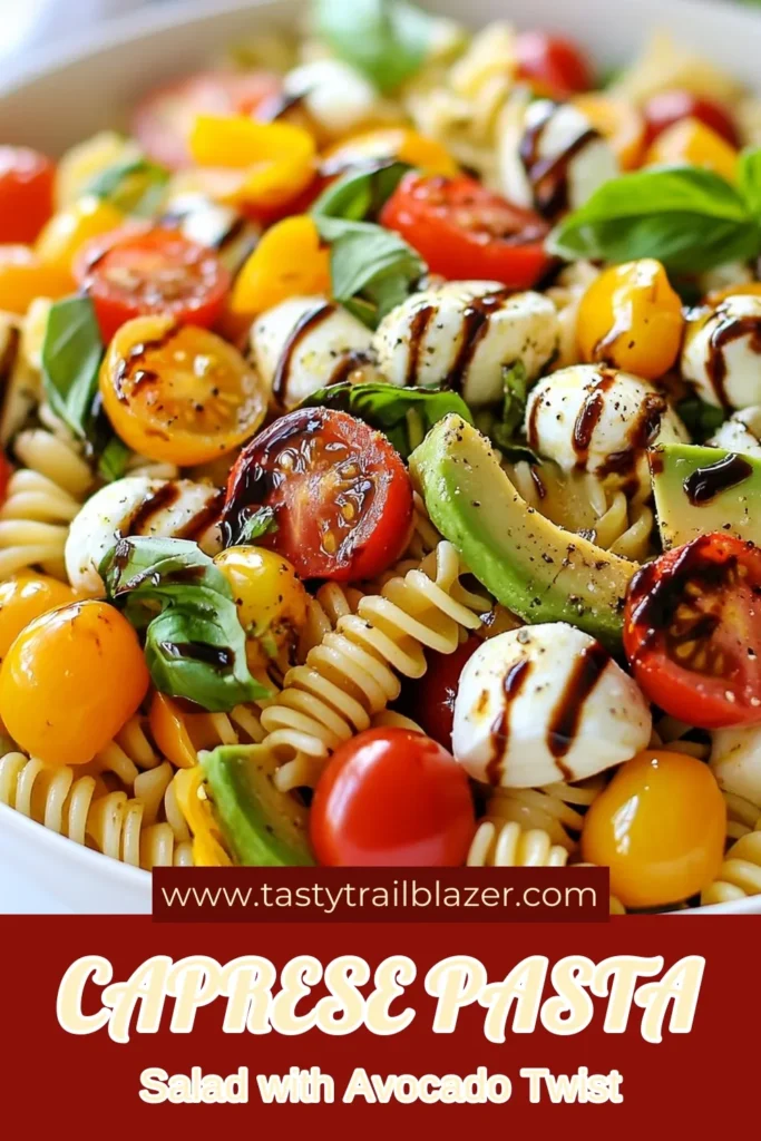 Discover the deliciousness of Caprese Pasta Salad, a refreshing rotini salad recipe that's perfect for any occasion. This fresh mozzarella pasta dish, with creamy avocado and juicy cherry tomatoes, is elevated by a tasty balsamic glaze recipe. Easy to prepare and bursting with flavor, this salad is your next go-to side or main! Save this recipe to impress your guests and enjoy the taste! #CapresePastaSalad #RotiniSalad #FreshMozzarellaPasta #AvocadoPastaSalad