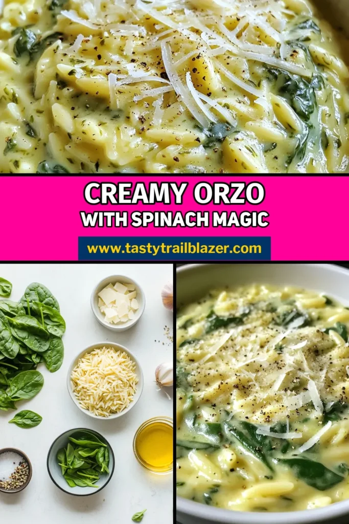 Discover the ultimate creamy spinach orzo recipe that brings comfort and flavor to your table! This vegetarian orzo dish combines tender orzo pasta with fresh spinach and rich Parmesan cheese for a delightful meal. Perfect for busy weeknights, this quick pasta recipe takes just 25 minutes to prepare. Don’t miss out on this delicious Spinach and Orzo dish—save this recipe for your next dinner! #CreamySpinachOrzo #VegetarianRecipes #QuickPasta #OrzoPasta