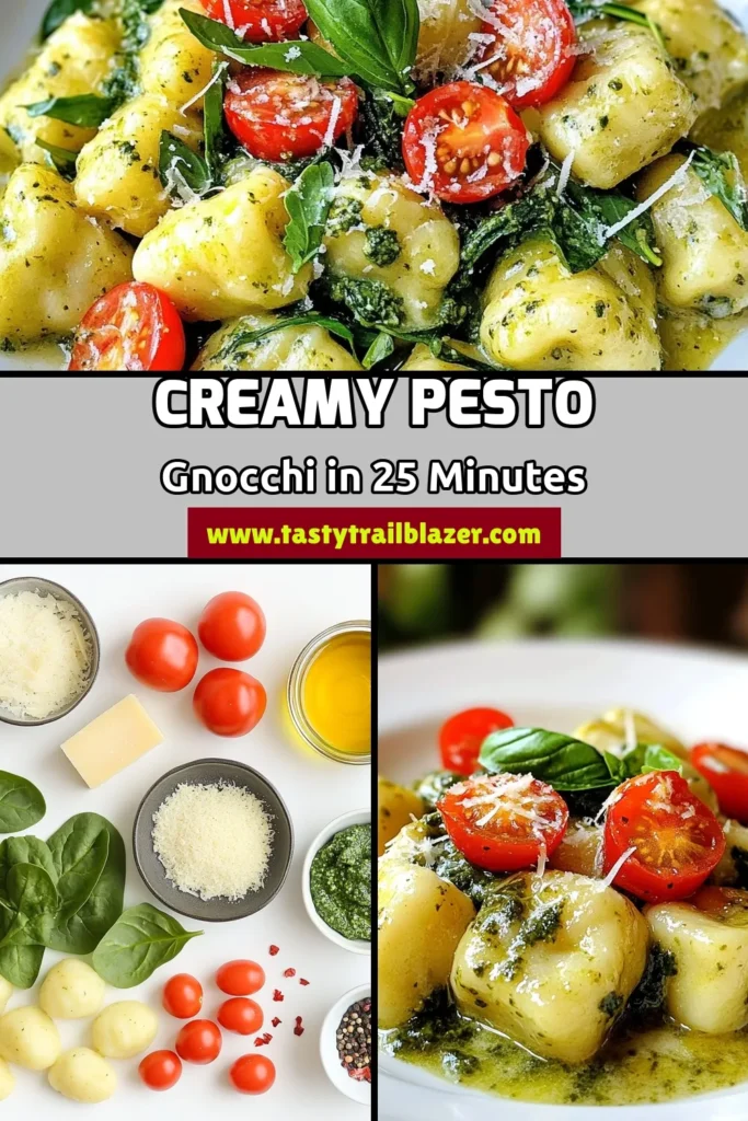 Indulge in this creamy pesto gnocchi recipe that's perfect for any night! Our easy gnocchi recipe combines fluffy potato gnocchi with a luscious pesto sauce, fresh cherry tomatoes, and baby spinach for a delightful quick pasta dish. Ready in just 25 minutes, this flavorful pesto gnocchi dish is sure to impress. Save this recipe for your next dinner adventure! #CreamyPestoGnocchi #EasyGnocchiRecipe #QuickPastaRecipes #PestoGnocchi