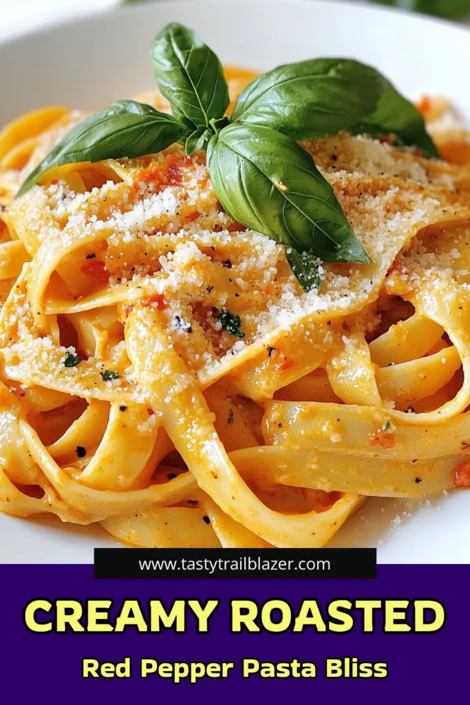 Indulge in this creamy roasted red pepper pasta, an easy pasta recipe that’s sure to impress! This roasted red pepper pasta recipe combines roasted red peppers, heavy cream, and Parmesan cheese for a deliciously rich vegetarian pasta dish. Perfect for any night of the week, especially when served with fettuccine. Try it tonight and discover a new favorite! Don't forget to save this recipe! #CreamyRoastedRedPepperPasta #VegetarianRecipes #EasyPastaRecipes #FettuccineWithRedPeppers