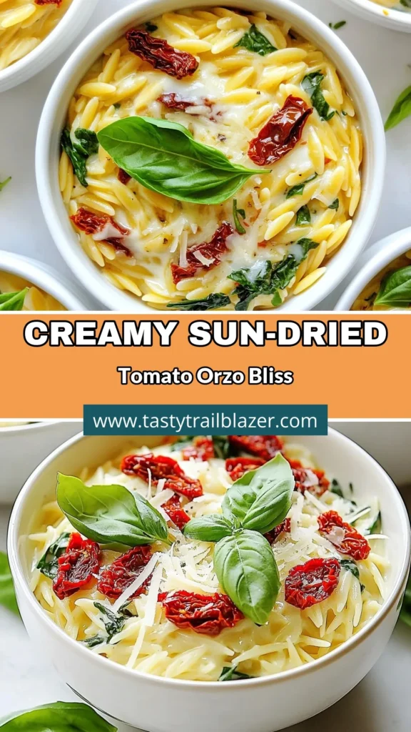 Discover this easy creamy pasta delight with our Creamy Sun-Dried Tomato Orzo! This vegetarian orzo dish features tender orzo pasta simmered in a rich sun-dried tomato sauce, making it perfect for weeknight dinners. Whether you're a seasoned cook or just starting, this orzo pasta recipe is quick and satisfying. Try it today and elevate your meal game! Save this recipe for later! #CreamyOrzo #VeganPasta #PastaRecipe #EasyDinner