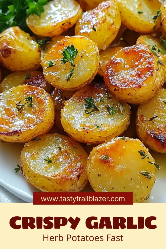 Discover how to make irresistible garlic herb roasted potatoes! These crispy roasted baby potatoes are the perfect easy potato side dish for any meal. This oven roasted potatoes recipe brings together the wonderful flavors of garlic potato seasoning and fragrant herbs. Just toss the potatoes in the seasoning, roast, and enjoy! Save this recipe for your next dinner – your family will thank you! #GarlicHerbRoastedPotatoes #EasySideDish #CrispyPotatoes #OvenRoastedPotatoes