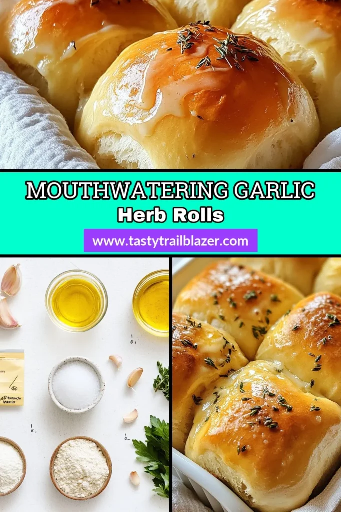 Indulge in these delicious garlic herb dinner rolls, the perfect addition to any meal. This easy dinner roll recipe yields fluffy garlic bread that everyone will love. Made with fresh herbs and garlic, these homemade garlic rolls are as delightful to eat as they are to smell. Try this herbed rolls recipe for your next gathering and watch them disappear! Save this recipe for a warm, comforting treat. #GarlicHerbDinnerRolls #HomemadeGarlicRolls #FluffyGarlicBread #EasyDinnerRollRecipe