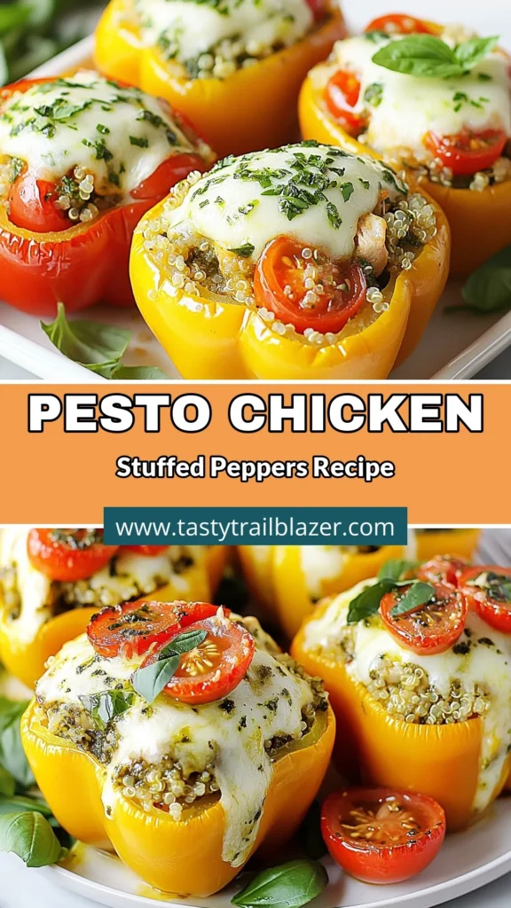 Discover the deliciousness of Pesto Chicken Stuffed Peppers with this easy stuffed bell peppers recipe! Perfect for a healthy chicken dinner, these quinoa stuffed peppers are filled with shredded chicken, basil pesto, and gooey mozzarella cheese. In just 50 minutes, you can create a flavorful meal that everyone will love. Save this easy pesto recipe for your next weeknight dinner! #HealthyDinner #StuffedPeppers #PestoRecipe #EasyDinnerIdeas
