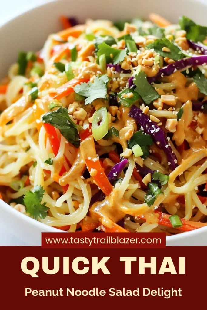 Discover the vibrant flavors of this Thai Peanut Noodle Salad, a delicious and easy rice noodle salad recipe perfect for any meal. With a creamy peanut sauce recipe that brings everything together, this healthy Thai salad is not only tasty but also vegetarian. Perfect for meal prep or a light lunch, this vegetarian noodle salad is sure to impress. Try it today and savor the deliciousness! Save this recipe for later! #ThaiPeanutNoodleSalad #HealthyEating #VeggieLovers #NoodleSalad