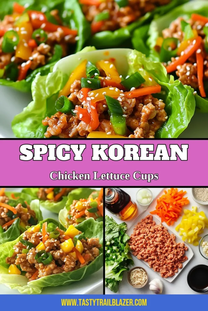 Looking for a delicious and healthy dinner idea? Try these Spicy Korean Chicken Lettuce Cups! This mouthwatering Lettuce Cups Recipe features Gochujang chicken, seasoned perfectly for a flavorful meal. These Healthy Lettuce Wraps are not only easy to make but also packed with nutritious ingredients. Perfect for meal prep or a quick weeknight dinner, this Korean Ground Chicken Recipe is a must-try! Save this recipe now and enjoy a tasty twist on dinner! #SpicyKoreanChicken #LettuceCupsRecipe #HealthyLettuceWraps #KoreanGroundChickenRecipe