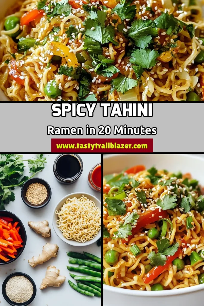Indulge in this mouthwatering spicy tahini ramen that’s perfect for a quick meal! These tahini ramen noodles are both creamy and spicy, making them an easy spicy noodles recipe any vegan will love. Whip up this quick ramen recipe in just 20 minutes with simple ingredients. Get ready to satisfy your cravings and impress your taste buds! Save for later and enjoy a delicious bowl today! #VeganRamen #QuickRamenRecipe #EasySpicyNoodles #SpicyTahiniRamen