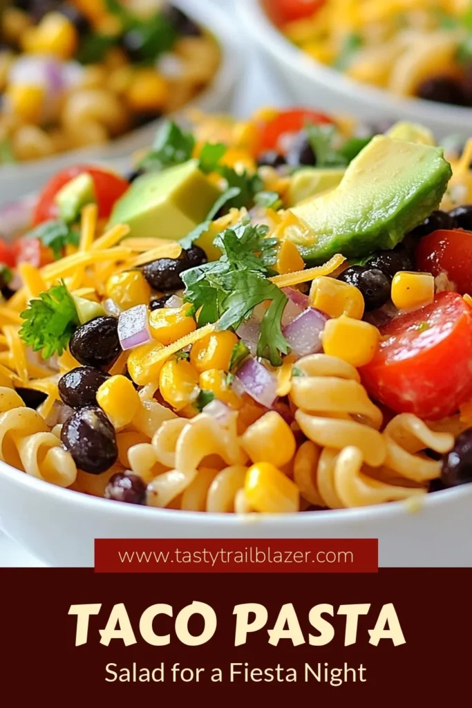Discover the perfect summer dish with this Fiesta Taco Pasta Salad! This easy taco salad combines rotini pasta, black beans, corn, and fresh veggies for a refreshing meal. Perfect for gatherings or meal prep, this rotini pasta salad recipe is quick to whip up and bursting with flavor. Include it in your summer pasta salad lineup and enjoy! Click to save this delicious recipe! #FiestaTacoPastaSalad #TacoSalad #PastaSalad #SummerRecipes