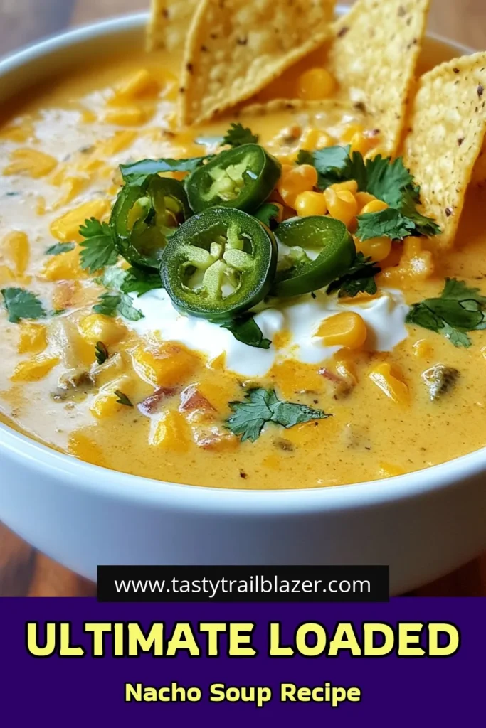 Discover the ultimate comfort food with this loaded nacho soup recipe! This creamy nacho soup is not only easy to make but also packed with flavor, featuring spicy jalapeños and cheesy goodness. Top it off with crunchy tortilla chips for the perfect bite. Ideal for game day or a cozy night in, this cheesy soup with tortilla chips is a must-try! Save this easy nacho soup for your next meal. #NachoSoup #ComfortFood #EasyRecipes #SpicySoup
