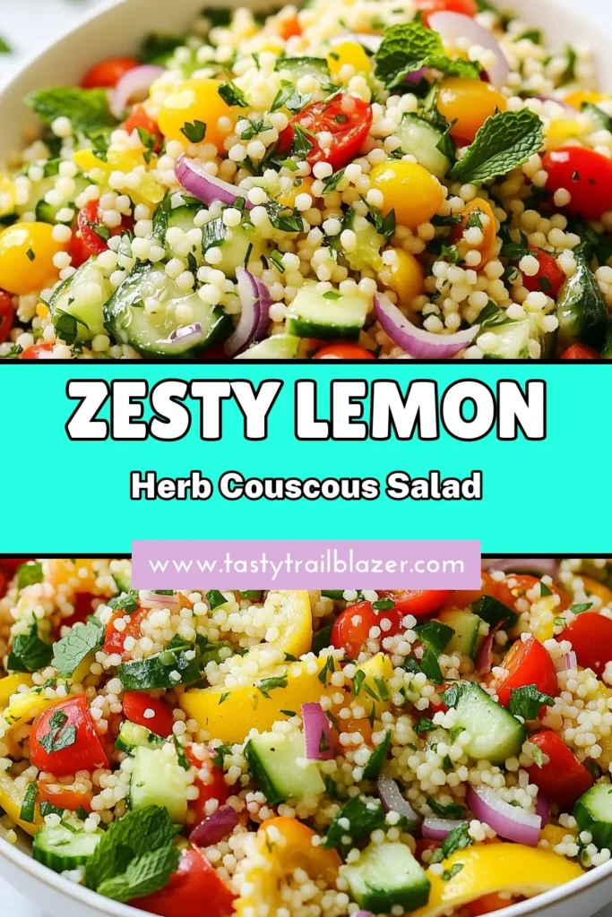 Discover the refreshing taste of Lemon Herb Couscous Salad, a delightful lemon couscous salad that’s perfect for any occasion! This easy couscous salad recipe combines fresh vegetables and herbs, making it a standout Mediterranean couscous salad. Quick to prepare, this herb couscous recipe is bursting with flavor and nutrition. Try it today and impress your guests! Save this recipe for later! #CouscousWithVegetables #EasyCouscousSalad #MediterraneanRecipes #HealthyEating