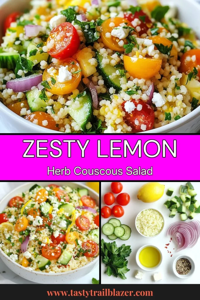 Discover the refreshing Lemon Herb Couscous Salad, a perfect addition to your healthy meal lineup! This Couscous Salad Recipe is packed with vibrant flavors from cherry tomatoes, cucumber, and fresh herbs. It’s not just delicious; it’s a wonderful Mediterranean Couscous Salad that’s quick to make and a hit at gatherings! Try this Fresh Herb Salad today and elevate your healthy couscous recipes. Save this recipe for a light, flavorful dish! #CouscousSalad #HealthyRecipes #MediterraneanDiet #FreshHerbs