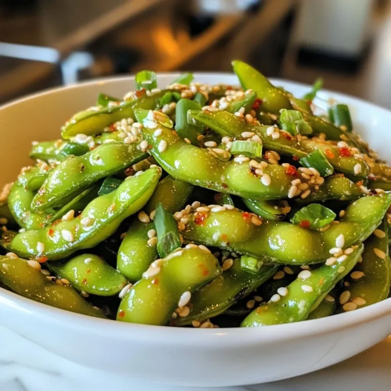 To make this tasty dish, you will need: - 2 cups edamame in pods (fresh or frozen) - 4 cloves garlic, minced - 2 tablespoons soy sauce - 1 tablespoon sesame oil - 1 teaspoon chili flakes (adjust to taste) - 1 tablespoon fresh lime juice - 1 teaspoon honey or agave syrup These ingredients come together to bring bold flavors to the edamame. The garlic adds a nice punch, while the chili flakes give it heat. You can adjust the chili flakes based on how spicy you want it. To make your dish look even better, consider these garnishes: - 1 tablespoon sesame seeds - Chopped green onions Adding these garnishes enhances the look and flavor of the dish. The sesame seeds add crunch, and the green onions give it a fresh taste. If you need to change some ingredients for dietary reasons, here are some swaps: - Use tamari instead of soy sauce for a gluten-free option. - Replace honey with maple syrup for a vegan dish. - Skip the sesame oil if you need an oil-free option. These substitutions keep the dish delicious while fitting different diets. Remember, cooking is all about creativity. You can make this dish your own while still enjoying its great taste! {{ingredient_image_1}} First, you need to cook the edamame pods. If you use frozen edamame, follow the package instructions. Usually, this means boiling them in water for a few minutes. If you prefer fresh edamame, boil them in salted water for 5-6 minutes. Once they are tender, drain them and set aside. This is a simple step, but it’s key for the texture. Next, let's make the spicy garlic sauce. Heat 1 tablespoon of sesame oil in a large skillet over medium heat. Once the oil is hot, add 4 minced garlic cloves. Cook these for 1-2 minutes or until they smell great. Be careful not to burn the garlic, as it can turn bitter. After that, stir in 2 tablespoons of soy sauce, 1 teaspoon of chili flakes, and 1 tablespoon of honey or agave syrup. Mix well to blend the flavors. Now, it’s time to combine everything. Add the cooked edamame pods to the skillet with the sauce. Toss them well to coat each pod with the spicy garlic mixture. Cook for another 2-3 minutes to let all the flavors come together. When it’s ready, remove the skillet from the heat. Drizzle 1 tablespoon of fresh lime juice over the edamame and mix again. Transfer the spicy edamame to a serving bowl. For a nice touch, garnish with sesame seeds and chopped green onions. Enjoy your flavorful dish! To change the heat, play with the chili flakes. If you like it mild, use less. For a kick, add more. You can also try fresh chili peppers for extra heat. Just remember to taste as you go. Balance is key in this dish. Whether fresh or frozen, always cook edamame until tender. For frozen, follow the package directions. If fresh, boil in salted water for 5-6 minutes. Drain them well to avoid sogginess. Keep them moving in the skillet to coat evenly. Serve your spicy edamame in a bright bowl. Sprinkle sesame seeds and chopped green onions on top. Add lime wedges for a fresh touch. This not only looks good but also adds flavor. Enjoy the colors and textures to make the dish pop! Pro Tips Adjust the Spice Level: Feel free to modify the amount of chili flakes based on your heat preference. Start with a small amount and increase it gradually for a balanced flavor. Fresh Garlic is Key: Use fresh garlic for the best flavor. Pre-minced garlic can lose its potency and alter the taste of the dish. Garnish for Presentation: Adding sesame seeds and chopped green onions not only enhances the visual appeal but also contributes to the overall texture and flavor of the dish. Lime Juice Timing: Add the lime juice at the end to preserve its bright flavor. This helps maintain the freshness and acidity of the dish. {{image_2}} To add protein to your spicy garlic edamame, try using cooked shrimp or chicken. Both pair well with the bold flavors. You can also toss in some crispy tofu. Just sauté your protein with the garlic for a tasty mix. Want a twist on the classic? Try adding miso paste for a deeper umami taste. You can also switch the chili flakes for sriracha for a different heat level. Another fun option is to use lime zest instead of juice for more zing. For a casual snack, serve the edamame in small bowls with lime wedges. If you’re hosting, use a larger bowl and add more garnishes like cilantro or chili oil. For a dinner party, pair it with rice or noodles for an exciting starter. After you make spicy garlic edamame, let it cool down. You can store it in a sealed container. Place the container in the fridge. It will stay fresh for about 3 days. When you're ready to eat, just reheat it. The flavors will still taste great. If you want to save some for later, you can freeze the edamame. First, cool it completely. Then, put it in a freezer-safe bag. Squeeze out all the air before sealing. It can last for up to 3 months in the freezer. When you want to enjoy it, just thaw it in the fridge overnight. To reheat the edamame, you have a few options. You can use a microwave. Put it in a bowl with a little water. Heat it for about 1-2 minutes. Stir halfway through to heat evenly. If you prefer, you can also reheat it on the stove. Just add a bit of oil in a pan and heat it on low. Toss it gently until warm. Enjoy your spicy garlic edamame just like it was fresh! Edamame are young soybeans. They grow in pods and have a bright green color. These beans are often served steamed or boiled. They have a slightly sweet and nutty flavor. You can find fresh or frozen edamame at many stores. They make a great snack or appetizer. Yes, you can use frozen edamame. It saves time and is easy to prepare. Just cook it according to the package instructions. Frozen edamame usually cooks faster than fresh. You will still get that tasty flavor in your dish. To make this dish vegan, swap honey for agave syrup. Both add sweetness, but agave is plant-based. All other ingredients in the recipe are vegan-friendly. You can enjoy this spicy garlic edamame without any animal products. Edamame is packed with protein and fiber. They are low in calories and rich in vitamins. They help with heart health and weight management. Edamame also contains antioxidants, which fight free radicals. Eating edamame can support your overall well-being. This blog covered how to make spicy garlic edamame. We looked at main ingredients, optional garnishes, and substitutions for diets. I provided step-by-step instructions, tips for spice, cooking, and serving ideas. You learned about variations, storage tips, and common questions. Enjoy crafting this tasty dish! It's healthy, quick, and great for sharing.
