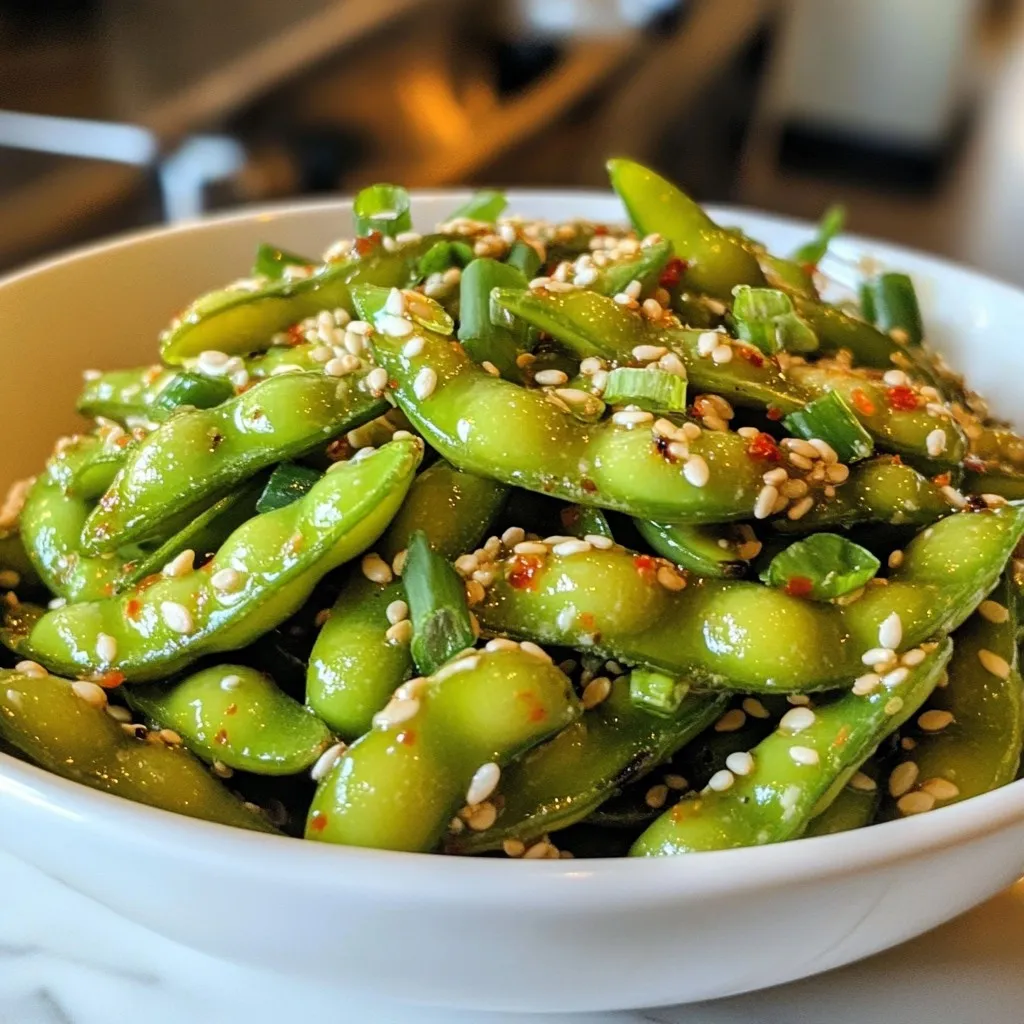 To make this tasty dish, you will need: - 2 cups edamame in pods (fresh or frozen) - 4 cloves garlic, minced - 2 tablespoons soy sauce - 1 tablespoon sesame oil - 1 teaspoon chili flakes (adjust to taste) - 1 tablespoon fresh lime juice - 1 teaspoon honey or agave syrup These ingredients come together to bring bold flavors to the edamame. The garlic adds a nice punch, while the chili flakes give it heat. You can adjust the chili flakes based on how spicy you want it. To make your dish look even better, consider these garnishes: - 1 tablespoon sesame seeds - Chopped green onions Adding these garnishes enhances the look and flavor of the dish. The sesame seeds add crunch, and the green onions give it a fresh taste. If you need to change some ingredients for dietary reasons, here are some swaps: - Use tamari instead of soy sauce for a gluten-free option. - Replace honey with maple syrup for a vegan dish. - Skip the sesame oil if you need an oil-free option. These substitutions keep the dish delicious while fitting different diets. Remember, cooking is all about creativity. You can make this dish your own while still enjoying its great taste! {{ingredient_image_1}} First, you need to cook the edamame pods. If you use frozen edamame, follow the package instructions. Usually, this means boiling them in water for a few minutes. If you prefer fresh edamame, boil them in salted water for 5-6 minutes. Once they are tender, drain them and set aside. This is a simple step, but it’s key for the texture. Next, let's make the spicy garlic sauce. Heat 1 tablespoon of sesame oil in a large skillet over medium heat. Once the oil is hot, add 4 minced garlic cloves. Cook these for 1-2 minutes or until they smell great. Be careful not to burn the garlic, as it can turn bitter. After that, stir in 2 tablespoons of soy sauce, 1 teaspoon of chili flakes, and 1 tablespoon of honey or agave syrup. Mix well to blend the flavors. Now, it’s time to combine everything. Add the cooked edamame pods to the skillet with the sauce. Toss them well to coat each pod with the spicy garlic mixture. Cook for another 2-3 minutes to let all the flavors come together. When it’s ready, remove the skillet from the heat. Drizzle 1 tablespoon of fresh lime juice over the edamame and mix again. Transfer the spicy edamame to a serving bowl. For a nice touch, garnish with sesame seeds and chopped green onions. Enjoy your flavorful dish! To change the heat, play with the chili flakes. If you like it mild, use less. For a kick, add more. You can also try fresh chili peppers for extra heat. Just remember to taste as you go. Balance is key in this dish. Whether fresh or frozen, always cook edamame until tender. For frozen, follow the package directions. If fresh, boil in salted water for 5-6 minutes. Drain them well to avoid sogginess. Keep them moving in the skillet to coat evenly. Serve your spicy edamame in a bright bowl. Sprinkle sesame seeds and chopped green onions on top. Add lime wedges for a fresh touch. This not only looks good but also adds flavor. Enjoy the colors and textures to make the dish pop! Pro Tips Adjust the Spice Level: Feel free to modify the amount of chili flakes based on your heat preference. Start with a small amount and increase it gradually for a balanced flavor. Fresh Garlic is Key: Use fresh garlic for the best flavor. Pre-minced garlic can lose its potency and alter the taste of the dish. Garnish for Presentation: Adding sesame seeds and chopped green onions not only enhances the visual appeal but also contributes to the overall texture and flavor of the dish. Lime Juice Timing: Add the lime juice at the end to preserve its bright flavor. This helps maintain the freshness and acidity of the dish. {{image_2}} To add protein to your spicy garlic edamame, try using cooked shrimp or chicken. Both pair well with the bold flavors. You can also toss in some crispy tofu. Just sauté your protein with the garlic for a tasty mix. Want a twist on the classic? Try adding miso paste for a deeper umami taste. You can also switch the chili flakes for sriracha for a different heat level. Another fun option is to use lime zest instead of juice for more zing. For a casual snack, serve the edamame in small bowls with lime wedges. If you’re hosting, use a larger bowl and add more garnishes like cilantro or chili oil. For a dinner party, pair it with rice or noodles for an exciting starter. After you make spicy garlic edamame, let it cool down. You can store it in a sealed container. Place the container in the fridge. It will stay fresh for about 3 days. When you're ready to eat, just reheat it. The flavors will still taste great. If you want to save some for later, you can freeze the edamame. First, cool it completely. Then, put it in a freezer-safe bag. Squeeze out all the air before sealing. It can last for up to 3 months in the freezer. When you want to enjoy it, just thaw it in the fridge overnight. To reheat the edamame, you have a few options. You can use a microwave. Put it in a bowl with a little water. Heat it for about 1-2 minutes. Stir halfway through to heat evenly. If you prefer, you can also reheat it on the stove. Just add a bit of oil in a pan and heat it on low. Toss it gently until warm. Enjoy your spicy garlic edamame just like it was fresh! Edamame are young soybeans. They grow in pods and have a bright green color. These beans are often served steamed or boiled. They have a slightly sweet and nutty flavor. You can find fresh or frozen edamame at many stores. They make a great snack or appetizer. Yes, you can use frozen edamame. It saves time and is easy to prepare. Just cook it according to the package instructions. Frozen edamame usually cooks faster than fresh. You will still get that tasty flavor in your dish. To make this dish vegan, swap honey for agave syrup. Both add sweetness, but agave is plant-based. All other ingredients in the recipe are vegan-friendly. You can enjoy this spicy garlic edamame without any animal products. Edamame is packed with protein and fiber. They are low in calories and rich in vitamins. They help with heart health and weight management. Edamame also contains antioxidants, which fight free radicals. Eating edamame can support your overall well-being. This blog covered how to make spicy garlic edamame. We looked at main ingredients, optional garnishes, and substitutions for diets. I provided step-by-step instructions, tips for spice, cooking, and serving ideas. You learned about variations, storage tips, and common questions. Enjoy crafting this tasty dish! It's healthy, quick, and great for sharing.