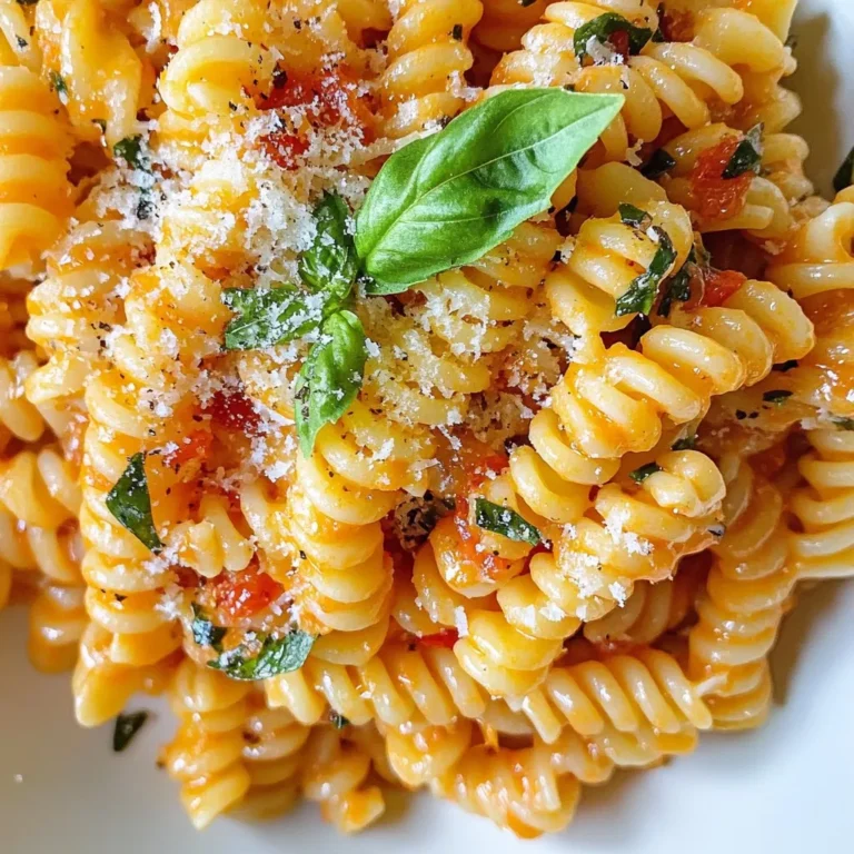 - 300g pasta (fusilli or penne works well) - 1 can (400g) crushed tomatoes - 200ml heavy cream (or coconut cream for a dairy-free option) - 2 tablespoons olive oil - 3 cloves garlic, minced - 1 teaspoon dried basil - 1 teaspoon dried oregano - Salt and pepper to taste - Fresh basil leaves for garnish - Grated Parmesan cheese for serving (optional) You need these simple items to create your creamy tomato pasta. Start with the pasta. I like fusilli or penne, but you can choose any shape you like. The crushed tomatoes provide a rich, tangy base for the sauce. Heavy cream adds that creamy touch. If you want a dairy-free dish, coconut cream works too! Olive oil helps sauté the garlic, giving it a nice flavor. Minced garlic brings a strong aroma and taste to the dish, while dried basil and oregano add depth. Don't forget salt and pepper to enhance all the flavors. For garnish, fresh basil leaves add a pop of color and freshness. If you enjoy cheese, sprinkle some grated Parmesan on top for extra richness. With these ingredients, you are on your way to a delicious meal in just 20 minutes! {{ingredient_image_1}} First, fill a large pot with water. Add a good amount of salt. Bring the water to a boil. This takes about 5–10 minutes. Once boiling, add 300g of pasta. You can use fusilli or penne. Cook the pasta for the time on the package. Aim for al dente, which means it should be firm to the bite. To check, taste a piece a minute or two before the time is up. When done, drain the pasta and set it aside. While the pasta cooks, let’s make the sauce. Heat 2 tablespoons of olive oil in a large skillet over medium heat. Add 3 minced garlic cloves. Sauté for about 1 minute. You want it fragrant but not browned. Next, pour in one can (400g) of crushed tomatoes. Add 1 teaspoon of dried basil and 1 teaspoon of dried oregano. Stir well. Let it simmer for about 5 minutes. This helps all the flavors mix together. Now, lower the heat and add 200ml of heavy cream to the sauce. If you want a dairy-free option, use coconut cream. Stir until it’s all mixed. Let the sauce simmer for 3 to 5 more minutes. Make sure it’s heated through. Then, season with salt and pepper to taste. Finally, add the drained pasta to the skillet. Toss the pasta gently to coat it with the creamy tomato sauce. Serve right away with fresh basil leaves and grated Parmesan cheese if you like. To boost flavor, try adding spices like red pepper flakes for heat or smoked paprika for depth. If you love herbs, fresh basil or parsley adds a bright taste. You can also use a splash of balsamic vinegar to add sweetness and acidity. When cooking, always sauté garlic until fragrant but not browned. This method keeps it sweet and mild. Let your sauce simmer longer for richer flavors. A simple tip is to mix in a bit of the pasta water to thin the sauce, creating a silkier texture. Prep your ingredients before cooking. Chop garlic and measure out spices ahead of time. This way, you save minutes while cooking. Keep your workspace tidy to stay focused. Use kitchen tools like a garlic press or a measuring cup to save time. A large skillet is perfect for this dish. It allows you to cook and mix everything in one pan, cutting down on dishes. For plating, use a large bowl to give your pasta space to shine. Twirl the pasta with a fork for a beautiful presentation. Garnish with fresh basil leaves for a pop of color. If you're using Parmesan, sprinkle it on just before serving. A drizzle of olive oil adds a nice finish. This makes the dish look fancy and tastes great! Pro Tips Choose the Right Pasta: For this creamy sauce, pasta shapes like fusilli or penne work best as they hold the sauce well. Don’t Overcook the Pasta: Cook the pasta until al dente, as it will continue to cook slightly when mixed with the sauce. Add Fresh Herbs: For an extra burst of flavor, consider adding fresh herbs like basil or parsley right before serving. Customize Your Cream: You can use heavy cream for richness or coconut cream for a dairy-free alternative, both giving a deliciously creamy texture. {{image_2}} You can adjust this creamy tomato pasta to fit your diet. For a dairy-free option, use coconut cream instead of heavy cream. It gives a rich taste without dairy. For those needing gluten-free meals, choose gluten-free pasta like rice or corn pasta. Both adjustments keep the dish tasty. You can add protein to make the dish heartier. Cooked chicken, shrimp, or tofu work well. Just stir them in with the sauce. This makes the meal filling and boosts flavor. You can also add veggies like spinach or bell peppers. They add color and nutrition. Toss them in during the last few minutes of cooking to keep them fresh. The type of pasta you use makes a difference. Fusilli and penne are great for this creamy sauce. They hold the sauce well and offer good texture. You can also try spaghetti or farfalle for a fun twist. Each shape changes the feel of the dish, so experiment to find your favorite! To keep your creamy tomato pasta fresh, store it in an airtight container. Let it cool completely before sealing. This helps keep the flavors intact. It’s best to eat the leftovers within 3 days. After that, the sauce may not taste as good. When reheating creamy sauces, use low heat. You can use the stove or microwave. Stir the sauce gently to keep it creamy. If it seems too thick, add a splash of water or cream. This will help regain the smooth texture. If you want to freeze your pasta, use a freezer-safe container. Leave some space at the top for expansion. You can freeze it for up to 3 months. When you are ready to eat, thaw it overnight in the fridge. Reheat it slowly on the stove, adding a bit of cream to revive the sauce. You can easily make this dish vegan by swapping some ingredients. Here are some simple swaps: - Use 200ml coconut cream instead of heavy cream. - Replace Parmesan cheese with a vegan cheese alternative or nutritional yeast. - Make sure the pasta is egg-free; look for vegan pasta options. These changes keep the flavor rich and delicious without dairy. Yes, you can prepare this dish ahead of time. Here are some tips: - Cook the pasta and sauce separately. - Store the sauce in the fridge for up to three days. - Keep the pasta in an airtight container. When ready to eat, just reheat the sauce and mix with pasta. This keeps everything fresh. Pairing dishes can enhance your meal. Here are some great options: - A simple green salad with vinaigrette. - Garlic bread for a crunchy side. - Roasted vegetables for extra flavor. These sides balance the creamy pasta and make your meal more exciting. In this post, we covered how to make creamy tomato pasta. We discussed the ingredients and cooking steps, along with useful tips to enhance flavor. You learned how to adapt the dish for dietary needs and variations. Remember to store leftovers properly and reheat them effectively. Making creamy tomato pasta is fun and rewarding. With practice, you'll create a dish that impresses everyone. Enjoy the process and share your tasty results!
