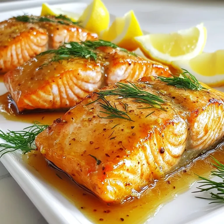 - 4 salmon fillets (6 oz each) - 1/4 cup honey - 1/4 cup Dijon mustard - 2 tablespoons soy sauce (low sodium) - 2 tablespoons olive oil - 2 cloves garlic, minced - Salt and pepper to taste - Fresh dill or parsley for garnish - Lemon wedges for serving The main ingredients for honey mustard glazed salmon are simple yet flavorful. You need fresh salmon fillets, honey, Dijon mustard, and low-sodium soy sauce. The honey gives it sweetness. Dijon mustard adds a nice tang, while soy sauce brings depth to the flavor. For the additional ingredients, olive oil helps the glaze stick and adds richness. Minced garlic enhances the dish with a savory note. Salt and pepper balance the flavors. Finally, fresh herbs like dill or parsley brighten up the dish, and lemon wedges give a zesty kick. This easy list of ingredients makes it fun to prepare. You can find them at your local store. Each component contributes to a tasty and healthy meal. {{ingredient_image_1}} 1. Preheat your oven to 400°F (200°C). This ensures even cooking for the salmon. 2. Line a baking sheet with parchment paper. This will make cleanup easy. 3. In a bowl, mix together the honey, Dijon mustard, soy sauce, and olive oil. Add minced garlic too. Whisk until the glaze is smooth and well mixed. 1. Place the salmon fillets skin-side down on the baking sheet. Season lightly with salt and pepper. 2. Pour the honey mustard glaze over the salmon. Make sure each fillet is covered well. 3. Bake the salmon in the oven for 12-15 minutes. It should flake easily with a fork when done. 4. For a nice caramelization, broil the salmon for 2-3 minutes. Watch it closely to prevent burning. 5. After baking, let the salmon rest for a couple of minutes. This allows the juices to settle. 6. Garnish with fresh dill or parsley. Serve with lemon wedges for a zesty touch. To get that perfect glaze on your salmon, pour it over the fillets slowly. Use a spoon to help spread it evenly across the salmon. This will give every bite that sweet and tangy taste you love. For the best salmon texture, watch the cooking time closely. Bake the salmon for 12-15 minutes. It should flake easily when done. If you want a bit of crisp, broil it for the last few minutes. Just stay nearby to avoid burning! When serving, place the salmon on a nice platter. Drizzle some extra glaze over the top for a shiny look. A sprinkle of fresh dill or parsley adds color and flavor. Pair this dish with steamed veggies or a fresh salad. These sides balance the rich taste of the salmon. Lemon wedges also add a zesty touch that brightens up the meal. Pro Tips Use Fresh Ingredients: Fresh salmon and high-quality honey and mustard will elevate the flavor of your dish significantly. Marinate for More Flavor: If time allows, marinate the salmon in the honey mustard glaze for 30 minutes before baking to enhance the taste. Check for Doneness: Salmon is perfectly cooked when it reaches an internal temperature of 145°F (63°C) and flakes easily with a fork. Customize the Glaze: Feel free to add a splash of orange juice or some chili flakes to the glaze for an extra flavor kick. {{image_2}} You can mix up the honey and mustard for fun. Here are some easy swaps: - Honey alternatives: Maple syrup gives a sweet, rich flavor. Agave nectar can work too if you want a lighter taste. - Mustard variations: Try whole grain mustard for a nutty bite. Yellow mustard adds a milder zing. These swaps keep your dish fresh and exciting. You can find new flavors that you love. You can cook salmon in different ways if you want to try something new. Here are some tasty options: - Grilling or pan-searing options: Grill the salmon for a smoky flavor. Sear it in a pan for crisp edges. Just be sure to use medium heat so it cooks evenly. - Cooking under a broiler for a different finish: Broil the salmon for a few minutes at the end. This caramelizes the glaze, giving it a nice crust. Keep an eye on it so it does not burn. These methods add variety and keep your cooking fun. Enjoy experimenting with your honey mustard glazed salmon! To store your honey mustard glazed salmon, first let it cool down. Place the salmon in an airtight container. You can keep it in the fridge for up to three days. If you want to save it longer, freeze it. Wrap each fillet tightly in plastic wrap, then put it in a freezer bag. It will stay good for about three months in the freezer. When you’re ready to enjoy leftovers, the best way to reheat salmon is in the oven. Preheat your oven to 350°F (175°C). Place the salmon on a baking sheet and cover it with foil. Heat for about 10-15 minutes until warm. You can also use a microwave. Place the salmon on a plate and cover it with a damp paper towel. Heat for one minute, then check. Repeat in 30-second intervals until warm. To keep the salmon moist and flavorful, avoid overcooking it. Always check for a warm center. If you like a crispy top, you can broil it for a minute after reheating. Just watch it closely to avoid burning. You can pair honey mustard glazed salmon with many tasty sides. Here are some ideas: - Steamed vegetables: Broccoli, green beans, or carrots add color and nutrition. - Roasted potatoes: Crispy potatoes complement the soft salmon well. - Quinoa or rice: These grains soak up the glaze and make a filling dish. For salads, consider these: - Mixed greens: Add a light vinaigrette for a refreshing touch. - Cucumber salad: This cool option contrasts nicely with the warm salmon. - Potato salad: A creamy version can enhance the meal's richness. Yes, you can make honey mustard glazed salmon in advance. Here are some tips for meal prepping: - Cook the salmon: Prepare it as normal and cool it completely. - Store properly: Keep the salmon in an airtight container in the fridge for up to two days. To reheat effectively: - Oven method: Preheat the oven to 350°F (175°C) and warm the salmon for about 10 minutes. - Microwave method: Use a microwave-safe dish and cover it. Heat in short bursts to avoid overcooking. If you need a substitute for Dijon mustard, you have options. Here are some alternatives: - Yellow mustard: It has a milder flavor but works well. - Honey mustard: This adds sweetness and complements the glaze. - Spicy brown mustard: This gives a bit more kick if you prefer heat. Feel free to experiment with these flavors to find your favorite! This blog post covers a delicious honey mustard glazed salmon recipe. We explored key ingredients like salmon, honey, and Dijon mustard. You learned step-by-step instructions for preparation and cooking. We shared tips for perfect texture and attractive presentation ideas. In conclusion, this simple recipe and helpful tips can enhance your cooking skills. Try out the variations to keep meals exciting. Enjoy your time in the kitchen while serving up tasty dishes!