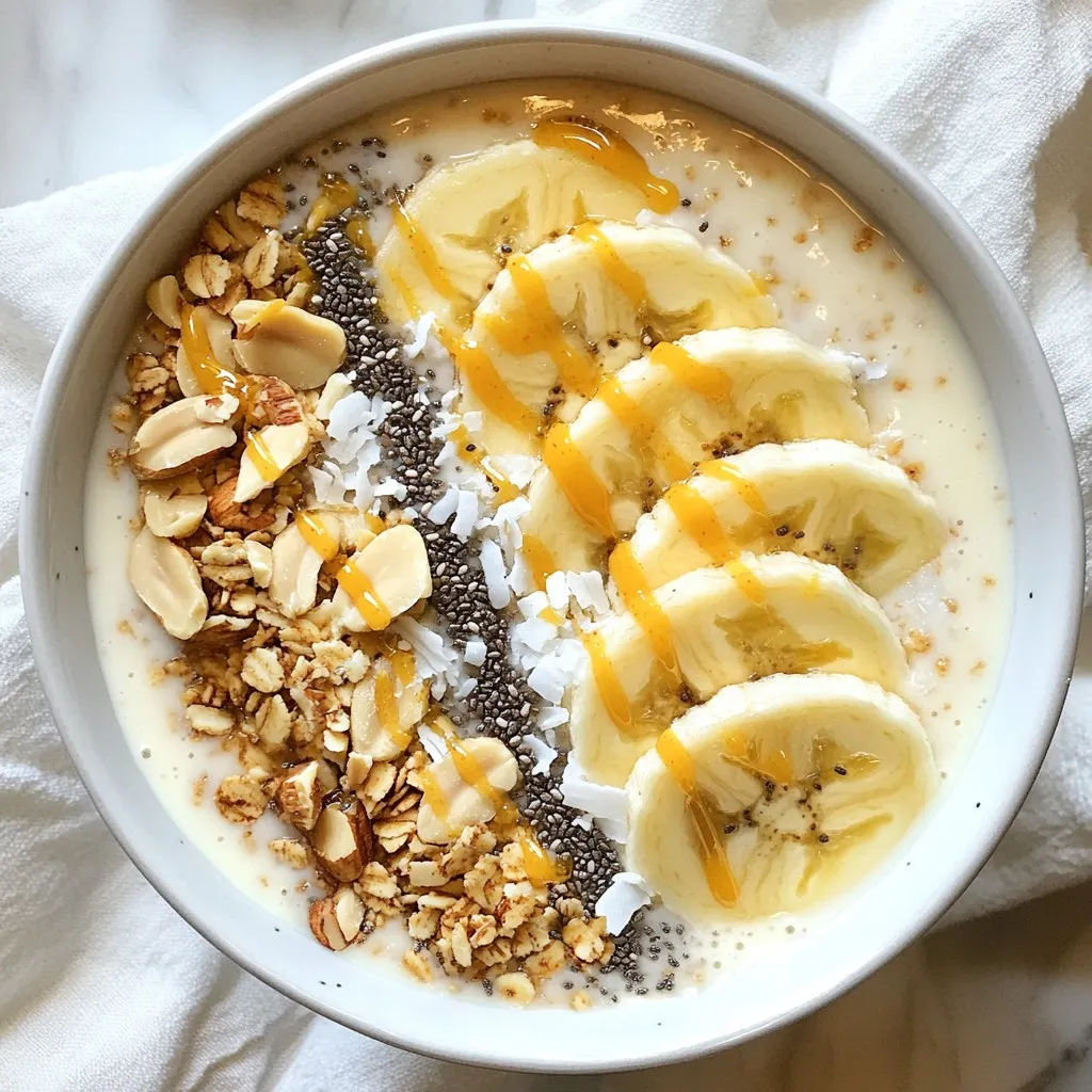 - 2 ripe bananas, frozen - 1/2 cup unsweetened almond milk - 3 tablespoons creamy peanut butter - 1 tablespoon honey or maple syrup (optional) - 1/4 teaspoon vanilla extract - 1/4 teaspoon cinnamon To make a great Peanut Butter Banana Smoothie Bowl, start with ripe bananas. They add a natural sweetness. Frozen bananas give the smoothie a thick and creamy texture. Next, pour in unsweetened almond milk. You can use any milk you like. Creamy peanut butter adds richness and flavor. It’s the star of this bowl! If you want extra sweetness, add honey or maple syrup. A hint of vanilla extract and a sprinkle of cinnamon boosts the flavor. - Sliced bananas - Granola - Chopped nuts - Chia seeds - Shredded coconut - Extra peanut butter drizzle Toppings make the smoothie bowl fun and tasty. You can add sliced bananas for freshness. Granola adds a nice crunch. Chopped nuts give it a healthy twist. Chia seeds offer extra fiber and nutrition. Shredded coconut adds a tropical touch. Don’t forget a drizzle of extra peanut butter for more flavor! Mix and match these toppings to suit your taste. {{ingredient_image_1}} First, gather your ingredients. You need frozen bananas, almond milk, peanut butter, honey or maple syrup, vanilla extract, and cinnamon. Next, add all the ingredients to your blender. I like to start with the almond milk, as it helps the blades move easily. Then, toss in the frozen bananas. After that, add the peanut butter, honey or maple syrup, vanilla, and cinnamon. Blend everything on high speed until it's smooth and creamy. You may need to stop and scrape the sides to mix well. This ensures every bit gets blended. After your smoothie is smooth, pour it into a bowl. This is where you can get creative! Now for the fun part: adding toppings. You can use sliced bananas, granola, chopped nuts, chia seeds, or shredded coconut. Arrange them nicely on top. For an extra treat, drizzle some more peanut butter on top. This adds flavor and looks great! Serve your smoothie bowl right away for the best taste. You can add a few garnishes, like extra banana slices or a sprinkle of cinnamon, if you like. Pair this bowl with a side of toast or some yogurt. This makes a filling breakfast or snack. Enjoy the tasty mix of flavors! To get a smooth and creamy texture, use frozen bananas. They make the smoothie cold and thick. When blending, start on low speed. Gradually increase to high speed. This helps mix everything well. If your smoothie is too thick, add more almond milk. Just a splash will do. If it’s too thin, add more frozen bananas. When it comes to sweetness, pick your favorite sweetener. Honey or maple syrup works great. You can try agave nectar too. If your bananas are very ripe, you might not need extra sweetener. Taste your smoothie before adding more. Adjust the sweetness to your liking. This balance brings out the banana and peanut butter flavors. To make your smoothie bowl look great, arrange the toppings nicely. Start with sliced bananas in a circle. Next, sprinkle granola evenly on top. Add chopped nuts and chia seeds for texture. Finish with shredded coconut. A drizzle of extra peanut butter adds both flavor and style. Use colorful ingredients for a fun look. This makes your bowl more inviting and appetizing. Pro Tips Use Ripe Bananas: The riper the bananas, the sweeter your smoothie bowl will be. Look for bananas with brown spots for optimal flavor. Customize Your Milk: Feel free to substitute almond milk with any milk of your choice. Coconut milk adds a creamy texture, while oat milk gives a slight sweetness. Experiment with Toppings: Get creative with your toppings! Try different nuts, seeds, or even fresh berries to add color and nutrition. Make it Ahead: For a quick breakfast, prep your smoothie mixture the night before and store it in the fridge. Just blend in the morning for a fast and nutritious meal. {{image_2}} You can switch up the base of your smoothie bowl. If you want a dairy-free option, try coconut milk instead of almond milk. For nut-free choices, use oat milk or soy milk. You can also mix in other fruits. Berries, mangoes, or even spinach can add a fun twist to your bowl. Want to boost the nutrition? Adding superfoods can help! Consider mixing in a tablespoon of chia seeds or flaxseeds. These will give your bowl an extra health kick. You can also add spices for flavor. A pinch of nutmeg or a hint of ginger can make your smoothie bowl unique and tasty. Fresh fruits make great toppings! In summer, use berries or peaches. In fall, try apples or pears. You can also have fun with themed toppings for holidays. For Halloween, use orange slices or black sesame seeds. For Christmas, sprinkle some pomegranate seeds for a festive touch. You can store leftovers of your smoothie bowl in the fridge. Use an airtight container. It stays fresh for up to two days. If you want to freeze it, pour the smoothie into ice cube trays. This way, it keeps well for about three months. When ready to use, blend the cubes with a bit of milk. If you have extra ingredients, feel free to get creative! You can add leftover smoothie to your regular smoothies. It adds flavor and nutrition. For the toppings, use any extras in yogurt or oatmeal. They make great snacks and add crunch and taste. Yes, you can use fresh bananas. However, frozen bananas give a creamier texture. They also keep your smoothie bowl cold. If you use fresh bananas, add some ice to chill it. A smoothie bowl can last about one day in the fridge. Store it in an airtight container. The toppings may get soggy, so add them fresh when you eat. Yes, this smoothie bowl is great for meal prep. You can blend the base and store it. Just add toppings right before eating for the best taste and texture. You can use any milk you like. Options include cow’s milk, soy milk, or oat milk. Each milk gives a different taste, so choose what you enjoy most. To make this recipe vegan, use maple syrup instead of honey. Also, choose plant-based milk. All the other ingredients are already vegan-friendly. Enjoy your tasty smoothie bowl! This blog post covered how to make a delicious smoothie bowl. We discussed key ingredients, from ripe bananas to creamy peanut butter. You learned how to prepare the base, add fun toppings, and present your bowl nicely. Experiment with flavors and ingredients to make it your own. Remember, use what you have on hand and enjoy the process! With these tips and tricks, you can create the perfect breakfast or snack. Enjoy your tasty creation!