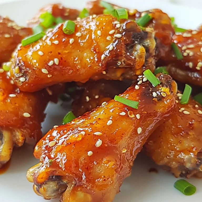 - 2 pounds chicken wings - 1/4 cup Sriracha sauce - 1/4 cup honey - 2 tablespoons soy sauce - 2 tablespoons vegetable oil - 1 tablespoon garlic powder - 1 teaspoon ground ginger - 1/2 teaspoon black pepper - 1/4 teaspoon salt - 1 tablespoon sesame seeds (for garnish) - 2 green onions, chopped (for garnish) Each serving of Spicy Sriracha Honey Wings has about 400 calories. The wings contain protein, fats, and carbohydrates. You get around 25 grams of protein, 20 grams of fat, and 30 grams of carbs. This balance makes them a tasty snack that fills you up. - Baking sheet - Mixing bowls - Measuring spoons and cups When you gather these ingredients and tools, you set yourself up for success. Each item plays a key role in bringing those crispy, spicy wings to life. Enjoy the process and the wonderful smells as you cook! {{ingredient_image_1}} First, set your oven to 425°F (220°C). This high heat helps the wings get crispy. Line a baking sheet with aluminum foil or parchment paper. This makes cleanup easy. Take a large bowl and add the chicken wings. Pour in the vegetable oil, garlic powder, ground ginger, black pepper, and salt. Mix everything well. Make sure each wing is coated evenly. This step adds flavor to every bite. In a separate bowl, combine the Sriracha sauce, honey, and soy sauce. Stir until the mixture is smooth and well blended. This sauce will give the wings their spicy and sweet kick. Once the wings are coated, pour half of the Sriracha-honey sauce over them. Toss the wings to make sure they are fully covered. Arrange the wings in a single layer on the baking sheet. Bake for about 30 minutes. Flip them halfway through to ensure they cook evenly. After 30 minutes, take the wings out of the oven. Brush the remaining Sriracha-honey sauce over the wings. Return them to the oven for an extra 10 to 15 minutes. This step helps caramelize the sauce and makes the wings crispy. Once done, let the wings rest for a few minutes. Transfer them to a serving platter. Sprinkle sesame seeds and chopped green onions on top. This adds a pop of color and flavor. Serve them on a rustic wooden board or a bright platter. Enjoy with extra Sriracha sauce for dipping! To get crispy wings, keep your oven at 425°F. This high heat helps them cook fast and evenly. Bake for 30 minutes, flipping halfway through. This step is key to a crunchy outside and juicy inside. After 30 minutes, brush on more sauce and bake for another 10 to 15 minutes. This caramelizes the wings and adds a nice glaze. Want to spice things up? Consider adding smoked paprika for a smoky flavor. You could also mix in chili powder for extra heat. If you love garlic, try adding minced garlic to the sauce for a richer taste. A splash of lime juice can brighten the flavors too. Get creative and make these wings your own! These wings shine when served with sides. Try pairing them with crunchy celery or carrot sticks. A cool ranch or blue cheese dip balances the heat well. For a fun twist, serve them with a side of sweet potato fries. You can even add some pickles for a tangy crunch. Present them on a bright platter with a small bowl of extra sauce for dipping. Pro Tips Marinate for More Flavor: For an extra punch of flavor, marinate the chicken wings in the seasoning mix for at least 30 minutes, or overnight if possible. Use High-Quality Honey: The quality of honey can significantly affect the taste. Opt for raw, unfiltered honey for a richer flavor. Keep an Eye on Crispiness: Ovens can vary, so check the wings a few minutes before the recommended baking time to ensure they don’t burn. Experiment with Heat Levels: Adjust the amount of Sriracha based on your heat preference. You can also mix in other hot sauces for a unique twist. {{image_2}} Adding minced garlic to the sauce makes these wings even better. Garlic brings a rich flavor that blends perfectly with the sweet and spicy mix. To do this, finely chop two cloves of garlic. Mix it with the Sriracha, honey, and soy sauce. Stir until well combined. This small change adds depth and a comforting aroma. You will love how the garlic enhances each bite. You can choose to bake or fry your wings. Baking is healthier and easier. It requires less oil and gives crispy wings with a nice glaze. Baking also helps keep the kitchen clean. On the other hand, frying gives wings a different, crunchy texture. Fried wings tend to be juicier but can be greasy if not done right. Both methods can be delicious, so pick what suits your taste! If you want to switch things up, try using different sweeteners. Maple syrup can give a unique flavor. It adds a hint of earthiness that works well with spicy Sriracha. Agave nectar is another option. It’s sweeter and lighter than honey. Both options keep the wings tasty while changing the flavor profile a bit. These sweeteners can help cater to different diets, too. After cooking your spicy Sriracha honey wings, let them cool. Place the wings in an airtight container. Store them in the fridge for up to three days. Make sure they are fully cooled before sealing to avoid condensation. This keeps the wings fresh and tasty. To freeze the wings, first, cool them completely. Arrange the wings in a single layer on a baking sheet. Freeze them for about one hour. This prevents the wings from sticking together. Once frozen, transfer them to a freezer bag. They can stay frozen for up to three months. When ready to enjoy, thaw in the fridge overnight before reheating. For the best crispy wings, use the oven. Preheat your oven to 375°F (190°C). Spread the wings on a baking sheet in a single layer. Bake for about 15-20 minutes, flipping halfway through. This method revives the crispiness and flavor. If you’re in a hurry, you can use a microwave, but it may make them soft. Yes, you can use frozen chicken wings. Just make sure to thaw them first. Thaw wings in the fridge overnight or use cold water to speed up the process. Cooking time may change a bit. Always check that they reach an internal temperature of 165°F (74°C). If you need a substitute for Sriracha, try using another hot sauce. You can also mix chili paste or hot pepper sauce with honey. This will give you a similar sweet and spicy kick. You can even use a blend of ketchup and hot sauce for a milder option. To make these wings less spicy, use less Sriracha. Start with a tablespoon and add more if needed. You can also mix in some extra honey to balance the heat. Another option is to add a touch of yogurt or sour cream to the sauce for a creamy, cooling effect. You now have a delicious and easy recipe for Sriracha honey wings. We covered all the ingredients, equipment, and steps needed to make this dish. You learned tips for better wings and ways to store them. Whether you're hosting a party or having a quiet night, these wings are a great choice. Experiment with flavors and enjoy your cooking. With practice, you’ll make wings that impress everyone. Get cooking and enjoy every bite!