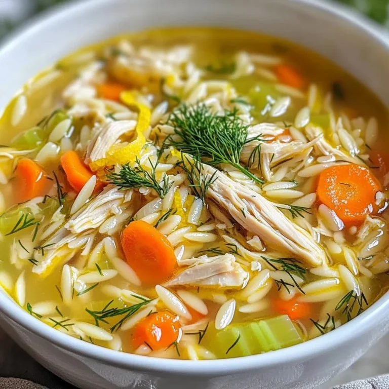 To make Greek Lemon Chicken Soup, gather these ingredients: - 1 tablespoon olive oil - 1 medium onion, diced - 2 cloves garlic, minced - 2 large carrots, sliced - 2 celery stalks, sliced - 6 cups chicken broth - 1 pound boneless, skinless chicken breasts - 1 cup uncooked orzo pasta (or rice for a gluten-free option) - 2 large eggs - 1/4 cup fresh lemon juice (about 2 lemons) - Zest of 1 lemon - 1/2 teaspoon dried oregano - Salt and pepper to taste - Fresh dill or parsley, chopped (for garnish) When picking fresh ingredients, look for bright colors. Choose firm vegetables. For onions, select those that are smooth and dry. Garlic should feel heavy and firm. When buying chicken, ensure it is pink with no odors. Fresh lemons should feel heavy for their size. For a gluten-free version, swap orzo with rice. You can also use quinoa for a nutty taste. If you prefer a vegetarian soup, replace chicken with firm tofu or chickpeas. Use vegetable broth instead of chicken broth. This way, you maintain flavor without the meat. {{ingredient_image_1}} 1. Heat the olive oil in a large pot over medium heat. Add the diced onion and cook for about 5 minutes. The onion should look soft and clear. 2. Add minced garlic, sliced carrots, and celery. Stir and cook for another 3-4 minutes. The veggies should be tender but not mushy. 3. Pour in the chicken broth and bring it to a boil. Add the chicken breasts and orzo pasta. Lower the heat to medium-low and let it simmer for 15-20 minutes. Make sure the chicken is cooked through and the orzo is tender. 4. Remove the chicken from the pot. Shred it using two forks. Return the shredded chicken back into the pot. 5. In a small bowl, whisk together the eggs, lemon juice, and lemon zest. This mix should be smooth and well combined. 6. Tempering the egg mixture is key. Slowly add a ladle of hot soup into the bowl while whisking. This step helps prevent curdling. 7. Gradually add the tempered egg mixture back into the soup. Stir gently so everything mixes well. Avoid boiling it again. 8. Season the soup with dried oregano, salt, and pepper. Remove the pot from the heat. 9. Garnish with fresh dill or parsley before serving. - Sautéing the onion and garlic builds a strong base of flavor. This step is crucial for a tasty soup. - Tempering the eggs adds creaminess without curdling. It gives the soup a rich texture. - Fresh lemon juice and zest brighten the dish. They enhance the flavor and aroma, making it fresh and zesty. - Using homemade chicken broth elevates the soup’s taste. If you have time, make your broth for the best flavor. - Don’t skip the sautéing step. It adds depth to the soup. - Avoid boiling the soup after adding the egg mixture. This prevents curdling. - Make sure the chicken is fully cooked before shredding. Undercooked chicken can spoil the dish. - Taste and adjust seasoning before serving. Each broth can differ in saltiness, so be mindful. Store leftover Greek Lemon Chicken Soup in an airtight container. This keeps it fresh. Allow the soup to cool before sealing. It helps prevent steam buildup. Use the soup within three days for best taste. Label your container with the date for easy tracking. When reheating, use a pot on the stove. Heat it over medium, stirring gently. Avoid boiling the soup as it can change the texture. If it’s too thick, add a splash of broth or water. You can also microwave it in short bursts, stirring in between. Taste your soup before serving. Adjust the salt and pepper as needed. Fresh lemon juice brightens the flavors. Add a little more lemon juice if the soup needs zest. Use fresh herbs like dill or parsley for a burst of flavor. They add a nice touch right before serving. Pro Tips Use Fresh Ingredients: Fresh herbs and vegetables enhance the flavor of your soup significantly. Whenever possible, opt for fresh over dried. Perfectly Temper the Eggs: To avoid curdling the eggs, always temper them by slowly adding hot soup to the egg mixture while whisking continuously before adding it back to the pot. Customize Your Protein: Feel free to substitute the chicken breasts with shredded rotisserie chicken or even chickpeas for a vegetarian option. Adjust the Thickness: If you prefer a thicker soup, add more orzo or reduce the amount of broth. Conversely, for a lighter soup, use more broth or less pasta. {{image_2}} You can change the protein in Greek Lemon Chicken Soup easily. Instead of chicken, try turkey. Turkey adds a nice flavor and keeps it light. You can also use shredded rotisserie chicken for a quick option. If you want something plant-based, tofu works well too. Just make sure to add it when the soup is almost done cooking. You can make this soup your own by adding or swapping veggies. Try adding spinach or kale for a healthy boost. Zucchini or bell peppers also add great taste and color. If you want more texture, consider adding green beans. Remember, the key is to cut the vegetables into small pieces. This helps them cook evenly and blend nicely with the soup. Want to take your soup to the next level? Add a pinch of cumin for warmth. You can also stir in some fresh herbs like basil or mint for a fresh twist. If you like heat, add a dash of red pepper flakes. For a creamy version, mix in some coconut milk. These simple changes can turn your Greek Lemon Chicken Soup into a unique dish everyone will love. To keep your Greek Lemon Chicken Soup fresh, let it cool first. Once cooled, transfer it to an airtight container. Make sure to seal it well. Store it in the refrigerator for up to three days. This soup tastes better the next day. The flavors meld together nicely overnight. Freezing is a great way to save your soup. Portion the soup into smaller containers. This makes it easy to thaw just what you need. Freeze it for up to three months. When ready to enjoy, thaw it overnight in the fridge. Reheat it gently on the stove. Avoid boiling to keep the eggs from curdling. Use glass or BPA-free plastic containers for storage. Glass containers can handle heat well and are easy to clean. If you choose plastic, ensure it can withstand freezing. Look for containers with tight-fitting lids to prevent air leaks. This keeps your soup fresh and tasty. Greek Lemon Chicken Soup, or Avgolemono, has roots in ancient Greece. This dish blends a few key flavors: chicken, lemon, and egg. Many families have their own special ways to make it. It is a comforting meal, often enjoyed during colder months or when someone is sick. The soup reflects Greek culture's love for fresh ingredients and bold flavors. Yes, you can make Greek Lemon Chicken Soup in a slow cooker! Start by adding all the ingredients except the eggs, lemon juice, and herbs. Cook on low for 6-8 hours or high for 3-4 hours. When done, remove the chicken, shred it, and return it to the pot. Then, whisk the eggs and lemon juice like in the stovetop method. Stir it in gently. This way, you can enjoy the same great taste with less hands-on time. To make Greek Lemon Chicken Soup dairy-free, skip the eggs. Use a mix of lemon juice and cornstarch to thicken the soup instead. Just blend one tablespoon of cornstarch with two tablespoons of cold water. Add this mix to your soup near the end of cooking. Adjust the lemon juice to taste. This way, you get a tasty, creamy feeling without dairy! Greek Lemon Chicken Soup is a tasty dish that combines bright flavors and comfort. We covered its fresh ingredients, cooking steps, and smart tips to avoid common mistakes. You learned how to store and reheat soup while keeping it delicious. Plus, we explored variations to make it your own. Remember, cooking is about trying new things and having fun. Enjoy creating this dish and sharing it with others for a meal that warms the heart.
