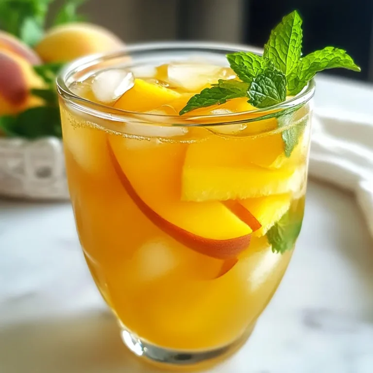 To make Ginger Peach Iced Tea, you need simple, fresh ingredients. Here’s what you’ll need: - 4 cups water - 2 black tea bags - 1 large ripe peach, sliced - 1 tablespoon fresh ginger, grated - 2 tablespoons honey (adjust to taste) - Juice of 1 lemon - Ice cubes - Fresh mint for garnish (optional) These ingredients blend to create a drink that is both sweet and spicy. Each ingredient in this iced tea offers health perks: - Water: Hydrates your body. It helps with digestion and keeps your skin clear. - Black tea: Rich in antioxidants, it can improve heart health and boost your mood. - Peach: Offers vitamins A and C, which are good for your skin and immune system. - Ginger: Helps with digestion and can reduce nausea. It also has anti-inflammatory properties. - Honey: A natural sweetener with antioxidants. It may help soothe a sore throat. - Lemon juice: High in vitamin C, it boosts your immune system and adds a zesty flavor. - Mint: Freshens your breath and aids in digestion. If you want to change the sweetness, you have options: - Agave syrup: A plant-based sweetener that is sweeter than honey. - Stevia: A calorie-free sweetener made from the stevia plant. - Maple syrup: Adds a unique flavor while being a natural sweetener. - Coconut sugar: A less processed option with a caramel-like taste. These alternatives can help you customize the drink to fit your taste. {{ingredient_image_1}} To make Ginger Peach Iced Tea, start by boiling 4 cups of water in a medium saucepan. Once the water boils, remove it from heat. Add 2 black tea bags and 1 tablespoon of grated fresh ginger. Let this mixture steep for 5 to 7 minutes. This step is key; it brings out the rich flavors. After steeping, take out the tea bags and strain out the ginger pieces. Stir in 2 tablespoons of honey and the juice of 1 lemon while the tea is warm. This helps the honey dissolve well. Next, allow the tea to cool to room temperature. Then, refrigerate it for at least 1 hour. This chilling step makes the drink refreshing. Once chilled, fill your glasses with ice cubes. Pour the tea over the ice. Finally, add sliced peaches to each glass. If you like, garnish with fresh mint. This drink is a treat! To get the best flavor, use high-quality black tea bags. Stronger tea gives a better base for the drink. Always steep the tea for the right time. Steeping too long can make it bitter. Use fresh ginger for a bright flavor. Fresh ingredients make a big difference! If you want a bit more spice, add more ginger. You can adjust the sweetness to your taste. If you like it sweeter, add more honey. You can also use other sweeteners like agave or maple syrup. If you prefer less sweetness, cut back on the honey. To add more flavor, try using different fruits. Berries or citrus can add a fun twist. Taste as you go to find your perfect balance! To brew the best iced tea, start with fresh water. Use filtered water if possible. Boil 4 cups of water in a medium saucepan. Once it reaches a rolling boil, take it off the heat. Add 2 black tea bags and 1 tablespoon of fresh ginger, grated. Let it steep for 5-7 minutes. This time allows the flavors to blend well. Remove the tea bags and strain out the ginger. Stir in 2 tablespoons of honey and the juice of 1 lemon. Mixing while warm helps dissolve the honey easily. Choosing ripe peaches is key. Look for peaches with a slightly soft feel. To slice, first wash the peach under running water. Cut the peach in half around the pit. Twist each half gently to separate. Use a knife to cut the flesh into thin slices. Aim for about 1/4 inch thickness. This size will blend well with your iced tea, adding great flavor. Serve your Ginger Peach Iced Tea in tall glasses over ice cubes. Add the peach slices directly into each glass for a pretty touch. If you like, garnish with fresh mint for color and aroma. This adds a nice pop and makes it look lovely. Enjoy your drink on a warm day for the best experience! Pro Tips Use Fresh Ingredients: Always opt for fresh peaches and ginger to enhance the flavor of your iced tea. It makes a significant difference in taste. Adjust Sweetness: Feel free to adjust the amount of honey based on your preference for sweetness. Start with less and add more as needed. Chill Properly: Allow the tea to chill in the refrigerator for at least an hour for the best flavor. This also helps the tea to become more refreshing. Garnish Creatively: Add extra garnishes like lemon slices or additional mint leaves to elevate the presentation and flavor of your drink. {{image_2}} You can make Ginger Peach Iced Tea into a fun drink for adults. Just add your favorite spirit. Vodka or rum works great. For a peachy twist, use peach schnapps. Mix one part tea with one part liquor. Serve over ice with peach slices for a refreshing cocktail. You can change the flavor by adding other fruits. Try berries like strawberries or raspberries. They add a nice color and taste. You can also use citrus fruits like oranges or limes. Slice them and add them to your tea for a fruity kick. Mixing different fruits keeps it fresh and exciting. If you prefer hot tea, you can enjoy this as a warm drink. Just follow the same steps but skip the ice. Serve it hot in a cozy cup. It’s perfect for chilly days or when you want something soothing. The ginger is warm and comforting while the peach adds sweetness. You can store leftover Ginger Peach Iced Tea in a pitcher or a sealed jar. Make sure to keep it in the fridge. This keeps the tea cool and fresh. If you have peach slices left in the tea, remove them. They can get mushy and change the flavor over time. Your iced tea will taste best if you drink it within 3 to 5 days. After that, it may lose its crisp taste. Always check for any off smells or changes in color. If you notice anything strange, it’s best to toss it out. Freezing is a great way to save your iced tea for later. Pour the tea into ice cube trays. Leave some space at the top for expansion. Once frozen, pop out the cubes and store them in a freezer bag. You can add these cubes to drinks later for a cool twist! Yes, you can use other types of tea. Green tea, herbal tea, or white tea work well. Each type brings a new taste. Green tea adds a fresh, grassy note. Herbal tea can give fruity or floral hints. Experiment with what you like best! Ginger Peach Iced Tea offers health benefits. Ginger aids digestion and can reduce nausea. Peaches are rich in vitamins and antioxidants. Black tea has less caffeine than coffee and contains polyphenols, which are good for heart health. Enjoy this drink guilt-free! To make Ginger Peach Iced Tea caffeine-free, swap black tea for herbal tea. Herbal teas, like rooibos or chamomile, have no caffeine. Follow the same steps in the recipe for a tasty drink without caffeine. If you prefer a different sweetener, try maple syrup or agave nectar. You can also use stevia or coconut sugar for a natural option. Adjust the amount to your taste. Each sweetener will change the flavor slightly, so taste as you go. For a party, serve Ginger Peach Iced Tea in a large pitcher. Add ice to the pitcher to keep it cool. Garnish each glass with mint and extra peach slices. You can also make a fun ice cube tray with peach slices for extra flair! Ginger Peach Iced Tea blends tasty flavors with health benefits. You learned about key ingredients and their advantages. I shared tips for brewing and adjusting sweetness for your taste. Variations let you get creative, even with alcoholic options. Proper storage helps keep your tea fresh. Now, you have all the tools to make the perfect drink. Enjoy brewing and sipping your delicious ginger peach tea!