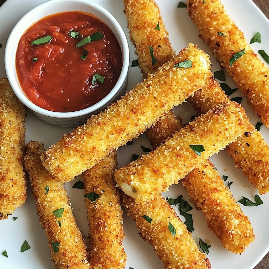 To make crispy air fryer mozzarella sticks, gather these simple ingredients: - 12 sticks of part-skim mozzarella cheese - 1 cup all-purpose flour - 2 large eggs - 1 cup Italian seasoned breadcrumbs - 1 teaspoon garlic powder - 1 teaspoon dried oregano - 1 teaspoon paprika - Salt and pepper to taste - 1 tablespoon olive oil (optional) - Marinara sauce for dipping Each ingredient plays a key role. The part-skim mozzarella gives that classic stretchy cheese bite. Flour helps the coating stick. Eggs bind everything together. The seasoned breadcrumbs add flavor and crunch. Garlic powder, oregano, and paprika give a nice kick. Salt and pepper enhance all the tastes. Olive oil can boost crispiness, but it’s optional. Finally, marinara sauce is a must for dipping! With these ingredients, you are on your way to a delicious snack. Enjoy the process and let your creativity shine! {{ingredient_image_1}} Start by cutting the mozzarella cheese into 3-4 inch long sticks. This size is perfect for dipping. After cutting, place the sticks in the freezer for about 30 minutes. Freezing helps the cheese firm up, making it easier to coat later. Now, set up your breading stations. Use three separate bowls: - In the first bowl, mix 1 cup of all-purpose flour with salt and pepper. - In the second bowl, beat 2 large eggs. - In the third bowl, combine 1 cup of Italian seasoned breadcrumbs with 1 teaspoon of garlic powder, 1 teaspoon of dried oregano, and 1 teaspoon of paprika. To coat the cheese sticks, take one frozen stick and dip it in the flour first. Shake off any extra flour. Next, dip it in the beaten eggs. Let the excess egg drip off before moving to the breadcrumb bowl. Press gently into the breadcrumbs to ensure they stick well. Repeat this for all the sticks. If you want them extra crispy, spray or drizzle a little olive oil on top. Preheat the air fryer to 390°F (200°C) for about 5 minutes. Once hot, arrange the mozzarella sticks in a single layer in the basket. Leave space between them for air to flow. Depending on your air fryer, you may need to do this in batches. Air fry the mozzarella sticks for 6-8 minutes. Watch them closely to avoid over-melting. They should turn golden brown and crispy. After cooking, take them out and let them cool for a minute. Serve with warm marinara sauce for dipping. Enjoy your tasty snack! To get crispy mozzarella sticks, freezing them is key. Freeze the cheese sticks for about 30 minutes. This step helps keep the cheese from melting too fast. It also helps the coating stick better. A light spray of olive oil adds even more crispiness. Just a little goes a long way. It helps the breadcrumbs turn golden brown and crunchy. If your mozzarella sticks fall apart, don’t worry. Make sure you coat them well in each step. Press the breadcrumbs firmly onto the sticks. If they still break, try freezing them longer next time. Each air fryer is different. You might need to adjust the cooking time. If they are not crispy enough, add a minute or two. If they cook too fast, reduce the time slightly. Serve mozzarella sticks with marinara sauce for dipping. It is a classic pairing that many enjoy. You can also try ranch or spicy dipping sauces for a twist. For a nice presentation, place them on a wooden board. Add fresh parsley or basil around them. This makes the dish look appealing and inviting. Pro Tips Chill the Cheese: Freezing the mozzarella sticks for 30 minutes makes them firmer and easier to coat, ensuring they hold their shape during cooking. Seasoning Matters: Feel free to customize the breadcrumb mixture with your favorite herbs and spices for added flavor. Experiment with different seasonings like Italian seasoning or crushed red pepper flakes. Don’t Overcrowd: Make sure to arrange the mozzarella sticks in a single layer in the air fryer basket for even cooking. Overcrowding can lead to uneven crispiness. Watch the Time: Keep an eye on the mozzarella sticks as they cook, as air fryers can vary in temperature. Remove them as soon as they are golden brown to prevent melting too much. {{image_2}} You can change the taste of your mozzarella sticks by adding different seasonings. Try using herbs like basil or thyme to bring a fresh touch. You can also spice things up with red pepper flakes or cayenne pepper for some heat. Mixing in a bit of onion powder can add a savory kick. These simple tweaks can create a unique twist on this classic snack. If you want to try different cheeses, you have great options. Cheddar cheese gives a sharp taste, while pepper jack adds a spicy flavor. For a fun twist, use string cheese for a kid-friendly version. If you follow a vegan diet, look for plant-based mozzarella. Many brands now make vegan cheese that melts well, so you can enjoy this treat without dairy. To make gluten-free mozzarella sticks, swap regular breadcrumbs for gluten-free ones. You can find many brands in stores or make your own from gluten-free bread. For the flour, use almond flour or coconut flour for a tasty alternative. These swaps will still give you that crispy texture without the gluten. After enjoying your cheesy treats, store leftover mozzarella sticks in the fridge. Place them in an airtight container. This keeps them fresh for up to three days. You can also wrap them in plastic wrap for extra protection. If you want to save them for later, freezing is a great option. First, let the mozzarella sticks cool completely. Then, arrange them on a baking sheet in a single layer. Freeze them for about an hour. Once frozen, transfer the sticks to a freezer bag. This way, they can last for up to three months. When it's time to enjoy your leftover mozzarella sticks, reheating is key. The best method for crispiness is the air fryer. Preheat it to 350°F (175°C). Place the sticks in the basket in a single layer. Heat them for about 4-5 minutes. This restores their crunchy texture. You can also use a microwave, but it may make them soggy. If you choose this method, heat them for 30 seconds at a time. Check often to avoid overcooking. For the best results, the air fryer is always the way to go. To prevent cheese ooze, start by freezing the mozzarella sticks for 30 minutes. Make sure they are well coated in flour, eggs, and breadcrumbs. Press the breadcrumbs firmly onto the cheese. This helps to seal in the cheese during cooking. Cook at the right temperature, 390°F, for 6-8 minutes. Keep an eye on them as they cook. Yes, you can use frozen mozzarella sticks. Just adjust the cooking time. For frozen sticks, add 2-3 minutes to the cooking time. Check them at 8 minutes; they should be golden. This slight change helps them cook evenly and get crispy. Homemade mozzarella sticks last about 3-4 days in the fridge. Make sure to store them in an airtight container. This keeps them fresh and safe to eat. If you want them to last longer, consider freezing them. You learned how to make tasty mozzarella sticks from start to finish. We covered the ingredients, step-by-step instructions, and essential tips for a perfect cook. I hope you feel ready to try this at home. Whether it’s for a snack or a party, these sticks will be a hit. Enjoy your cooking and the yummy results!