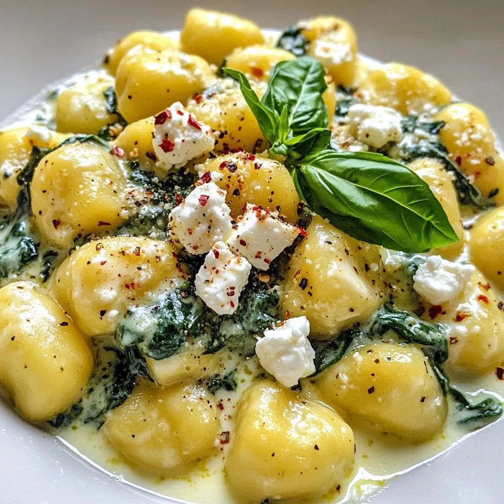 - 1 pound potato gnocchi - 2 tablespoons olive oil - 3 cloves garlic, minced - 4 cups fresh spinach, roughly chopped - 1 cup heavy cream - 1/2 cup crumbled feta cheese I love using potato gnocchi for this recipe. It has a tender texture that pairs perfectly with the creamy sauce. The olive oil brings a nice richness. I always use fresh garlic because it adds a big flavor boost. Spinach is my go-to green, as it wilts nicely and adds color. Heavy cream creates that luscious sauce. Finally, crumbled feta cheese gives a tangy kick that really shines. - 1/4 teaspoon red pepper flakes - Salt and pepper to taste - Fresh basil for garnish For some heat, I like to add red pepper flakes. Just a pinch can wake up the dish! Salt and pepper are key to make all the flavors pop. Fresh basil is optional but adds a lovely touch and aroma. You can use it for garnish at the end. {{ingredient_image_1}} How to boil gnocchi properly Start by bringing a large pot of salted water to a boil. This step is key for flavor. Once the water bubbles, add the potato gnocchi. Stir gently to prevent sticking. Cook them according to the package instructions. Generally, it takes about 2-4 minutes. Signs the gnocchi is ready You'll know the gnocchi is ready when they float to the surface. This means they are cooked through. Remove them from the pot and drain well. Set them aside for later. Sautéing garlic In a large skillet, heat 2 tablespoons of olive oil over medium heat. Once hot, add 3 cloves of minced garlic. Sauté for about 30 seconds. You will smell the fragrant garlic, which adds depth to your sauce. Cooking spinach until wilted Next, add 4 cups of roughly chopped fresh spinach to the skillet. Stir it around and cook for about 2-3 minutes. The spinach should wilt down nicely. This brings a vibrant green color and fresh taste to your dish. Creating the creamy sauce Now, reduce the heat to low. Pour in 1 cup of heavy cream. Stir well to combine. Let it simmer for 2-3 minutes. The sauce should thicken slightly, which creates a rich texture. Adding cooked gnocchi and feta Add the drained gnocchi back into the skillet. Toss them gently to coat with the creamy sauce. Then, fold in 1/2 cup of crumbled feta cheese. For an extra kick, you can season with red pepper flakes, salt, and pepper to taste. Heat through for one more minute before serving. To get the right sauce, you may want to adjust its thickness. If it seems too thin, let it simmer longer. If it's too thick, add a bit of water or more cream to loosen it up. For flavor, try adding salt, pepper, or a pinch of nutmeg. A squeeze of lemon juice can also brighten the taste. To avoid mushy gnocchi, do not overcook it. Gnocchi should float to the top when it’s ready. Use a large pot to give them space to move. This prevents sticking and helps them cook evenly. Always salt the water; this gives flavor from the start. For a nice touch, garnish with fresh basil leaves. This adds color and a fresh flavor. If you want something different, try a sprinkle of red pepper flakes or some extra feta. These can enhance the taste and make your dish pop visually. Pro Tips Perfectly Cooked Gnocchi: To achieve the best texture, ensure you don’t overcook the gnocchi. They are ready once they float to the surface of the boiling water. Fresh Spinach Substitute: If you don’t have fresh spinach, you can use frozen spinach. Just make sure to thaw and drain it thoroughly before adding it to the skillet. Enhance Flavor with Herbs: For an extra layer of flavor, consider adding fresh herbs like thyme or oregano along with the spinach. Storing Leftovers: Store any leftovers in an airtight container in the fridge for up to 2 days. Reheat gently on the stove with a splash of cream to revive the sauce. {{image_2}} You can easily change some ingredients in this creamy gnocchi dish. For greens, try using kale or arugula instead of spinach. These options add a different taste and boost nutrients. For cheese, consider using parmesan or goat cheese. Each brings its unique flavor, making your meal special. Want to make this dish heartier? Adding protein is a great choice. You can include chicken, shrimp, or tofu. Cook the protein separately and mix it into the creamy sauce with the gnocchi. This way, you enhance the dish while keeping it balanced and delicious. Looking for a vegan option? Replace the heavy cream with coconut milk. This gives a rich texture while keeping it plant-based. For cheese, look for vegan cheese alternatives. These swaps allow everyone to enjoy creamy gnocchi without dairy. To keep your creamy gnocchi fresh, store leftovers in the fridge. Use an airtight container. This helps prevent spills and keeps flavors intact. Make sure to refrigerate them within two hours of cooking. This keeps harmful bacteria at bay. The gnocchi will last up to three days in the fridge. To reheat gnocchi, I recommend using the stovetop. This method keeps the gnocchi soft and creamy. Heat a bit of olive oil in a pan. Add the gnocchi and a splash of cream. Stir gently for a few minutes. If you use the microwave, be careful. Heat in short bursts. Stir in between to keep them from becoming tough. If you want to freeze gnocchi, follow these steps: - Cook the gnocchi as you normally would. - Drain and let them cool completely. - Spread them on a baking sheet in a single layer. - Freeze them for about an hour. - Once frozen, transfer the gnocchi to a freezer bag. - Remove as much air as possible before sealing. Frozen gnocchi can last for up to three months. To thaw frozen gnocchi, simply place them in the fridge overnight. You can also cook them directly from frozen. Just add a minute or two to the cooking time. This keeps their texture nice. Enjoy your creamy gnocchi, even after freezing! Yes, you can use frozen gnocchi. Frozen gnocchi is convenient and easy to prepare. Here are some tips for cooking frozen gnocchi: - Do not thaw: Cook it straight from the freezer. - Boil water: Bring a pot of salted water to a boil. - Cook time: Add frozen gnocchi and cook for 3-5 minutes. - Check for floaters: When gnocchi floats, it’s ready to eat. Creamy gnocchi pairs well with many side dishes. Here are some tasty options: - Garlic bread: Crunchy and buttery, it’s a great match. - Side salad: A fresh salad can balance the creamy dish. - Roasted vegetables: Carrots, zucchini, or bell peppers add color and flavor. - Grilled chicken: For extra protein, serve with grilled chicken. Gnocchi cooks quickly, so watch it closely. Here are signs of doneness: - Floating: When gnocchi floats to the top, it’s usually done. - Cooking time: Follow package instructions for exact timing, usually 2-4 minutes. - Texture check: It should feel soft but not mushy when you taste it. This blog post covered all the basics of making creamy gnocchi. We discussed key ingredients like potato gnocchi, garlic, and feta. I shared easy cooking steps and valuable tips to make sure your dish is perfect. You can also explore variations with different greens or cheeses. Don't forget about storage and reheating tips for leftovers. You now have everything to make this tasty dish. Enjoy your cooking and savor your delicious results!