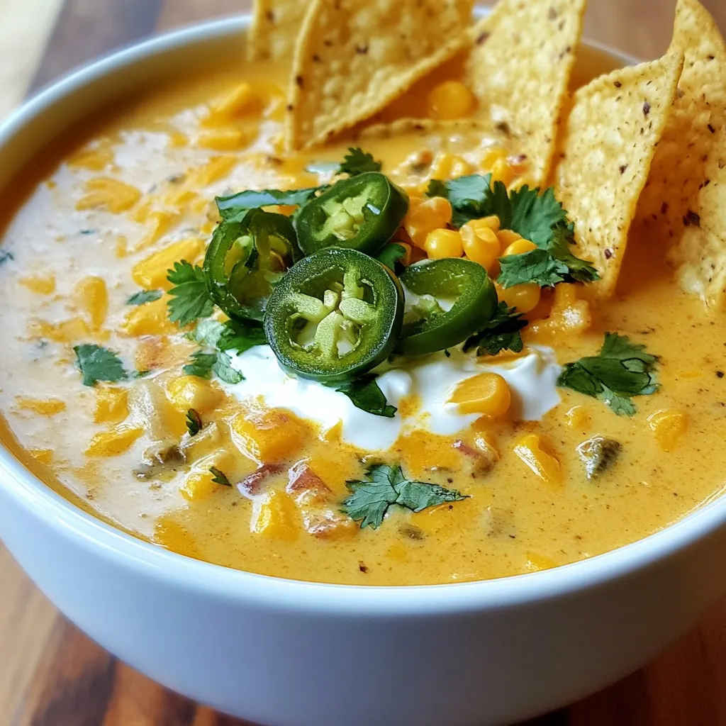 - Olive oil - Diced onion - Minced garlic - Diced jalapeño - Black beans - Corn - Chicken or vegetable broth - Diced tomatoes with green chilies - Taco seasoning - Shredded cheddar cheese - Sour cream - Tortilla chips - Fresh cilantro - Salt and pepper These ingredients create a rich and tasty Loaded Nacho Soup. Each item adds a unique flavor. Olive oil gives a nice base to cook the onion. The onion softens and sweetens, while garlic adds a strong taste. A jalapeño adds heat, but you can remove the seeds to make it milder. Black beans and corn provide texture and protein. The broth makes the soup warm and comforting. Diced tomatoes with green chilies bring a fresh and tangy taste. Taco seasoning unites the flavors with its bold spices. As you finish the soup, add shredded cheddar cheese and sour cream. They make the soup creamy and rich. The tortilla chips add crunch on top. Fresh cilantro gives a bright finish. Adjust salt and pepper to your liking. This mix creates a delicious soup that feels like a warm hug. {{ingredient_image_1}} 1. Start by heating 1 tablespoon of olive oil in a large pot over medium heat. 2. Once the oil is hot, add 1 small diced onion. Sauté for about 4-5 minutes until the onion is soft. 3. Next, add 2 cloves of minced garlic and 1 diced jalapeño. Stir them for 1-2 minutes. This will make your kitchen smell amazing! 1. Now, stir in 1 can of drained and rinsed black beans and 1 can of drained corn. 2. Pour in 2 cups of chicken or vegetable broth. This adds depth to your soup. 3. Add 1 can of diced tomatoes with green chilies. Then, sprinkle in 1 tablespoon of taco seasoning. Mix everything well and bring it to a simmer. 1. Let the soup cook for 10-12 minutes. This allows the flavors to mix and meld. 2. After simmering, reduce the heat to low. Stir in 1 cup of shredded cheddar cheese and 1 cup of sour cream. Keep stirring until everything is melted and creamy. 3. Taste your soup and add salt and pepper as needed. Serve it hot in bowls, topped with extra cheese, a dollop of sour cream, tortilla chips, and chopped cilantro. Enjoy! For a vegan or vegetarian twist, swap chicken broth with vegetable broth. Use plant-based cheese to keep it dairy-free. You can also add more veggies, like bell peppers or zucchini, for extra texture and flavor. Perfecting the sauté is key. Cook the onion until it's soft and golden. This adds a rich flavor. When you add garlic and jalapeño, stir them for a minute or two. This will bring out their aromas. To achieve the desired soup consistency, simmer the soup long enough. If it’s too thick, add a bit more broth. If it’s too thin, let it cook longer. Stir often to blend all the flavors. The best toppings for Loaded Nacho Soup include extra cheese, a dollop of sour cream, and crispy tortilla chips. Chopped cilantro adds a fresh kick. You can also try sliced jalapeños for more heat. Pair this soup with sides like a simple salad or guacamole. A light beer or soda goes well, too. Enjoying your soup with these sides makes for a perfect meal. Pro Tips Adjust the Heat: If you prefer a milder soup, remove all seeds and membranes from the jalapeño, or substitute with a milder pepper like a green bell pepper. Mix Up the Toppings: Enhance the flavor by adding toppings like diced avocado, sliced jalapeños, or pickled red onions for an extra layer of taste. Make it Vegan: To keep this soup plant-based, use vegetable broth and substitute the sour cream and cheese with dairy-free alternatives. Batch Cooking: This soup freezes well! Make a double batch and freeze half for a quick and easy meal later on. {{image_2}} To make your soup spicy, add more heat. You can use extra jalapeños or add diced serrano peppers. If you want even more flavor, try using a dash of hot sauce. Choose peppers based on your taste. For a fun twist, add chipotle peppers for a smoky kick. Remember, the heat level is up to you! Cheese makes everything better! You can use different kinds of cheese. Try Monterey Jack or pepper jack for a nice twist. Layering flavors works great here. Use cream cheese to make the soup creamy. Mix in some queso for a cheesy explosion. Don't forget to add more cheese on top for a melty finish. For a meat-free option, omit the chicken broth. Use vegetable broth instead. This soup still has lots of flavor! Add more vegetables like bell peppers, zucchini, or even spinach. You can also throw in some avocado for creaminess. This way, you keep it hearty and delicious without meat. To store leftover Loaded Nacho Soup, let it cool first. Pour the soup into an airtight container. Make sure to close the lid tightly. This helps keep it fresh. Store the soup in the fridge for up to three days. When you are ready to reheat, pour the soup into a pot. Heat it over medium heat. Stir it often to stop it from burning. If it seems too thick, add a splash of broth or water to loosen it. You can also microwave it in a microwave-safe bowl. Cover it with a paper towel to prevent splatters. Freezing Loaded Nacho Soup is a great way to save some for later. Start by letting the soup cool completely. Then, transfer it into freezer-safe bags or containers. Remove as much air as possible before sealing. This prevents freezer burn. You can freeze the soup for up to three months. To defrost, place the soup in the fridge overnight. If you need it fast, you can use the microwave. Once defrosted, reheat it in a pot over medium heat. Add a little broth or water if needed. Stir until hot. You can enjoy your tasty soup again! Loaded Nacho Soup lasts about 3 to 4 days in the fridge. Store it in an airtight container. This soup keeps its flavor and texture well during this time. Always check for any signs of spoilage before eating. Yes, you can make Loaded Nacho Soup in advance. This dish is great for meal prep. Just cook it, let it cool, and store it in the fridge. You can also freeze it for up to 2 months. If you freeze it, thaw it overnight in the fridge before reheating. You can serve Loaded Nacho Soup with several tasty options. Tortilla chips are a must for crunch. You might also enjoy it with fresh guacamole or a simple salad. For drinks, a cold soda or a light beer pairs well too. In this article, we explored how to make delicious Loaded Nacho Soup, from essential ingredients to serving tips. You learned about preparing the base with sautéed onion, garlic, and jalapeño. We also shared techniques for combining flavors and ideas for variations, like vegetarian or spicy options. Remember, you can store leftovers easily and enjoy them later. Enjoy this fun and tasty soup with friends or family. Dive into your next cooking adventure with Loaded Nacho Soup!