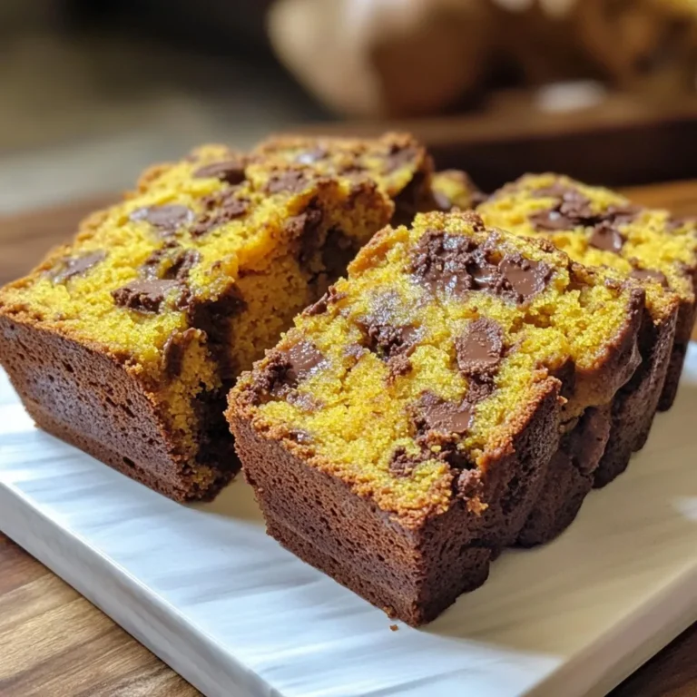 When making chocolate chip pumpkin bread, you need a few key ingredients. Here’s what you’ll need: - 1 cup canned pumpkin puree - 1/2 cup vegetable oil - 1/2 cup brown sugar - 1/2 cup granulated sugar - 3 large eggs - 1 teaspoon vanilla extract - 2 cups all-purpose flour - 1 teaspoon baking soda - 1 teaspoon baking powder - 1 teaspoon ground cinnamon - 1/2 teaspoon ground nutmeg - 1/2 teaspoon salt - 1 cup semi-sweet chocolate chips - 1/2 cup pecans or walnuts (optional) Each ingredient plays a role in creating the perfect loaf. The canned pumpkin puree gives the bread its rich flavor and moist texture. Vegetable oil adds softness. Brown and granulated sugars sweeten and enhance the bread’s taste. Eggs provide structure and richness, while vanilla adds depth. The flour forms the base, and baking soda and baking powder help it rise. Spices like cinnamon and nutmeg bring warmth and flavor. Chocolate chips create delightful bursts of sweetness, and nuts add crunch if you choose to include them. Each bite offers a mix of flavors that celebrate fall. {{ingredient_image_1}} - Preheat oven to 350°F (175°C). - Grease a 9x5 inch loaf pan. Start by warming your oven. This step is key to getting a nice loaf. Greasing the pan helps the bread slide out easily after baking. Use a little oil or cooking spray to coat the inside. - Combine pumpkin puree, oils, and sugars. - Incorporate eggs and vanilla extract. In a large bowl, mix the pumpkin puree, vegetable oil, brown sugar, and granulated sugar. Stir until smooth. Then add the eggs one by one, mixing well after each. Finally, stir in the vanilla extract, which adds a lovely flavor. - Mix flour, baking soda, baking powder, and spices. In another bowl, combine the flour, baking soda, baking powder, ground cinnamon, ground nutmeg, and salt. This mixture gives your bread a warm, spiced taste. Make sure to blend well so the leavening agents distribute evenly. - Fold dry mix into wet ingredients. - Add chocolate chips and nuts (if using). Now it’s time to mix! Gently fold the dry mix into the wet ingredients. Be careful not to overmix. This keeps your bread soft and fluffy. Then, fold in the chocolate chips and nuts, if you like. They add a nice crunch and sweetness. - Pour batter into prepared pan. - Bake for 55-65 minutes. Pour the batter into your greased pan. Smooth the top with a spatula. Place the pan in the oven and bake for 55 to 65 minutes. Check with a toothpick. If it comes out clean, your bread is ready. - Let bread cool in the pan for 10 minutes. - Transfer to a wire rack to cool completely. After baking, let the bread cool in the pan for about 10 minutes. This step helps it set. Then, transfer it to a wire rack. Allow it to cool completely before slicing. Enjoy the delicious aroma filling your kitchen! To make the best chocolate chip pumpkin bread, avoid overmixing the batter. When you mix too much, the bread can become tough. Stir gently until all ingredients are just combined. This helps keep your loaf tender and soft. Always check for doneness with a toothpick. Insert it into the center of the loaf. If it comes out clean, your bread is ready! Slice the bread into thick, generous pieces for serving. This makes each slice look inviting and hearty. You can also serve each slice on a rustic wooden board for style. Top with a dollop of whipped cream cheese. This adds a rich flavor that complements the bread perfectly. A sprinkle of cinnamon on top adds a lovely aroma that invites everyone to dig in! If you prefer gluten-free options, try using gluten-free flour. Many blends work well and keep the bread moist. Just follow the same measurements. You can also adjust sweeteners based on your taste. Use honey or maple syrup instead of sugar. Keep in mind that this may change the bread's texture slightly, but it will still taste great! Pro Tips Use Fresh Spices: Always use fresh ground spices for the best flavor. If you have whole spices, grind them just before use to maximize their potency. Check for Doneness: Insert a toothpick into the center of the bread. If it comes out clean or with a few moist crumbs, your bread is ready! Cool Completely: Allow the bread to cool completely before slicing. This helps to maintain its structure and prevents it from becoming gummy. Storage Tips: Wrap the bread in plastic wrap and store it at room temperature for up to 3 days, or freeze it for longer storage. Thaw before serving. {{image_2}} You can make this bread a bit healthier. First, swap the vegetable oil with unsweetened applesauce. This change cuts the fat and adds moisture. You won’t lose any taste. Next, consider reducing the sugar. You can use natural sweeteners like honey or maple syrup. This keeps the sweetness while being a bit better for you. Get creative with your spices! Add ground ginger or cloves for a warm kick. These spices pair well with pumpkin. You can also mix in dried fruits like cranberries or raisins. They add chewiness and a burst of flavor. Each bite becomes a surprise! Want to make mini versions? Adjust your baking time. Bake for about 25-30 minutes instead of 55-65 minutes. Keep an eye on them. A toothpick should come out clean when done. For serving, think about two mini loaves per person. This makes for a fun and easy snack! To keep your chocolate chip pumpkin bread fresh, store it at room temperature. Place it in an airtight container. This helps keep the bread moist and tasty for a few days. If you don't have a container, wrap it tightly in plastic wrap. For long-term storage, freezing works well. First, let the bread cool completely. Wrap it tightly in plastic wrap, then in aluminum foil. This prevents freezer burn. You can freeze the bread for up to three months. When you're ready to enjoy it, take it out and let it thaw at room temperature. For quicker thawing, you can also use the microwave, but be careful not to overheat. When reheating leftovers, set your oven to 350°F (175°C). Warm the bread for about 10-15 minutes. This helps revive the flavors and textures. Watch for signs of spoilage, like mold or an off smell. If you notice any, it's best to toss the bread. Remember, fresh bread has a sweet, rich aroma that makes it so delightful! Yes, you can use fresh pumpkin! Just cook and puree it. Aim for 1 cup of fresh puree. Fresh can add a nice taste. It may also be a bit wetter than canned. So, adjust your flour slightly if needed. You can store chocolate chip pumpkin bread for about 3 to 5 days. Keep it in an airtight container at room temperature. This will help it stay moist. If you want to keep it longer, consider freezing it. Yes, you can leave out the nuts. The bread will still taste great without them. If you prefer a nut-free version, just skip that step. The chocolate chips provide enough flavor and texture. You can use applesauce or mashed banana instead of eggs. Use 1/4 cup of either for each egg. This will help bind the bread. You can also try flaxseed meal mixed with water as a substitute. Yes, chocolate chip pumpkin bread freezes well! Wrap it tightly in plastic wrap and foil. This helps keep out air and prevents freezer burn. It can last up to 3 months in the freezer. When you're ready, thaw it in the fridge overnight. In this article, we covered how to make chocolate chip pumpkin bread from start to finish. I shared the key ingredients, step-by-step instructions, and tips for perfecting your loaf. Remember, you can customize this recipe with different spices or add-ins to match your taste. Storing it properly ensures you enjoy this treat longer. With these insights, you are ready to bake a delicious loaf that your friends and family will love. Now it's time to gather your ingredients and get cooking!