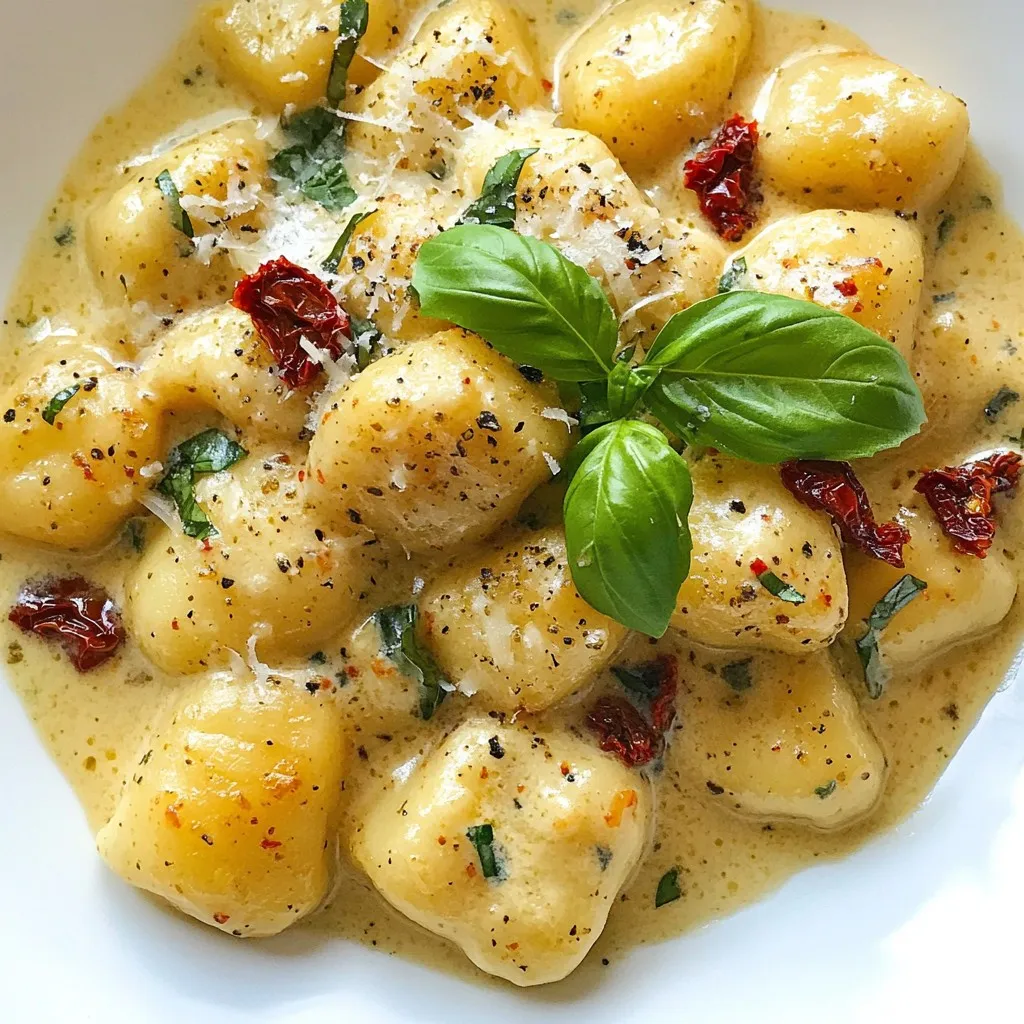 - 1 pound potato gnocchi - 1 cup sun-dried tomatoes, packed in oil, drained and chopped - 1 cup heavy cream - 1/2 cup grated Parmesan cheese - 2 cloves garlic, minced - 1 tablespoon olive oil - 1 teaspoon dried Italian herbs (oregano, basil, thyme) - Salt and pepper to taste - Fresh basil leaves for garnish Potato gnocchi gives this dish a soft, pillowy texture. You can find it fresh or frozen in stores. Sun-dried tomatoes add a rich, tangy flavor. Choose the kind packed in oil for extra taste. Heavy cream creates a luscious sauce that coats the gnocchi. If you want a lighter version, you can use half-and-half. Grated Parmesan cheese adds a salty kick and depth to the sauce. Garlic brings aromatic warmth, so don’t skip it! Olive oil helps sauté the garlic and tomatoes, enhancing their flavors. Use dried Italian herbs for a blend of classic tastes. Adjust salt and pepper to your liking for a flavorful finish. Finally, fresh basil leaves add color and a fresh hint when served. {{ingredient_image_1}} First, fill a large pot with water and add salt. Bring it to a boil. Add 1 pound of potato gnocchi to the boiling water. Cook them for about 2-3 minutes. You know they are done when they float to the top. Once cooked, drain the gnocchi and set them aside. Next, grab a large skillet and heat 1 tablespoon of olive oil over medium heat. Add 2 cloves of minced garlic and sauté for about 1 minute. You want to smell the garlic, not burn it! Then, add 1 cup of chopped sun-dried tomatoes and 1 teaspoon of dried Italian herbs. Cook for another 2-3 minutes to blend the flavors. Now, lower the heat and pour in 1 cup of heavy cream. Stir well and let it simmer gently. Gradually mix in 1/2 cup of grated Parmesan cheese. Stir until the sauce becomes smooth and creamy. Now, it’s time to bring it all together! Add the cooked gnocchi into the creamy sauce. Toss gently to coat each piece. Allow it to heat for an additional 2 minutes. Taste and add salt and pepper as needed. Serve hot, and don’t forget to garnish with fresh basil leaves for extra flavor and color. Enjoy your meal! To get the best gnocchi, start with good quality potato gnocchi. They should feel soft but firm. Cook them in salted boiling water. Watch for them to float, which means they are done. Drain them gently to keep their shape. Overcooking can make them mushy. If you want extra texture, try pan-frying them for a few minutes after boiling. This adds a nice crispness. Sun-dried tomatoes pack a punch of flavor. To boost this dish, add more herbs. Fresh basil adds brightness. Try adding a pinch of red pepper flakes for heat. A splash of lemon juice at the end adds freshness. You can also mix in cooked spinach or mushrooms. These add both flavor and nutrition. One mistake is not salting the water for the gnocchi. This adds flavor right from the start. Another common error is rushing the sauce. Let the garlic and sun-dried tomatoes cook long enough to blend their flavors. If the sauce is too thick, add a bit of pasta water. This helps it coat the gnocchi better. Lastly, don’t skip the garnish. Fresh basil not only looks nice but also lifts the dish’s taste. Pro Tips Use Fresh Ingredients: Opt for high-quality sun-dried tomatoes and fresh basil to enhance the overall flavor of the dish. Customize the Creaminess: Adjust the amount of heavy cream and Parmesan cheese to achieve your desired level of creaminess in the sauce. Gnocchi Cooking Tip: Make sure not to overcook the gnocchi; they are done when they float to the surface of the boiling water. Flavor Enhancements: Add a pinch of red pepper flakes for a subtle kick or a splash of lemon juice for brightness in the sauce. {{image_2}} You can make this dish even better by adding vegetables. Spinach, kale, or peas work well. Just add them to the skillet after you sauté the garlic. Cook them until soft, then add the sun-dried tomatoes. You get extra color, flavor, and nutrition. Broccoli or bell peppers are also great choices. Chop them small, so they cook quickly. For added protein, try chicken or shrimp. Cook the chicken in the same skillet before the garlic. Make sure it's cooked through, then remove it. Add it back in with the gnocchi. If using shrimp, add them after the garlic. Cook until they turn pink, then mix in the sun-dried tomatoes. Both options make the dish heartier. If you need a dairy-free version, swap the heavy cream for coconut cream. It gives a rich taste without dairy. Use nutritional yeast instead of Parmesan for a cheesy flavor. You can also try cashew cream for extra creaminess. Just blend soaked cashews with water until smooth. These swaps keep the dish tasty and creamy without dairy. To keep your creamy sun-dried tomato gnocchi fresh, place it in an airtight container. Store it in the fridge for up to three days. Make sure to cool it down before sealing. This helps avoid soggy gnocchi. When you're ready to eat the leftovers, reheat them gently. You can use a skillet over low heat. Add a splash of cream or water to keep the sauce smooth. Stir often to heat evenly. You can also use a microwave, but cover the dish to avoid drying it out. If you want to freeze the gnocchi, it’s best to do so before adding the sauce. Place cooked gnocchi on a baking sheet in a single layer. Freeze for a few hours until solid. Then, transfer to a freezer bag. You can thaw and cook it later. If you freeze the gnocchi with sauce, use it within a month for the best taste. I recommend using potato gnocchi. They have a soft texture that pairs well with the creamy sauce. Look for fresh or frozen types for the best taste. Store-bought gnocchi works too. Just follow the cooking time on the package. Yes, you can use fresh sun-dried tomatoes. They add a bright flavor, but they will need more cooking time. Chop them finely and sauté them a bit longer to enhance their taste. This way, they will blend well with the creamy sauce. To make this dish gluten-free, use gluten-free gnocchi. Many brands offer options made from rice or potatoes. Always check the label to ensure it is certified gluten-free. The rest of the ingredients are already gluten-free, making it simple to adapt. You can prepare the sauce ahead of time. Store it in the fridge for up to three days. When ready to serve, reheat the sauce and add cooked gnocchi. This keeps the gnocchi soft and avoids overcooking them. You learned how to make delicious creamy sun-dried tomato gnocchi. We covered the right ingredients and how to cook them step by step. I shared tips for the perfect texture and added flavor. I also gave ideas for variations and proper storage methods. This dish is easy and fun to make at home. You don’t need to be an expert to enjoy great food. Enjoy your cooking and share your tasty results!
