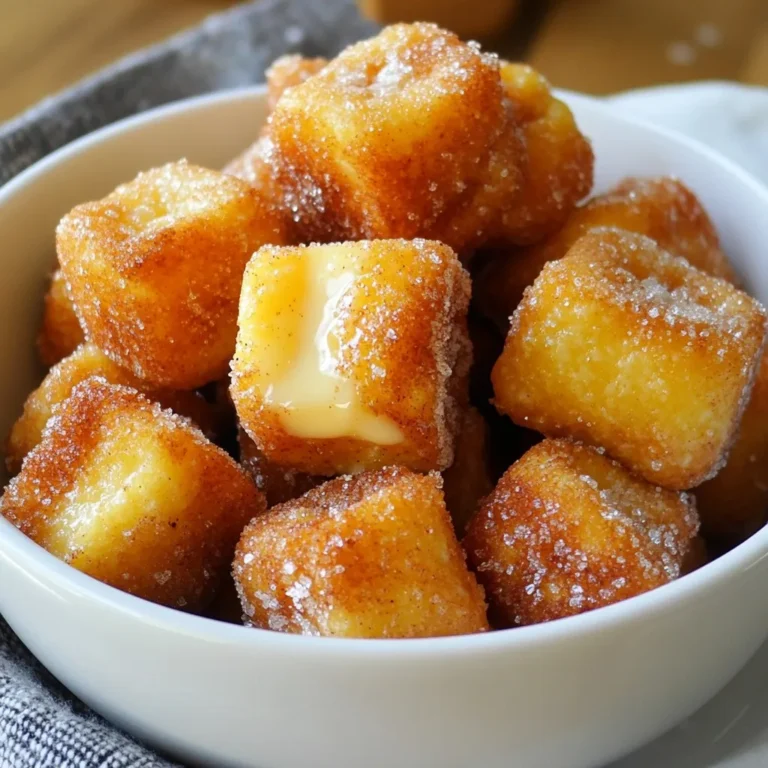 To make delicious cinnamon sugar pretzel bites, gather these ingredients. Each plays a key role in creating the perfect snack. - 1 ½ cups warm water (110°F to 115°F) - 2 tablespoons granulated sugar - 1 packet (2 ¼ teaspoons) active dry yeast - 4 cups all-purpose flour - 1 teaspoon salt - ½ cup baking soda (for boiling) - ½ cup unsalted butter, melted - ½ cup granulated sugar (for coating) - 1 tablespoon ground cinnamon - Pinch of salt (for coating) These ingredients blend together to form soft, chewy bites. The warm water activates the yeast, making the dough rise. Sugar adds sweetness, while salt enhances the flavor. Baking soda gives pretzel bites their classic texture when boiled. Butter, cinnamon, and sugar create that irresistible coating. Each ingredient matters, so measure carefully for the best results. {{ingredient_image_1}} First, grab a mixing bowl. Pour in 1 ½ cups of warm water. Make sure it’s between 110°F and 115°F. Add 2 tablespoons of granulated sugar. Next, sprinkle in 1 packet of active dry yeast. Stir gently, then let it sit for 5-10 minutes. You want to see it froth up. This shows the yeast is alive and ready. In a large bowl, mix 4 cups of all-purpose flour with 1 teaspoon of salt. Once your yeast mixture is frothy, add it to the flour mix. Stir until a dough forms. Now, place the dough on a floured surface. Knead it for about 5-7 minutes. You want it smooth and elastic. After kneading, place it in a greased bowl. Cover it with a damp cloth and let it rise for about 1 hour. It should double in size. While the dough rises, preheat your oven to 425°F. Line a baking sheet with parchment paper. In a large pot, bring 8 cups of water to a boil. Add ½ cup of baking soda to the water. This step is key for making soft pretzels. Once the dough has risen, punch it down. Turn it out onto a floured surface. Roll it into a long rope about 1 inch thick. Cut it into 1-inch pieces. Drop 6-8 pieces into the boiling water for 30 seconds. Use a slotted spoon to remove them and place them on the baking sheet. In a separate bowl, mix ½ cup of granulated sugar, 1 tablespoon of ground cinnamon, and a pinch of salt. Brush the boiled pretzel bites with ½ cup of melted butter. Sprinkle the cinnamon-sugar mixture generously over them. Bake in the oven for 12-15 minutes. Look for a golden brown color. Once done, let them cool slightly before serving. To make great pretzel bites, kneading is key. Kneading helps develop gluten. This makes your dough strong and elastic. Aim for about 5 to 7 minutes of kneading. You want the dough to feel smooth and soft. After kneading, rise the dough in a warm spot. Cover it with a damp cloth. Let it sit for about an hour. The dough should double in size. This gives it the fluffy texture we love. Boiling the pretzel bites is important. It gives them that classic pretzel texture. Boil the bites for exactly 30 seconds. This timing helps create a chewy outside. The baking soda in the water also affects color and flavor. It gives the pretzels a beautiful golden brown finish. Skipping this step will change the taste and texture. For dipping, try melted chocolate or cream cheese. These options add a tasty twist. You can also serve them with a sweet glaze. Presentation matters, too! Serve the pretzel bites warm in a wooden bowl. A sprinkle of cinnamon sugar on top makes them look nice. This also hints at the yummy flavor inside. Pro Tips Use Warm Water: Ensure the water temperature is between 110°F to 115°F to activate the yeast properly, helping your pretzel bites to rise beautifully. Knead Thoroughly: Knead the dough for 5-7 minutes until it’s smooth and elastic. This develops the gluten, which gives the pretzels their classic chewy texture. Boil for Flavor: The baking soda bath is crucial for achieving that authentic pretzel flavor and golden-brown color. Don’t skip this step! Serve Fresh: Pretzel bites are best enjoyed warm right out of the oven. If you have leftovers, reheat them briefly in the oven for the best taste. {{image_2}} To make gluten-free pretzel bites, swap out regular flour for gluten-free options. You can use almond flour or a gluten-free all-purpose blend. Make sure the blend contains xanthan gum to help the dough stick together. Adjust the liquid as needed, since gluten-free flours absorb moisture differently. Start with the same water amount, then add more if the dough feels too dry. For vegan pretzel bites, replace the butter with plant-based margarine or coconut oil. Use coconut sugar or maple syrup instead of regular sugar to keep it plant-based. For the egg, substitute with 1 tablespoon of ground flaxseed mixed with 2.5 tablespoons of water. Let it sit until it thickens. This will help bind the dough just like an egg does. You can add fun flavors to your pretzel bites. Mix spices like nutmeg or ginger into the dough for a unique twist. For toppings, try adding chocolate chips or crushed nuts. If you want a savory option, sprinkle some garlic powder or grated cheese on top before baking. These small changes can turn a simple snack into a gourmet treat! To keep your cinnamon sugar pretzel bites fresh, store them in an airtight container. Make sure they are completely cool before sealing. This will help prevent moisture and keep them tasty. You can also wrap them in plastic wrap for extra protection. Store them in the fridge for up to three days. When it comes to reheating, the oven works best. Preheat the oven to 350°F (175°C). Place the pretzel bites on a baking sheet and heat for about 5-10 minutes. This method keeps them soft and warm. The microwave is quicker but can make them chewy. If you must use the microwave, heat them for about 15-20 seconds at a time. To freeze pretzel bites, let them cool completely first. Then, place them in a single layer on a baking sheet. Freeze them for about an hour until solid. After that, transfer the bites to a freezer-safe bag. They will keep well for up to three months. For thawing, just leave them in the fridge overnight. Reheat them in the oven or microwave after thawing. This way, they taste fresh and delicious even after freezing. Yes, you can use instant yeast. Instant yeast works faster than active dry yeast. You do not need to proof it in water. Just mix it directly with the flour. Use the same amount, about 2 ¼ teaspoons. This swap makes the process quicker. These pretzel bites stay fresh for about 2 to 3 days. Store them in an airtight container. Keep them at room temperature. If you want them to last longer, refrigerate them. They may lose some softness when stored this way. You can skip boiling, but I don’t recommend it. Boiling gives pretzels their classic chewy texture. It also adds a nice shine to the crust. Without boiling, the bites may turn out softer and less flavorful. Many sauces pair well with pretzel bites. Here are a few popular options: - Cheese sauce: Melted cheddar is a classic. - Mustard: Both yellow and honey mustard work well. - Chocolate: For a sweet twist, try melted chocolate. - Cream cheese: Whipped cream cheese is smooth and tasty. Check for a golden brown color. The bites should feel firm and slightly crisp. If you tap them, they should sound hollow. Baking usually takes about 12 to 15 minutes at 425°F. Always keep an eye on them to avoid burning. In this article, we covered the key ingredients and steps for making cinnamon sugar pretzel bites. You learned how to activate yeast, create the dough, boil for texture, and bake to perfection. We also explored tips for great results, variations for different diets, and storage methods. Enjoying these bites fresh or with dipping sauces enhances their taste. Remember, with practice, you’ll master these treats in no time. Happy baking!