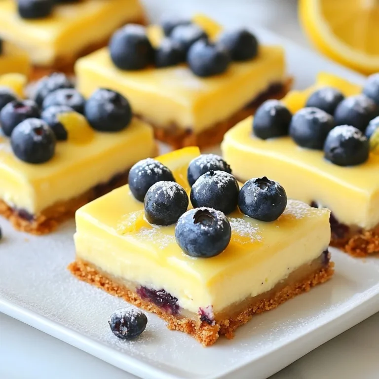 - 1 ½ cups graham cracker crumbs - ½ cup unsalted butter, melted - 2 tablespoons granulated sugar - 16 oz cream cheese, softened - 1 cup granulated sugar - 2 large eggs - 1 teaspoon vanilla extract - Zest of 1 lemon - ¼ cup fresh lemon juice - 1 cup fresh blueberries - 1 tablespoon cornstarch - Powdered sugar for dusting (optional) Gather these ingredients before you start. The graham cracker crumbs make a tasty base. Melt the butter to mix with the crumbs. The sugar helps sweeten the crust and filling. For the filling, cream cheese is key for the rich texture. The eggs add structure and help it set. The lemon zest and juice give a bright flavor. Fresh blueberries add bursts of sweetness. Tossing them with cornstarch helps keep them from sinking. You can dust the bars with powdered sugar for a nice finish. Remember, fresh ingredients make a big difference. {{ingredient_image_1}} Start by preheating your oven to 325°F (160°C). This step is key for even baking. Next, grab a 9x9-inch baking pan. Grease it well, then line it with parchment paper. Let the paper hang over the sides. This makes it easy to pull out the bars later. In a medium bowl, mix 1 ½ cups of graham cracker crumbs, ½ cup of melted unsalted butter, and 2 tablespoons of granulated sugar. Stir until the crumbs are coated. Press this mixture firmly into the bottom of your prepared pan. This layer creates a great base. Bake the crust for 10 minutes, then take it out and let it cool slightly. In a large bowl, beat 16 oz of softened cream cheese with 1 cup of granulated sugar. Use an electric mixer and mix until smooth, about 2 minutes. Add in 2 large eggs, one at a time, mixing well after each. Then, stir in 1 teaspoon of vanilla extract, the zest of 1 lemon, and ¼ cup of fresh lemon juice. Blend until everything is mixed nicely. In a small bowl, toss 1 cup of fresh blueberries with 1 tablespoon of cornstarch. This helps keep the berries from sinking. Gently fold the blueberries into your cheesecake mixture. Be careful not to mash them. Pour the cheesecake filling over the cooled crust. Spread it out evenly. Place the pan back in the oven. Bake for 35 to 40 minutes. You want the center to be set but not cracked. Check it carefully to make sure it’s just right. Once baked, take the pan out and let it cool at room temperature. After it cools, put it in the fridge for at least 3 hours. This helps it set properly. When it's chilled, lift the bars out using the parchment paper. Slice into squares or rectangles. For a nice touch, dust with powdered sugar before serving. Enjoy your delicious lemon blueberry cheesecake bars! To get the best texture for your cheesecake bars, follow these tips: - Use softened cream cheese: Make sure it is at room temperature. This helps it mix smoothly. - Mix gently: When adding blueberries, fold them in gently. This keeps them whole and pretty. - Don’t overmix: Mix just until combined to avoid a dense texture. - Check the baking time: Every oven is different. Start checking at 35 minutes. Here are some common pitfalls and how to steer clear of them: - Too high heat: Baking at too high a temperature makes the top crack. Stick to 325°F. - Skipping the cooling: Letting the bars cool at room temp before chilling helps set them properly. - Forgetting the parchment: Not using parchment paper makes it hard to lift the bars out. Always line your pan. - Slicing too soon: Cut the bars only after they are fully chilled for clean slices. These cheesecake bars are tasty on their own, but here are some fun ideas: - Add fresh fruit: Top the bars with more fresh blueberries or sliced strawberries. - Pair with whipped cream: A dollop of whipped cream makes them extra special. - Drizzle with lemon glaze: A simple glaze of lemon juice and powdered sugar adds a nice touch. - Serve with tea or coffee: These bars pair well with a hot cup of tea or coffee for dessert. Enjoy making your Lemon Blueberry Cheesecake Bars! Pro Tips Use Room Temperature Cream Cheese: Ensure your cream cheese is at room temperature to avoid lumps in your cheesecake filling, resulting in a smoother texture. Don't Overmix: When adding the eggs, mix just until incorporated. Overmixing can introduce too much air, which may cause cracks in your cheesecake. Let It Chill: Allow the bars to chill for at least 3 hours before slicing. This helps them set properly and makes cutting easier. Fresh Blueberries are Best: Use fresh blueberries for the best flavor and texture. Frozen blueberries may release more moisture, affecting the consistency of your bars. {{image_2}} You can change the fruits in these bars to make them your own. Instead of blueberries, try raspberries or strawberries. They add a fun twist. You can also use peaches or cherries for a summer treat. For a tropical flavor, consider adding mango or pineapple. You can mix flavors too! A mix of lemon and lime gives a zesty kick. If you need gluten-free treats, swap the graham cracker crumbs with gluten-free options. Look for gluten-free graham crackers or almond flour as a base. Mix almond flour with melted butter and sugar for a tasty crust. This way, everyone can enjoy these cheesecake bars without worry. Want to make these bars vegan? It’s easy! Replace cream cheese with a vegan cream cheese option. You can also use silken tofu blended until smooth. Instead of eggs, try using flaxseed meal. Mix 1 tablespoon of flaxseed with 2.5 tablespoons of water to replace one egg. This keeps your bars creamy and delicious! To keep your lemon blueberry cheesecake bars fresh, store them in the fridge. First, let them cool completely at room temperature. Then, cover them tightly with plastic wrap or store them in an airtight container. This will help keep them moist and tasty. They will stay fresh in the fridge for about 5 to 7 days. Freezing your cheesecake bars is simple. First, slice the bars into squares. Then, wrap each piece in plastic wrap. Place the wrapped bars in a freezer-safe bag or container. This way, they won't stick together. When you want to enjoy them, take out the bars and let them thaw in the fridge overnight. They will taste almost as good as fresh! Lemon blueberry cheesecake bars can last in the fridge for up to 7 days. If frozen, they can last for up to 3 months. To keep their flavor and texture, avoid leaving them out at room temperature for too long. Always store them properly to enjoy their creamy and tangy goodness! To check if your cheesecake bars are done, look for a few signs. The edges should be slightly puffed. The center will look set, not jiggly. You can gently shake the pan. If it jiggles slightly in the middle, it needs more time. Let them bake for an extra few minutes if needed. Remember, they will firm up as they cool. Yes, you can use frozen blueberries! They work well in this recipe. Just toss them with cornstarch before adding them to the mix. This helps keep them from sinking. Frozen blueberries may release more juice, but they still taste great. You won't lose any flavor, and your bars will still be delicious. If you need a cream cheese substitute, try using Greek yogurt or ricotta cheese. They both add a nice creaminess. You can also use vegan cream cheese for a dairy-free option. Each choice will change the taste slightly, but they will still be tasty. Just make sure to adjust the sweetness as needed. In this post, I shared how to make delicious cheesecake bars with fresh blueberries. We went through the key ingredients, easy steps, and helpful tips to avoid common mistakes. I also provided storage advice and answered your burning questions. These cheesecake bars are a delightful treat, perfect for any occasion. Remember, small tweaks can lead to big flavors. Enjoy experimenting with this recipe and impressing your friends and family!